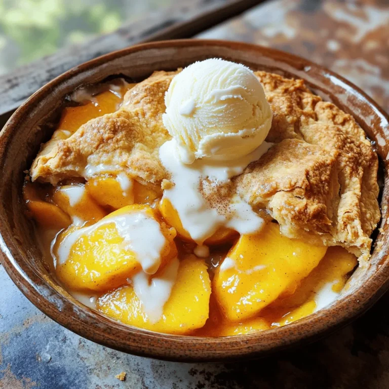 - 4 cups fresh peaches - 1/4 cup granulated sugar - 1 teaspoon vanilla extract - 1 cup all-purpose flour - 1 tablespoon baking powder - 1/2 teaspoon salt - 1 teaspoon ground cinnamon - 1/4 cup brown sugar - 1 cup milk - 1/2 cup unsalted butter - 1 tablespoon lemon juice I love using fresh peaches for this cobbler. They give a sweet and juicy flavor. Choose ripe peaches for the best taste. You need about four cups of sliced peaches. A little sugar helps bring out their natural sweetness. The vanilla adds a nice touch. Next, we have the dry ingredients. All-purpose flour forms the base for the batter. Baking powder helps it rise and become fluffy. Salt brings out the flavors, while cinnamon adds warmth. Brown sugar gives a rich depth to the taste. Don’t forget the essentials! Milk makes the batter creamy. Unsalted butter adds richness and flavor. A splash of lemon juice brightens the dish and balances the sweetness. If you want the full recipe, check out the Sunny Peach Bliss Cobbler . It is straightforward and fun to make! Begin by peeling and slicing 4 cups of fresh peaches. Place them in a large bowl. Add 1/4 cup of granulated sugar, 1 teaspoon of vanilla extract, and 1 tablespoon of lemon juice. Toss the peaches gently. This lets the flavors mix well and draws out the peach juices. In another bowl, combine 1 cup of all-purpose flour, 1 tablespoon of baking powder, 1/2 teaspoon of salt, 1 teaspoon of ground cinnamon, and 1/4 cup of brown sugar. Whisk these dry ingredients together well. Then, stir in 1 cup of milk. Mix until the batter is smooth and thick. Pour 1/2 cup of melted unsalted butter into a 9x13 inch baking dish. Make sure the bottom is well coated. Next, pour the batter over the melted butter. Do not mix. Spoon the peach mixture evenly over the top of the batter. Again, do not stir. This will help create that delicious layer when it bakes. Preheat your oven to 375°F (190°C). Bake the cobbler for 35-40 minutes. Look for a golden brown top. To check if it’s done, insert a toothpick into the batter. If it comes out clean, your cobbler is ready. Let it cool for about 10 minutes before you serve it. Enjoy! When choosing peaches, look for firm fruit that has a nice color. The best peaches have a sweet aroma. Avoid any that feel too soft or have dark spots. These signs show overripeness. If the skin has a slight give, it’s likely perfect for your cobbler. Fresh, ripe peaches will give your dish a bright flavor. I love serving fresh peach cobbler warm from the oven. A scoop of vanilla ice cream on top is perfect. The cold ice cream melts into the warm cobbler. Whipped cream is another great choice. You can also sprinkle a bit of cinnamon on top for extra flavor. These toppings make the dish feel special. To avoid a soggy bottom crust, follow a few tips. First, make sure to pour the batter over the melted butter without mixing. This helps create a crispy crust. Second, don’t stir the peaches into the batter. Let the layers remain separate as they bake. Lastly, bake until the top is golden brown. This gives you a nice, firm texture. Enjoy every bite of your sunny peach bliss! For the complete recipe, check out the Full Recipe section. {{image_2}} You can swap out peaches for other fruits. Nectarines work well since they taste similar. Berries, like blueberries or raspberries, also make a great choice. Each fruit gives a new spin on the classic cobbler. Mixing fruits can add fun flavors, too. Try using a combo of peaches and berries for a colorful twist. Adding extra flavors can elevate your cobbler. Chopped nuts, like pecans or almonds, add crunch. A dash of nutmeg can add warmth. You might want to try a splash of almond extract for a unique taste. Each add-in can change the flavor and texture. Feel free to get creative with what you enjoy! If you need a gluten-free version, don’t worry. You can use almond flour or a gluten-free baking mix instead of regular flour. These swaps can keep the cobbler light and delicious. Just follow the same steps in the Full Recipe. Your friends and family won’t even know it’s gluten-free! To keep your peach cobbler fresh in the fridge, let it cool first. Once cool, cover it tightly with plastic wrap or aluminum foil. You can also use an airtight container. This keeps the cobbler from drying out. It will stay good for about 3 to 4 days in the fridge. If you want to enjoy it later, freezing is a great option. Freezing is easy and keeps your cobbler tasty. First, let it cool completely. Then, cut it into portions. Wrap each piece in plastic wrap, then place them in a freezer-safe bag. Make sure to press out any air before sealing. When you want to eat it, thaw it in the fridge overnight. Reheat in the oven at 350°F (175°C) for about 20 minutes. This will help restore its warmth and texture. For short-term storage, use glass or plastic containers with tight lids. They keep moisture in and flavors fresh. For long-term storage, opt for freezer-safe bags or containers. These prevent freezer burn and keep the cobbler safe. Always label your containers with the date so you know when to enjoy them. Yes, you can use canned peaches. They save time and are easy to find. However, fresh peaches have a better taste and texture. Canned peaches can be mushy and too sweet. If you choose canned, look for ones in juice, not syrup. Drain them well before using to avoid excess liquid in your cobbler. Your cobbler is done when it is golden brown on top. You can also check with a toothpick. Insert it into the batter; if it comes out clean, your cobbler is ready. The edges will also pull away from the dish. Let it cool for a few minutes before serving. Fresh peach cobbler tastes great with vanilla ice cream. You can also serve it with whipped cream for a lighter touch. Other options include yogurt or a dollop of crème fraîche. Pair it with a cup of coffee or tea for a delightful dessert experience. This blog post showed how to make a delicious peach cobbler. We covered key ingredients, from fresh peaches to dry components and essential items. I shared step-by-step instructions to guide your process. Also, we explored tips for choosing ripe peaches and ways to serve and store your cobbler. Remember, you can customize this dessert with different fruits or adapt it for gluten-free diets. Enjoy making this treat and share it with friends and family; they will love it!