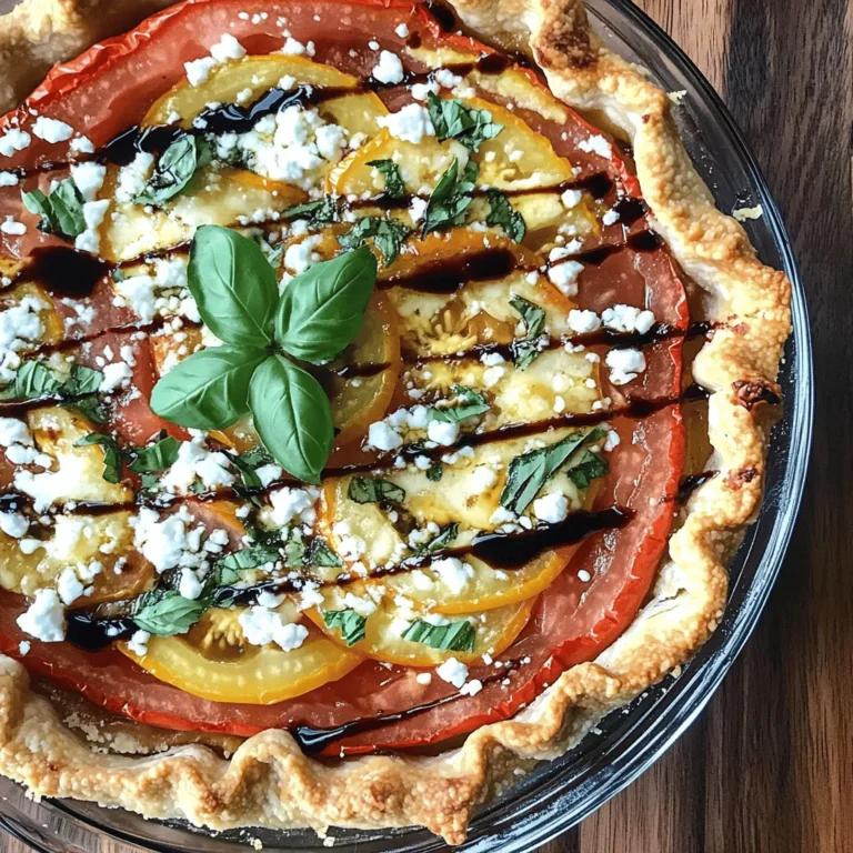To make the Crispy Tomato Pie, start with fresh tomatoes. You need: - 2 cups fresh tomatoes, sliced - 1 cup fresh basil leaves, chopped Fresh tomatoes give the pie a bright flavor. Use ripe, juicy ones for the best taste. Basil adds a nice herbal note and freshness. Cheese plays a big role in this dish. For this recipe, you will use: - 1 cup shredded mozzarella cheese - ½ cup crumbled feta cheese Mozzarella melts beautifully, creating a creamy texture. Feta adds a salty kick that balances the sweetness of the tomatoes. You can mix different cheeses too, if you like. The dry mix is the base of the pie. Gather these items: - 1 cup flour - ½ cup cornmeal - 1 teaspoon baking powder - ½ teaspoon salt - ½ teaspoon black pepper - 1 tablespoon garlic powder - Zest of 1 lemon This blend gives the pie its crispy crust. The cornmeal adds crunch, while the garlic and lemon zest enhance the overall flavor. Don't forget to whisk them well to combine! For the full recipe, follow the detailed steps and enjoy making this delightful dish. First, set your oven to 400°F (200°C). This heat helps make the crust crispy. Grease a 9-inch pie dish or a cast-iron skillet with olive oil. This step stops the pie from sticking. In a mixing bowl, combine flour, cornmeal, baking powder, salt, black pepper, and garlic powder. Use a whisk to blend these dry ingredients well. This mix gives the pie a great base. Take another bowl, and mix olive oil, buttermilk, and lemon zest. Stir until these wet ingredients blend smoothly together. This mix adds moisture and flavor to the pie. Slowly pour the wet mix into the bowl with dry ingredients. Stir until just combined. The batter will be thick and lumpy. Spread this batter evenly in the prepared dish. Smooth the top with a spatula. Now, layer the sliced tomatoes on top of the batter. Make sure the tomatoes cover the crust completely. Next, sprinkle shredded mozzarella and crumbled feta cheese over the tomatoes. Finish by adding the chopped basil. Bake in the oven for 25-30 minutes. Keep an eye on it. The crust should be golden brown, and the cheese should bubble. Once done, take the pie out and let it cool for about 10 minutes. Drizzle balsamic glaze on top just before serving to enhance the flavor. This process turns fresh ingredients into a crispy delight that you will love. For the complete recipe, check the Full Recipe section. To get a crispy crust, use a cast-iron skillet. The heat from cast iron helps crisp the bottom. Preheat the skillet in the oven before adding the batter. This step gives the crust a good start. Mix cornmeal into the dough for added crunch. It makes a big difference in texture. Also, don't forget to spread the batter evenly. An even layer helps it cook well. To elevate the taste, use fresh herbs like basil. I love adding lemon zest for a bright kick. You can also experiment with different cheeses. A mix of mozzarella and feta gives a nice balance. If you want extra flavor, sprinkle some red pepper flakes on top. Drizzling balsamic glaze just before serving adds a sweet touch. These little tweaks make the pie pop with flavor. One common mistake is using too many wet ingredients. This can make the crust soggy. Stick to the right amounts in the recipe. Another mistake is not letting the pie cool before slicing. If you cut too soon, it may fall apart. Lastly, avoid overcrowding the pie with toppings. Too many toppings can weigh it down. Stick to the recipe for the best results. {{image_2}} You can change the cheese in your crispy tomato pie. Try using gouda or cheddar for a bolder taste. Both melt well and add creaminess. If you want a sharp flavor, consider aged provolone. For a lighter option, use ricotta or cottage cheese. These cheeses can give a nice twist to the pie. Adding protein boosts the flavor and makes the dish heartier. Cooked bacon or sausage crumbles work great. They add a smoky taste that pairs well with tomatoes. If you prefer a healthier option, try cooked chicken or turkey. For a vegetarian choice, add chickpeas or lentils. These options can make your pie more filling. Herbs and spices can change the flavor profile of your pie. Instead of basil, use oregano or thyme for a different taste. These herbs bring their own unique flavors to the dish. You can also add a pinch of red pepper flakes for some heat. Experiment with fresh herbs like parsley or dill to find your favorite combination. Store any leftover crispy tomato pie in an airtight container. Place it in the fridge. This keeps it fresh for about 3 to 4 days. If you want to keep it longer, consider freezing it. You can freeze crispy tomato pie for up to 3 months. First, let it cool completely. Wrap it tightly in plastic wrap, then in aluminum foil. This prevents freezer burn. When ready to eat, you can thaw it overnight in the fridge. To reheat, preheat your oven to 350°F (175°C). Place the pie in a baking dish. Cover it with foil to keep it moist. Bake for about 20 minutes or until heated through. You can also microwave individual slices for 1 to 2 minutes. However, the oven keeps the crust crispy best. For more details, check the Full Recipe. Yes, you can use canned tomatoes. Make sure to drain them well. Canned tomatoes can add a nice, juicy flavor. However, fresh tomatoes give a better texture and taste. If you use canned, choose high-quality ones for the best flavor. Crispy Tomato Pie pairs well with many sides. Here are some ideas: - A fresh green salad - Garlic bread or breadsticks - Roasted vegetables - A light soup, like tomato or minestrone These sides bring out the dish’s flavors and add balance to your meal. Absolutely! To make this recipe gluten-free, swap the regular flour for a gluten-free blend. Many blends work well in baking. Just ensure the blend you choose can hold moisture. This way, you keep the pie’s lovely texture and taste. You learned about making a Crispy Tomato Pie, from fresh ingredients to cooking tips. We covered the best cheese choices and how to craft the perfect crust. I shared ways to add flavor and avoid mistakes. You can also explore variations and storage options for leftovers. Remember, follow the steps closely for great results. Enjoy your cooking journey and share this pie with family and friends!