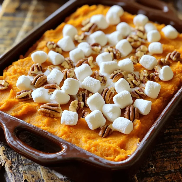 To create a delicious sweet potato casserole, you'll need the following key ingredients: - 4 medium sweet potatoes, peeled and cubed - 1/2 cup brown sugar - 1/4 cup unsalted butter, melted - 1/2 cup milk - 1 teaspoon vanilla extract - 1/2 teaspoon ground cinnamon - 1/4 teaspoon nutmeg - 1 cup mini marshmallows - 1/2 cup chopped pecans (optional) These ingredients form the base of your casserole. The sweet potatoes provide a creamy texture. The brown sugar adds sweetness, while the butter makes everything rich and smooth. Cinnamon and nutmeg give it that warm, cozy flavor we love. If you want to add your twist, consider these optional ingredients: - Use maple syrup instead of brown sugar for a deeper flavor. - Substitute almond milk for a dairy-free version. - Add crushed ginger snaps or graham crackers on top for crunch. - Mix in some diced apples or pears for extra sweetness. These variations can give your casserole a unique touch and make it your own. To make this casserole, you need a few handy tools: - A large pot for boiling the sweet potatoes - A mixing bowl for combining ingredients - A potato masher or fork to mash the sweet potatoes - A 9x13-inch baking dish for baking - An oven for cooking Having the right tools makes cooking easier. They help you stay organized and keep your kitchen tidy. Make sure you have everything ready before you start. This way, you can enjoy making your Easy Sweet Potato Casserole. For the full recipe, check out Sweet Potato Delight Casserole. Start by peeling and cubing four medium sweet potatoes. You want them to be about the same size. This helps them cook evenly. Next, place the cubes in a large pot and cover them with water. Bring the water to a boil. Once boiling, let the sweet potatoes cook for 15 to 20 minutes. They should be tender when you poke them with a fork. After boiling, drain the sweet potatoes and let them cool for a few minutes. Now, take the cooled sweet potatoes and mash them in a mixing bowl. You want them smooth and creamy. Add in half a cup of brown sugar, a quarter cup of melted unsalted butter, and half a cup of milk. Next, mix in one teaspoon of vanilla extract, half a teaspoon of ground cinnamon, and a quarter teaspoon of nutmeg. Stir everything together until it is well combined. This mixture should be rich and flavorful. Spread the sweet potato mixture evenly in a greased 9x13-inch baking dish. Then, sprinkle one cup of mini marshmallows on top. If you like, you can add half a cup of chopped pecans for some crunch. Preheat your oven to 350°F (175°C). Bake the casserole for 25 to 30 minutes. Look for the marshmallows to turn golden brown. This indicates that it’s heated through. Once done, take it out of the oven and let it cool for a few minutes before serving. Enjoy your delicious sweet potato delight! For the complete instructions, check the Full Recipe. To make your sweet potato casserole great, watch out for a few things. First, don’t overcook the sweet potatoes. If they are too soft, they will become watery. You want them tender but firm enough to mash. Next, measure your ingredients carefully. Too much sugar can make it overly sweet, while too little can leave it bland. Lastly, don’t skip greasing the baking dish. This helps with easy serving later. Choosing the right sweet potatoes is key to success. Look for firm, smooth skin without any bruises or soft spots. The color can vary from orange to purple, but I prefer the classic orange for its sweetness. When choosing, pick medium-sized potatoes. They cook evenly and blend well in the casserole. Spices can really elevate your casserole. Ground cinnamon and nutmeg add warmth and depth. I like to add a pinch of salt, too. It brings out the natural sweetness of the potatoes. You might also try adding a bit of ginger for a spicy kick. If you want to go a step further, consider mixing in some maple syrup. It adds a rich flavor that pairs well with sweet potatoes. For the best results, start with the Full Recipe and adjust to your taste! {{image_2}} You can make a vegan sweet potato casserole by swapping a few ingredients. Instead of milk, use almond or coconut milk. Replace butter with coconut oil or vegan butter. For sweetness, maple syrup works well in place of brown sugar. These options keep the dish rich and creamy while being plant-based. To make this casserole gluten-free, simply check your labels. Most sweet potatoes are gluten-free. Use gluten-free butter or oil for the same effect. You can also choose gluten-free marshmallows. These small changes help you enjoy this dish without worry. Experimenting with toppings can take your casserole to a new level. You might try crushed graham crackers for a crunchy layer. Another fun option is adding a sprinkle of cacao nibs for a chocolate kick. If you want something savory, consider adding crumbled feta or goat cheese. Each topping brings its own flair, making your casserole special. For the complete recipe, see the Full Recipe. To keep your sweet potato casserole fresh, store it in an airtight container. Let it cool before covering. If you leave it out, it can spoil quickly. It’s best to store leftovers in the fridge for up to four days. When you're ready to enjoy leftovers, preheat your oven to 350°F (175°C). Place the casserole in an oven-safe dish. Cover it with foil to keep it moist. Heat for about 20 minutes or until it’s warm throughout. If you're in a hurry, you can use the microwave. Just heat it in short bursts, stirring in between. You can freeze sweet potato casserole for future meals. First, let it cool completely. Then, place it in a freezer-safe container. It should last for about three months. When you're ready to eat it, thaw it overnight in the fridge. After that, follow the reheating instructions. This way, you can enjoy this simple and flavorful dish anytime! For the full recipe, check out Sweet Potato Delight Casserole. Yes, you can make Sweet Potato Casserole ahead of time. Prepare the dish and cover it tightly. Store it in the fridge for up to two days. Just remember to bake it before serving. This makes meal prep easy, especially for holidays or family gatherings. You know the casserole is done when the marshmallows are golden brown. The edges should also bubble a bit. If you poke a fork into the center, it should feel hot and soft. This usually takes about 25 to 30 minutes of baking. If you want to skip marshmallows, try using chopped nuts. Pecans or walnuts give a nice crunch. You can also use coconut flakes for a sweet flavor. Another option is to add a drizzle of maple syrup on top before serving. These swaps keep the dish tasty and fun! For the full recipe, check out the Sweet Potato Delight Casserole. You’ve learned how to make an easy sweet potato casserole. We explored key ingredients, tools, and step-by-step instructions. I shared tips to avoid common mistakes and enhance flavors. You can also try vegan or gluten-free options and creative toppings. Lastly, I covered storage techniques and answered your FAQs. With this knowledge, you can prepare a delicious casserole that everyone will love. Enjoy making this dish for your next meal!