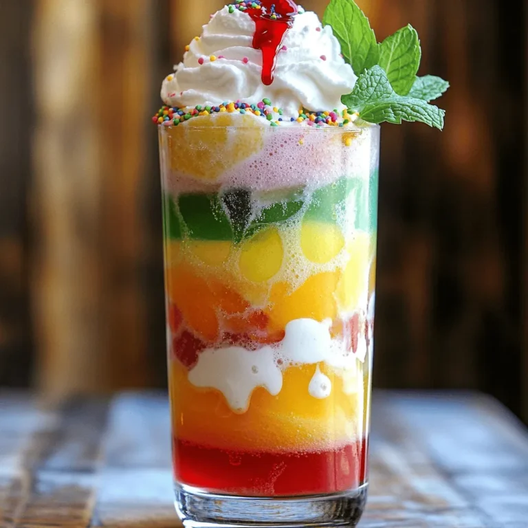 - Rainbow sherbet - Lemon-lime soda (or sparkling water) - Club soda The heart of this float is rainbow sherbet. It brings bright colors and fun flavors. You can find it in most stores. Lemon-lime soda or sparkling water gives the float a fizzy kick. Club soda adds even more bubbles. Together, they create a refreshing drink that dances on your taste buds. - Whipped cream - Colorful sprinkles - Fresh mint leaves (optional) Now, let’s talk toppings! Whipped cream makes it creamy and rich. Colorful sprinkles add a fun crunch and extra color. If you want a fresh twist, add mint leaves on top. They look great and offer a nice aroma. - Tall glass - Spoon - Straw You need a tall glass to show off your float. A spoon helps you scoop up the sherbet. And don’t forget a straw! It makes sipping easy and fun. These simple tools make your float experience even better. For the full recipe, check out the Rainbow Sherbet Soda Float section. - Step 1: Adding the first scoop of sherbet Start with a tall glass. Place one scoop of rainbow sherbet at the bottom. This bright scoop gives your float a fun start. - Step 2: Pouring in lemon-lime soda Carefully pour in lemon-lime soda until the glass is halfway full. Watch the fizzy bubbles rise! This adds a refreshing taste. - Step 3: Adding a second scoop of sherbet Next, add another scoop of sherbet on top of the soda. This creates a lovely, colorful layer that looks great! - Step 4: Pouring club soda for fizz Gently pour club soda over the sherbet. The bubbles will make it fizz and create even more layers. It’s a fun science trick! - Step 5: Drizzling grenadine syrup Now, drizzle a tablespoon of grenadine syrup into the glass. Watch as it sinks and creates a beautiful rainbow effect. This makes your float even more fun. - Step 6: Topping with whipped cream and garnishes Finally, top your float with a generous dollop of whipped cream. Add colorful sprinkles on top and a mint leaf for a nice touch. Serve this treat right away with a straw and a spoon. Enjoy your Rainbow Sherbet Soda Float! For the complete process, check out the Full Recipe. To keep the rainbow effect, layer your ingredients carefully. Start with one scoop of sherbet at the bottom. Pour the lemon-lime soda next. Wait a moment for bubbles to rise. Then, add another scoop of sherbet. This helps keep the layers distinct. Finally, pour the club soda gently on top. It should create a beautiful fizz without mixing the colors too much. To maintain fizzy consistency, use chilled soda. Warm soda can lose its bubbles fast. Also, pour slowly to avoid a big foam mess. If you want more fizz, add a little more club soda at the end. For the best presentation, use tall glasses. These show off the colorful layers well. You can also try fancy dessert glasses for a special touch. A clear cup lets everyone see the rainbow effect. Pair this float with light snacks. Think cookies or fruit. They balance the sweetness of the float. For dessert, serve a slice of cake or brownies. The flavors mix well and create a fun treat. To adjust sweetness levels, use less grenadine syrup. You can also use a lighter soda, like lemon-lime soda. This cuts back on sugar while keeping it tasty. For non-alcoholic variations, simply skip any adult drinks. Stick to soda and sherbet. Kids love this float just as much! You can even add fruit pieces. They add flavor and make it even more fun. {{image_2}} You can change the sherbet flavors to make it your own. Try orange, lime, or raspberry sherbet. Each choice gives a new taste to your float. Experiment with different soda options too. Use root beer or ginger ale for a fun twist. Each soda brings a unique fizz and flavor. If you want a vegan or dairy-free option, use coconut or almond milk-based sherbet. These taste great and keep the float creamy. For a sugar-free version, look for sugar-free sherbet and diet soda. These swaps let everyone enjoy this tasty treat without worry. Make holiday-themed floats by using colors and flavors that match the season. For Halloween, try orange sherbet with a dark soda. For summer, add fresh fruits like berries or peaches. Toss them in with the sherbet for an extra burst of flavor. Each season can bring a new spin to the classic float. After making your Rainbow Sherbet Soda Float, you might have some ingredients left. Here’s how to store them: - Rainbow Sherbet: Keep it in the freezer. Place it in an airtight container to prevent freezer burn. - Lemon-Lime Soda: Seal the bottle tightly and store it in the fridge. Use it within a week for best taste. - Club Soda: Similar to lemon-lime soda, keep it in the fridge. Use it within a few days for the best fizz. - Grenadine Syrup: Store it in a cool, dark place. It lasts for months if kept sealed. You can prepare parts of your float ahead of time: - Sherbet Scoops: Pre-scoop the rainbow sherbet and place the scoops on a tray in the freezer. This helps them hold their shape. - Soda Mix: Mix the lemon-lime soda and club soda in a pitcher. Store it in the fridge for a quick pour later. - Complete Floats: I recommend making the float fresh. However, if you must, prepare it without the soda. Add soda just before serving to keep the fizz. It’s good to know how long each ingredient lasts: - Rainbow Sherbet: It stays good for about 2-4 months in the freezer. Look for ice crystals as a sign it may be losing quality. - Lemon-Lime Soda: Once opened, it lasts about 3-5 days in the fridge. If it goes flat, it’s time to toss it. - Club Soda: Similar to lemon-lime soda, use it within a week after opening. Check for fizz; if it’s flat, don’t use it. - Grenadine Syrup: This can last 6 months or more if unopened. If it changes color or smells funny, discard it. These steps help keep your ingredients fresh and ready for your next delicious float! For the full recipe, check out the Rainbow Sherbet Soda Float section above. To make Rainbow Sherbet Soda Floats for a crowd, start with the Full Recipe. Multiply each ingredient by the number of servings you need. Use large glasses or clear plastic cups for easy serving. - Tips for scaling the recipe: - Use a large bowl for the sherbet. - Keep the soda cold for the best fizz. - Set up a float station with all ingredients. - Serving suggestions for gatherings: - Offer fun straws and colorful spoons. - Add a “build-your-own” sign for guests. - Consider themed decorations to match the rainbow vibe. Yes, you can use homemade sherbet! Making your own gives you control over flavors and sweetness. - Instructions for using homemade options: - Let your sherbet soften slightly before scooping. - Follow the same layering steps in the Full Recipe for best results. - Flavor recommendations: - Try fruity flavors like mango or raspberry. - You can mix and match for a unique twist! You can get creative with your Rainbow Sherbet Soda Floats! - Creative ideas for customizing flavors and presentations: - Use different sherbet flavors like orange or lime. - Layer the sodas for a colorful effect. - Alternative beverages to mix with sherbet: - Experiment with lemonade or fruit punch. - Sparkling iced tea can add a refreshing twist. You learned how to make a fun Rainbow Sherbet Soda Float. We covered the main ingredients, step-by-step instructions, and tips for a perfect float. You can explore variations, dietary options, and even ways to handle leftovers. Making this treat offers tasty joy for you, friends, and family. Enjoy creating!