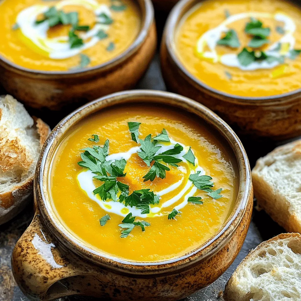 - 1 medium butternut squash, peeled, seeded, and diced - 2 tablespoons olive oil - 1 onion, chopped - 2 cloves garlic, minced - 1 carrot, diced - 4 cups vegetable broth - 1 teaspoon ground cumin - 1/2 teaspoon cinnamon - Salt and pepper to taste - 1/2 cup coconut milk (for creaminess) - Fresh parsley or cilantro for garnish The right mix of ingredients makes this roasted butternut squash soup rich and tasty. Butternut squash gives a sweet base. The onion and garlic add depth. Carrots bring more sweetness and color. The spices, like cumin and cinnamon, create warmth. Coconut milk adds creaminess without dairy. Each ingredient plays a role in making this dish comforting and flavorful. This soup is not only delicious but also healthy. Each serving has about 200 calories. It contains 8 grams of fat, mainly from olive oil and coconut milk. The soup offers 3 grams of protein, mostly from vegetables and broth. You also get fiber from the squash and carrots, which is good for digestion. Overall, it's a balanced meal that warms you up on cool days. For the full recipe, check out Cozy Roasted Butternut Squash Soup. - Step 1: Preheat oven to 400°F (200°C). - Step 2: Toss butternut squash with olive oil, salt, and pepper. First, you want to warm up your oven. This helps the squash roast perfectly. Next, cut the butternut squash into small pieces. I like to peel and seed it first. Then, in a large bowl, mix the squash with olive oil, salt, and pepper. This adds flavor and helps with roasting. Spread the squash out on a baking sheet. Make sure the pieces don’t touch. This allows them to roast nicely. - Step 3: Roast the squash for 25-30 minutes. - Step 4: Cook onions, garlic, and carrots in a pot. Now, it’s time to roast the squash! Place the baking sheet in the oven. Roast for 25-30 minutes until golden and soft. Halfway through, give the squash a stir. While it roasts, heat some olive oil in a large pot over medium heat. Add the chopped onion and cook until it turns soft and clear. This takes about five minutes. Then, stir in minced garlic and diced carrots. Cook for another 3-4 minutes until you smell the great aromas. - Step 5: Combine roasted squash with broth and spices. - Step 6: Puree the soup and add coconut milk. Once the squash is done, add it to the pot. Pour in the vegetable broth, cumin, and cinnamon. Stir everything together. Bring it to a boil, then lower the heat and let it simmer for about 10-15 minutes. After that, you’ll want to blend the soup until it’s smooth. You can use an immersion blender or a regular blender. Finally, stir in the coconut milk. This gives the soup a creamy texture. Adjust the seasoning if needed. For more details, check the Full Recipe. To enhance the flavor of your roasted butternut squash soup, try adjusting spices. You can add a pinch of nutmeg for warmth or a dash of cayenne for heat. These spices boost the taste without overpowering it. For garnishes, fresh herbs like parsley or cilantro add a bright touch. A drizzle of coconut milk creates a creamy swirl on top. You can also sprinkle roasted pumpkin seeds for crunch. Roasting vegetables is key to bringing out their natural sweetness. Make sure to cut the butternut squash into even pieces. This ensures they roast evenly. Spread them out in a single layer on the baking sheet to avoid steaming. When blending the soup, an immersion blender is best. It makes things easy and keeps your pot clean. If you use a traditional blender, be careful. Blend in small batches and let steam escape. Pair your soup with crusty bread or a fresh salad. A light green salad with lemon dressing complements the rich soup well. Serve the soup in warm bowls for a cozy feel. For a beautiful presentation, drizzle a little coconut milk on top. Add a few fresh herbs for color. This makes the dish not only tasty but also pleasing to the eye. You can find the full recipe for this delicious soup in the earlier section. {{image_2}} You can change the coconut milk for other options. Heavy cream gives a rich taste. Nut milk adds a different flavor and keeps it light. You can also switch spices to make it unique. Try adding nutmeg for warmth or ginger for a bit of zing. These swaps help you play with flavors and create your perfect dish. This soup is easy to adapt for diets. It is already vegan and gluten-free. For low-carb options, skip the carrot or use fewer potatoes. You can also use broth made from meat for added flavor. These changes help you enjoy the soup while sticking to your diet needs. Want to add more taste? You can mix in other vegetables. Sweet potatoes work well and add sweetness. You might also try carrots or parsnips for a new twist. For toppings, consider croutons for crunch or seeds for a nutty flavor. These extras make your soup fun to eat and full of texture. Check out the Full Recipe for all the details! To keep your Roasted Butternut Squash Soup fresh, store it in an airtight container. This helps prevent air from spoiling the taste. If you plan to eat it within a few days, put the container in the fridge. Make sure the soup cools down first before sealing it. For longer storage, you can freeze the soup. Pour it into freezer-safe bags or containers. Leave some space at the top since liquids expand when frozen. When it’s time to enjoy your soup again, use a pot or microwave. If using a pot, heat it on low to medium. Stir the soup often to keep it from sticking. If you prefer using a microwave, heat in short bursts. This way, you can check the temperature. Both methods help keep the soup creamy and smooth. In the fridge, your soup stays fresh for about 3 to 5 days. If you freeze it, the soup can last for up to 3 months. Remember to label your containers with the date, so you know when to use them. This way, you can enjoy your delicious Roasted Butternut Squash Soup whenever you want! For the full recipe, check the details above. You can store roasted butternut squash soup in the fridge for about four days. Make sure to keep it in an airtight container. If you freeze it, it stays good for up to three months. Yes, you can make this soup ahead of time. I often prepare it a day before serving. Just store it in the fridge and reheat it when ready to enjoy. Absolutely! You can use other squashes like acorn or pumpkin. They will change the flavor slightly but will still be tasty. Just keep the same cooking times in mind. This soup pairs well with crusty bread or a fresh salad. You can also serve it with a dollop of yogurt or a sprinkle of seeds for added crunch. To add some heat, try adding a pinch of cayenne pepper or red pepper flakes. You can also mix in some diced jalapeños or a splash of hot sauce. Adjust the spice level to your taste. For the full recipe, check the details above. In this post, we explored a simple yet delicious butternut squash soup. We discussed the key ingredients and their nutritional benefits. I shared easy steps for making the soup and tips to enhance its flavor. We also covered variations to suit different diets and preferences. Enjoying this soup can warm your day and nourish your body. Try it today and make it your own!