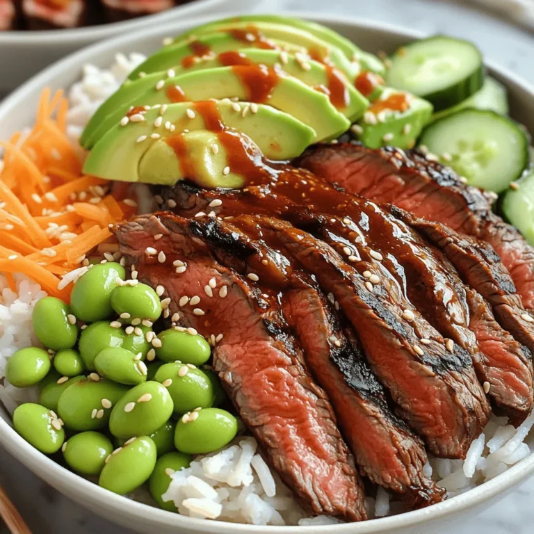 - 1 lb flank steak - 1/4 cup soy sauce - 2 tablespoons sesame oil - 2 tablespoons honey - 3 cloves garlic, minced - 1 inch piece ginger, grated - 2 green onions, chopped - 2 cups cooked jasmine rice - 1 cup cooked edamame (shelled) - 1 cup shredded carrots - 1 cucumber, thinly sliced - 1 avocado, sliced - Sriracha or gochujang (optional, for heat) When I make Korean BBQ steak bowls, I focus on fresh and vibrant ingredients. Each item plays a key role in the dish. The flank steak is rich and juicy, perfect for grilling. The soy sauce adds saltiness, while sesame oil gives a nutty flavor. Honey adds a touch of sweetness, balancing the taste. Garlic and ginger bring warmth and depth to the marinade. Green onions add freshness and a mild bite, which brightens each bite. Jasmine rice serves as a fluffy base that soaks up all the tasty juices. Edamame adds protein and a nice pop of color. Shredded carrots and cucumber bring crunch and freshness. Lastly, avocado adds creaminess, making the bowl rich and satisfying. I often sprinkle sesame seeds on top for extra crunch. If you love heat, drizzle on some sriracha or gochujang. This mix of flavors makes Korean BBQ steak bowls a fun and exciting meal. For a full recipe, check out the details above! To start, mix together the soy sauce, sesame oil, honey, minced garlic, grated ginger, and chopped green onions in a bowl. This combination gives the steak a rich flavor. You want to coat the steak well, so it soaks up all the good stuff. The marinating time is key. Letting the steak sit in the marinade for at least 30 minutes helps the flavors sink in. For even better taste, try to marinate for up to 4 hours. This longer time really makes a difference. Next, preheat your grill or grill pan to medium-high heat. This step ensures that the steak cooks evenly. Remove the steak from the marinade and let any extra marinade drip off. Discard the marinade to keep things safe. Now, grill the steak for about 5-7 minutes on each side. Check for doneness by using a meat thermometer. You want it to reach 135°F for medium-rare. Once done, let it rest for 5 minutes before slicing. This resting time keeps the juices locked in. Now, it’s time to put everything together. Start with a base layer of cooked jasmine rice in each bowl. This soft rice will soak up all the great flavors. Then, layer the sliced steak on top. Add in cooked edamame, shredded carrots, thinly sliced cucumber, and avocado. Finish it off by sprinkling sesame seeds over each bowl. If you like a little heat, drizzle some Sriracha or gochujang on top. Your Korean BBQ steak bowls are now ready to enjoy! For the full recipe, check out the details above. For your marinade, you might want to swap soy sauce with tamari or coconut aminos. These options are great for those who need gluten-free choices. If you don’t have honey, try using maple syrup or brown sugar. They will add a nice sweetness, too. To make the flavors pop, add spices like black pepper, chili flakes, or sesame seeds. Garlic powder or onion powder also boosts the taste. Mix these spices into your marinade for a tasty kick. When grilling, I recommend using a gas or charcoal grill. Both types bring out great flavor. Make sure your grill is hot before adding the steak. This helps create those perfect grill marks that everyone loves. Control the heat by adjusting the grill to medium-high. This way, you get a nice sear without burning the meat. If the flames flare up, move the steak to a cooler part of the grill for even cooking. Serving your Korean BBQ steak bowls is where you can get creative! Use colorful bowls to make your meal eye-catching. Start with a layer of jasmine rice, then add the sliced steak and veggies on top. For garnish, sprinkle sesame seeds and chopped green onions over the bowls. You can also add a slice of avocado and a few edamame for bright color. This not only makes the bowls look great but also adds fresh taste. Check out the Full Recipe for more details on assembling your meal! {{image_2}} You can switch up your protein in Korean BBQ steak bowls. If you want something other than flank steak, try chicken, tofu, or pork. Each option brings its unique taste. Just remember, the cooking time might change. For chicken, marinate for about 30 minutes and grill until cooked through. For tofu, press it to remove water. Then, marinate and grill for a nice char. For pork, a shoulder or tenderloin works well. Adjust the marination time to suit these proteins. If you prefer plant-based meals, you have great choices. Substituting meat with ingredients like tempeh or chickpeas can be delicious. Tempeh has a nutty flavor and absorbs marinades well. Just slice it, marinate, and grill it like steak. Chickpeas add protein and a nice texture. You can roast them with spices for extra crunch. These swaps keep the meal tasty and satisfying. Feel free to get creative with sauces. If you want a twist, try teriyaki or peanut sauce. These sauces can change the entire flavor. Just drizzle them over the steak or veggies for a new taste. Also, don’t forget to add seasonal vegetables. Fresh bell peppers, zucchini, or asparagus can brighten your bowl. Mix and match to find your favorite combinations. To keep your Korean BBQ Steak Bowls fresh, store leftovers in an airtight container. Place them in the refrigerator. They will stay good for up to three days. Make sure the rice and steak cool down before sealing the container. This helps avoid sogginess and keeps flavors intact. You can freeze assembled bowls for up to three months. To do this, layer the ingredients in freezer-safe containers. Leave out fresh toppings like avocado and cucumber. They do not freeze well. When ready to eat, let the bowls thaw overnight in the fridge. For reheating, you have two main options: the microwave or the stovetop. If you use the microwave, heat in short bursts. Stir between each burst to avoid hot spots. For stovetop reheating, place the bowl over low heat. Add a splash of water to keep it moist. Heat until everything is warm without losing texture. Enjoy your meal just like the first time! You can add heat in a few ways. First, use more Sriracha or gochujang in your bowls. Both sauces bring flavor and spice. Second, add chopped fresh chili peppers or red pepper flakes to the marinade. This method will add heat to the steak. Lastly, try using spicy sesame oil if you want an extra kick. Yes, you can easily prep this dish ahead. Marinate the steak the night before and store it in the fridge. This lets the flavors soak in well. You can also cook the rice and veggies ahead of time. Just keep them in separate containers in the fridge. Assemble the bowls when you are ready to eat. This makes it quick for busy days. You can find these ingredients at Asian grocery stores near you. Look for stores that specialize in Korean food. They usually stock soy sauce, sesame oil, and gochujang. If you can't find a local store, check online retailers like Amazon or specialty food sites. They often have a good selection of Korean BBQ products. If you want a change from jasmine rice, try using brown rice for more fiber. Quinoa is a great option too, as it adds protein. For a fun twist, use rice noodles or even cauliflower rice for a low-carb choice. Each option brings its own unique flavor and texture to your bowl. In this blog post, we explored the tasty world of Korean BBQ steak bowls. We covered the key ingredients, from flank steak to fresh veggies. I shared step-by-step instructions for marinating and grilling. You learned tips to enhance flavor and presentation. We also discussed variations with different proteins and storage tips. These bowls are not just delicious; they’re also fun and easy to make. Enjoy experimenting with your ingredients and enjoy every bite!