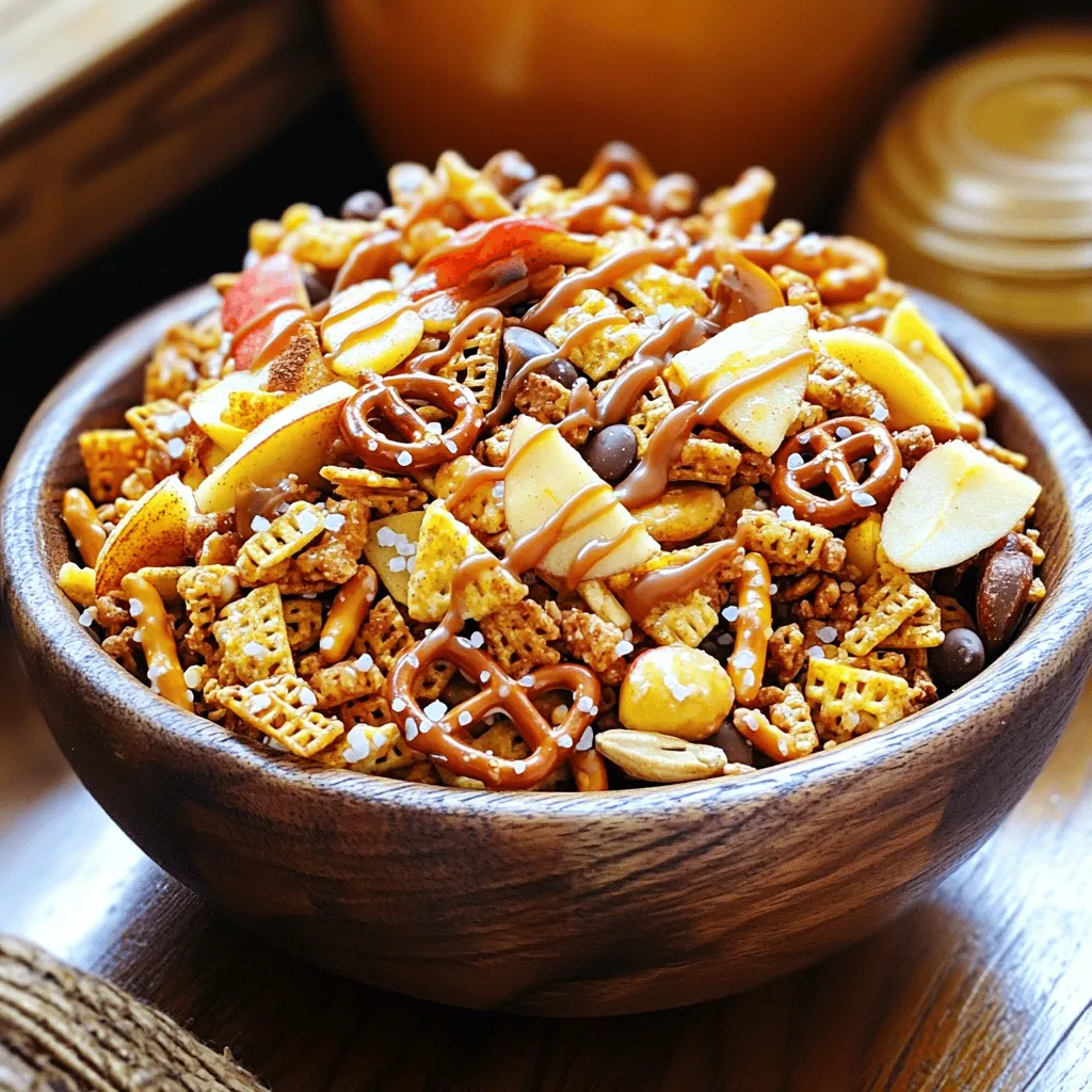 To make this tasty treat, you'll need: - 2 cups apple cinnamon cereal - 1 cup pretzel sticks - 1 cup mixed nuts (almonds, walnuts, pecans) - 1 cup popcorn (popped) - 1 cup caramel sauce - ½ teaspoon cinnamon - ½ teaspoon sea salt - 1 cup diced dried apples - ½ cup mini chocolate chips (optional) The recipe is simple and flexible. If you want to change the nuts, you can. Use your favorite or what you have. You can swap the apple cinnamon cereal for regular cereal. That will change the flavor a bit, but it can still taste great. If you want a lighter mix, try using less caramel sauce. You can also use a sugar-free version. Choose fresh nuts. Check for a good crunch and no odd smells. For the cereal, make sure it’s crisp. Look for dried apples without added sugar. They should be chewy but not too hard. If you pick popcorn, go for plain or lightly salted. This mix is all about balance, so get good quality ingredients. Gather all your ingredients first. This makes cooking easier and more fun. You need: - 2 cups apple cinnamon cereal - 1 cup pretzel sticks - 1 cup mixed nuts (almonds, walnuts, pecans) - 1 cup popcorn (popped) - 1 cup caramel sauce - ½ teaspoon cinnamon - ½ teaspoon sea salt - 1 cup diced dried apples - ½ cup mini chocolate chips (optional) Make sure the popcorn is freshly popped. You can use the microwave or stove. If you want to save time, buy pre-popped popcorn. Check your nuts for any shells. You want them clean and ready. Start by preheating your oven to 200°F (95°C). This low heat helps the caramel mix well. In a big mixing bowl, toss together the apple cinnamon cereal, pretzel sticks, mixed nuts, popcorn, and diced dried apples. Next, pour the caramel sauce over the mix. Be sure to cover everything evenly. Sprinkle the cinnamon and sea salt on top. Gently stir the mix to coat it all. Now, spread the mixture on a large baking sheet lined with parchment paper. This stops it from sticking. Bake in the oven for 30 minutes. Stir every 10 minutes. This keeps the mix coated and tasty. When the time is up, take it out and let it cool completely. The caramel will harden as it cools. If you want a sweet kick, add mini chocolate chips after it cools. For the best mix, bake at a low temp. High heat can burn the caramel. Stir often while baking to keep it from sticking. If it feels too soft, it might need more time. Just keep an eye on it! Store the mix in an airtight container after it cools. This keeps it fresh and crunchy. You can enjoy your tasty snack for up to one week. For the full recipe, check back for details! To get a great caramel coating, you want to use warm caramel sauce. Heat it gently until it flows easily. Drizzle it evenly over the snack mix. This ensures all bits stick together well. If you find it too thick, add a splash of water. Stir it in until smooth. A fine coating keeps the mix crispy. Serve your Caramel Apple Snack Mix in clear bowls. This lets the colors shine. Pair it with fresh apple slices or a scoop of vanilla ice cream. You can even add a sprinkle of cinnamon on top. For a fun twist, try serving it at parties. Guests will love munching on this sweet and salty blend. You will need a large mixing bowl for your ingredients. A spatula or wooden spoon helps mix everything well. Use a baking sheet lined with parchment paper for easy cleanup. A measuring cup and spoons help get your portions right. A cooling rack is handy for letting the mix cool evenly. You can find all these tools in most kitchens. For the complete recipe, check out the Full Recipe section. {{image_2}} You can change up your Caramel Apple Snack Mix easily. Try adding dried cranberries for a tart kick. Swap the mixed nuts for seeds like pumpkin or sunflower. You could also use pretzel bites instead of sticks for a different crunch. For a chocolate twist, sprinkle in some mini M&Ms. The key is to mix flavors you enjoy. If you want a healthier snack, consider sugar-free caramel sauce. You can also use air-popped popcorn to cut extra fat. Replace the nuts with roasted chickpeas for added protein and crunch. You might even try whole grain cereal for more fiber. These changes keep the fun while making it a bit lighter. You can make this mix fit any holiday. For Halloween, add candy corn or pumpkin spice. During Thanksgiving, mix in some pecans and dried cranberries. For Christmas, consider using peppermint-flavored chocolate chips. These small twists make your snack mix festive and fun. You can enjoy this treat all year round with these easy changes! For the full recipe, check out the complete guide above. To keep your Caramel Apple Snack Mix fresh, store it in an airtight container. Make sure the container is dry before adding the mix. Avoid using bags, as air can get in and make it stale. If you want to keep it longer, consider using vacuum-sealed bags. This will help keep the flavors strong. When stored correctly, your snack mix stays fresh for up to one week. After that, you may notice a change in taste and texture. If you see any signs of moisture or a change in smell, it's best to toss it out. Freshness matters for enjoyment! If you want to enjoy your snack mix warm, reheat it in the oven. Set your oven to 200°F (95°C) and spread the mix on a baking sheet. Heat it for about 5 to 10 minutes. This will help restore the crunch of the pretzels and nuts. Remember, do not microwave it, as that can make it chewy instead of crispy. Enjoy your delightful snack mix! Yes, you can make Caramel Apple Snack Mix ahead of time. This mix tastes great when made a day or two in advance. Just wait until it cools completely before storing it. This helps the flavors blend well. Caramel Apple Snack Mix stays fresh for up to one week. Store it in an airtight container to keep it crunchy. If you notice it getting soft, it might be time to toss it out. If you don't have caramel sauce, there are tasty swaps. You can use melted chocolate or peanut butter. Honey or maple syrup also works well. Each option gives a unique flavor to the snack mix. In this blog post, we covered everything you need to make Caramel Apple Snack Mix. We explored each ingredient and shared many tips for choosing the best ones. I provided clear steps for preparation and cooking. You learned ways to perfect the caramel coating and how to store the mix for freshness. This snack is fun and easy to make. With a few simple changes, you can enjoy different flavors. I hope you try this recipe and make it your own!