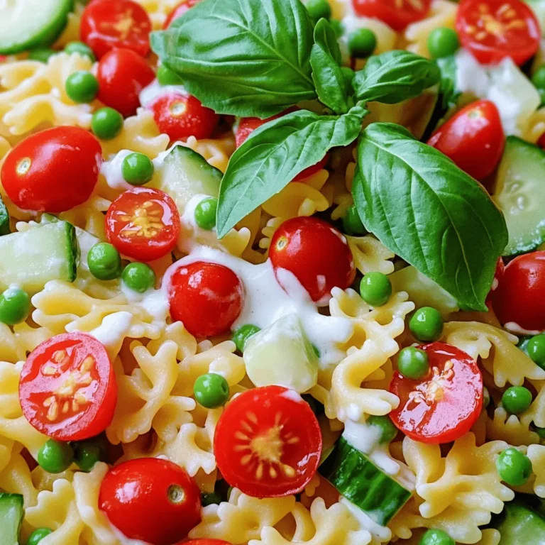 - 1 cup ditalini pasta - 1/2 cup cherry tomatoes, halved - 1/2 cucumber, diced - 1/4 red onion, finely chopped - 1/2 cup frozen peas, thawed - 1/2 cup mozzarella balls, halved - 1/4 cup black olives, sliced - 1/2 cup Greek yogurt - 2 tablespoons mayonnaise - 1 tablespoon Dijon mustard - 1 tablespoon apple cider vinegar - 1 teaspoon dried oregano - Salt and pepper to taste - Fresh basil leaves for garnish The heart of my creamy ditalini pasta salad lies in its fresh and vibrant ingredients. I start with ditalini pasta, a small, tube-shaped pasta that holds the dressing well. This pasta cooks quickly and adds a fun bite to the salad. Next, I toss in fresh vegetables like halved cherry tomatoes, diced cucumber, and finely chopped red onion. These ingredients give the salad a colorful look and a refreshing crunch. To make the salad creamy, I mix Greek yogurt, mayonnaise, and Dijon mustard. This combination creates a tangy and rich dressing that clings to every piece of pasta. A splash of apple cider vinegar adds a nice zing, while dried oregano brings depth to the flavor. I finish with salt and pepper to taste, making sure every bite is delicious. The fresh basil leaves on top not only look great but also add a burst of flavor. - Different cheeses (feta, cheddar) - Additional proteins (chicken, tuna) - Other veggies (bell peppers, carrots) Customization is key to making this dish your own. If you love cheese, try adding feta or cheddar for extra creaminess and flavor. For protein, grilled chicken or tuna adds heartiness to the salad. You can also mix in other veggies like bell peppers or carrots for added nutrition and color. The beauty of this salad is that you can adjust it to fit your taste. For the full recipe, check out the detailed cooking instructions! To start, cook the ditalini pasta according to the package instructions. Usually, this takes about 8-10 minutes. You want it to be al dente, which means it should be firm but not hard. Once done, drain the pasta and rinse it under cold water. This stops the cooking and cools the pasta down quickly. In a large mixing bowl, combine the cooked ditalini pasta with fresh veggies. Add halved cherry tomatoes, diced cucumber, finely chopped red onion, thawed peas, mozzarella balls, and sliced olives. These ingredients bring color and crunch to the salad. Next, prepare the dressing in a separate small bowl. Mix Greek yogurt, mayonnaise, Dijon mustard, apple cider vinegar, dried oregano, salt, and pepper. Stir until the mixture is smooth and creamy. This dressing adds a rich flavor to the salad. Pour the dressing over the pasta and veggie mix. Gently toss everything together, making sure all the ingredients are well-coated. Taste the salad and adjust the seasoning if needed, adding more salt or pepper to your liking. Chill the salad in the refrigerator for at least 30 minutes. This allows the flavors to come together. When you are ready to serve, dish out the salad cold and garnish it with fresh basil leaves for a bright finish. Enjoy your creamy ditalini pasta salad! For the full recipe, check the details above. To get that perfect al dente texture, cook your ditalini pasta for about 7-9 minutes. Check the pasta a minute or two early. It should be firm yet tender. After draining, rinse it with cold water. This stops the cooking process. It also cools the pasta quickly. Balancing flavors in your dressing is key. I mix Greek yogurt with mayonnaise for creaminess. The Dijon mustard adds a nice tang. Apple cider vinegar brings brightness. Always taste as you go. Adjust salt and pepper to your liking. Creamy ditalini pasta salad pairs well with grilled chicken or fish. It’s great for picnics or barbecues. You can also serve it as a side for a potluck. I love it at summer gatherings. The cool, creamy flavors are refreshing in warm weather. If you want a lighter option, swap Greek yogurt for low-fat yogurt. You can also use avocado for creaminess. For mayo, try low-fat or vegan mayo. These swaps keep the salad tasty while cutting calories. {{image_2}} You can give your creamy ditalini pasta salad a Mediterranean twist. Start by adding sliced black olives and artichoke hearts. These add a rich taste and a nice texture. A lemon-based dressing brings brightness to the dish. Just mix lemon juice with olive oil, salt, and pepper. This will make the salad zing with flavor. Want to boost the protein? Try adding grilled chicken. It makes the salad more filling. You can also toss in chickpeas or beans. These are great options for plant-based protein. Both add a hearty element to your salad. These changes keep it tasty and satisfying. You can switch up the dressing for new flavors. A creamy avocado dressing is a great choice. Just blend ripe avocados with lime juice and a bit of garlic. This adds a smooth texture and fresh taste. Light vinaigrettes work well, too. Try using balsamic vinegar or red wine vinegar for a tangy kick. Each dressing brings a unique touch to the creamy ditalini pasta salad. For the complete recipe, check out the Full Recipe section. To keep your creamy ditalini pasta salad fresh, store leftovers in an airtight container. This helps prevent the salad from drying out or absorbing other fridge odors. Glass or plastic containers work well. If you plan to serve it later, use a container that seals tightly. In the fridge, your pasta salad will last for about 3 to 5 days. Just make sure it stays cold. If you want to freeze it, know that the texture may change. Pasta can become mushy after freezing and thawing. I recommend enjoying your creamy ditalini pasta salad fresh for the best taste. For the full recipe, check out the initial section. You can make this pasta salad a day ahead. This allows the flavors to blend well. Here are some best practices for meal prep: - Cook the pasta and cool it before mixing. - Store the salad in an airtight container. - Add fresh herbs just before serving for a pop of flavor. Chilling overnight enhances the flavors. The dressing soaks into the pasta and veggies. This makes every bite taste great. If you prefer not to use Greek yogurt, there are great options. You can use regular yogurt, sour cream, or cottage cheese. These work well and keep the salad creamy. For non-dairy options, try silken tofu or cashew cream. Both give a smooth texture while being dairy-free. They are tasty and healthy alternatives. Yes, you can make this salad gluten-free. Choose gluten-free ditalini pasta. Many brands now offer this option in stores. Be careful when selecting other ingredients. Some dressings or add-ins may contain gluten. Always read labels to ensure your salad stays gluten-free. In this blog post, we explored how to make a creamy ditalini pasta salad. We covered key ingredients, step-by-step instructions, and tips for perfection. You can customize the salad with different proteins and veggies. Remember, balancing flavors in your dressing is essential. For storage, keep leftovers in the right containers, and they'll last. Enjoy this dish at any gathering. It's a hit! Make it your own with variations and substitutions. Happy cooking!