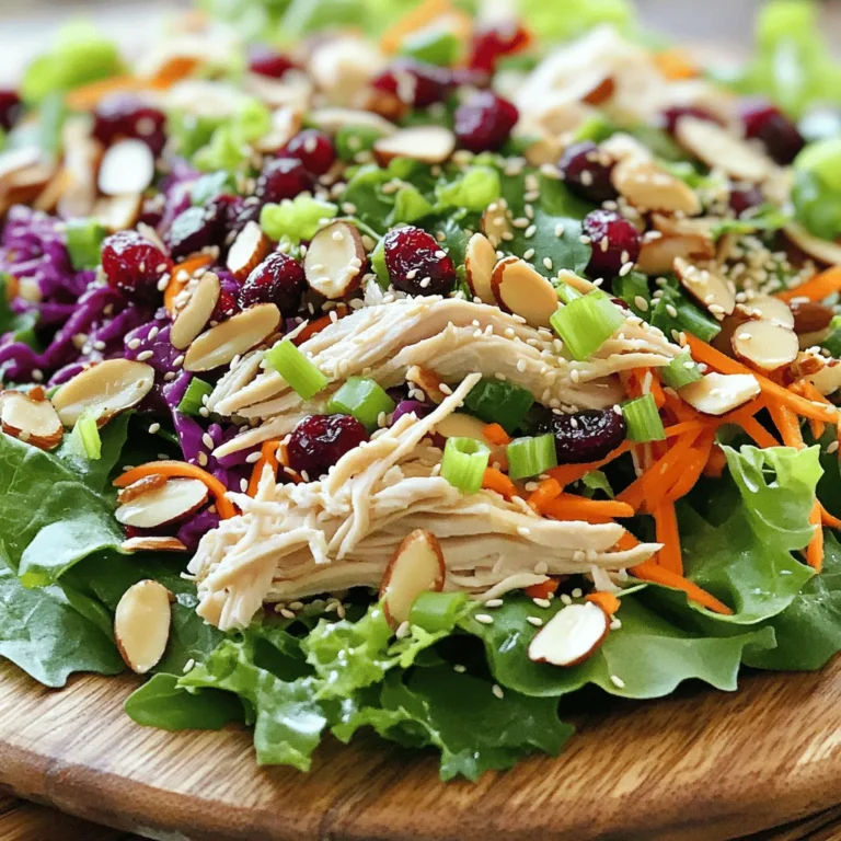 To make a tasty Asian Chicken Cranberry Salad, you need: - 2 cups cooked chicken breast, shredded - 1 cup mixed salad greens (spinach, arugula, romaine) - 1/2 cup red cabbage, finely shredded - 1/2 cup shredded carrots - 1/4 cup dried cranberries - 1/4 cup sliced almonds (toasted) - 1/4 cup green onions, chopped - 1/4 cup sesame dressing (store-bought or homemade) - Salt and pepper to taste - Optional: 1 tablespoon sesame seeds for garnish Each ingredient in this salad brings health benefits. - Chicken: It supplies protein. This helps build and repair muscles. - Salad greens: They are rich in vitamins A and C. These boost your immune system. - Red cabbage: It has antioxidants. These are good for heart health. - Carrots: They are high in beta-carotene, good for your eyes. - Cranberries: They provide fiber and vitamins. They support digestion and health. - Almonds: They add healthy fats and protein. They help keep you full. - Green onions: They give flavor and have vitamins too. You can change ingredients based on your needs. - Chicken: Use tofu or chickpeas for a vegetarian option. - Salad greens: Substitute kale or mixed baby greens for a different taste. - Dressing: Try peanut dressing for a nutty flavor. - Cranberries: Swap in raisins or dried cherries if you like. - Nuts: Use walnuts or sunflower seeds if you have nut allergies. These adjustments keep the salad fresh and enjoyable while meeting your dietary needs. For the full recipe, check out the detailed instructions. To make this salad, you start with cooked chicken. Shred it into small pieces. In a big bowl, mix the shredded chicken with the greens. Add red cabbage and carrots next. Then, toss in the dried cranberries and sliced almonds. Cover the mix with sesame dressing. Toss gently to coat everything well. Season with salt and pepper to taste. Serve on a platter or in bowls. You can add green onions and sesame seeds on top for a nice touch. For perfect shredded chicken, use warm meat. It shreds easier when warm. You can use two forks to pull it apart. Or use your hands if you prefer. If you want even more ease, a stand mixer can shred chicken quickly. Just pulse it on low until shredded. Make sure not to overdo it; you want nice, bite-sized pieces. Presentation makes a big difference. Use a large, colorful platter for a family-style meal. Arrange the salad in layers for a beautiful look. For individual servings, use clear bowls to show off the colors. You can also serve in lettuce cups for a fun twist. A light sprinkle of sesame seeds adds a great finish. Don't forget to add a few extra cranberries on top for color and sweetness. One common mistake is using dry chicken. Always use moist, cooked chicken. If your chicken is dry, it will make the salad less tasty. Another pitfall is over-dressing the salad. Too much dressing can drown the flavors. Start with a little and add more if needed. Lastly, don’t skip the crunch! If you forget the almonds, the salad will lack texture. You can add many items to boost flavors. Try adding diced mango or mandarin oranges for a sweet twist. Fresh herbs like cilantro or mint can bring a bright taste. You might also consider some crunchy radishes for a peppery kick. For heat, add sliced jalapeños or a dash of chili flakes. Each of these will give the salad a unique flair. When you have leftovers, store the salad properly. Keep the salad and dressing separate. This way, the greens stay fresh and crisp. Use an airtight container to avoid spoilage. Leftover salad can last in the fridge for about two days. If you notice any sogginess, just remove the wet greens. Enjoy the flavors for a quick meal later! For the full recipe, check the cooking section above. {{image_2}} You can swap the chicken for other proteins. Grilled shrimp adds a nice touch. Tofu is a great choice for a plant-based option. You could also use shredded pork or beef for a twist. Each protein brings its own flavor, making the salad fun and different. To make this salad vegetarian, skip the chicken and add chickpeas. They give good protein and a nice texture. If you want it vegan, use a plant-based dressing. You can also add nuts or seeds for crunch. This way, you keep the salad tasty and healthy. Seasonal ingredients can elevate this dish. In spring, add fresh peas or asparagus. Summer is great for ripe tomatoes and cucumbers. In fall, roasted squash or apples fit well. Winter calls for hearty greens like kale or Brussels sprouts. These swaps keep your salad fresh and exciting, no matter the season. To keep your Asian Chicken Cranberry Salad fresh, store it in an airtight container. This will prevent moisture from getting inside. Always separate the dressing from the salad until you are ready to eat. This keeps the greens crisp and the flavors fresh. If you use sesame seeds, add them just before serving. This will keep them crunchy. You can safely keep leftover salad in the fridge for up to three days. After that, the greens may wilt and lose their flavor. Always check for any signs of spoilage before eating. If the salad smells off or looks slimy, it's best to throw it away. If you have extra shredded chicken, you can freeze it. Place it in a freezer-safe bag, removing as much air as possible. Frozen chicken can last up to three months. When you’re ready to use it, thaw it in the fridge overnight. This way, you can add it to your salad later. Always use fresh chicken for the best taste in your salad. For the full recipe, make sure to follow the steps for a delightful meal. Yes, you can make Asian Chicken Cranberry Salad in advance. It keeps well in the fridge for up to two days. However, I suggest adding the dressing just before serving. This way, the greens stay crisp, and the salad tastes fresh. If you prepare it ahead of time, store the dressing separately. This keeps each bite tasty and crunchy. The best dressing for this salad is sesame dressing. It adds a nutty flavor that pairs well with the chicken and cranberries. You can buy it from the store or make your own. A simple mix of soy sauce, sesame oil, and rice vinegar works great. This dressing enhances the salad's flavor and brings all the ingredients together nicely. To make Asian Chicken Cranberry Salad gluten-free, choose gluten-free soy sauce or tamari. These options replace regular soy sauce without losing flavor. Always check labels on store-bought dressings to ensure they are gluten-free. You can also make your dressing from scratch to control the ingredients. This way, you can enjoy a delicious salad without worrying about gluten. Asian Chicken Cranberry Salad combines fresh ingredients and great flavors. We explored important components, from key ingredients to nutritional benefits. Detailed steps showed how to prepare the salad perfectly. I shared tips to enhance flavors and avoid common mistakes. Variations allow you to customize the dish based on your preferences. In conclusion, this salad is healthy, tasty, and easy to make. Enjoy your version, whether it's classic or unique!