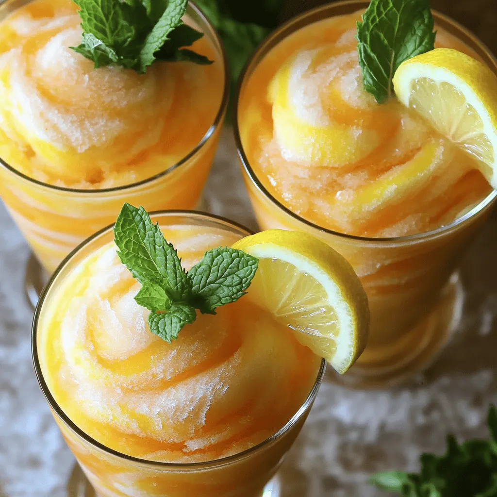 - 2 cups frozen peaches - 1 cup lemonade - 1/2 cup coconut water or water The main ingredients for this slushie are simple yet delicious. Frozen peaches give a sweet and fruity flavor. You can use store-bought lemonade or make your own. Coconut water adds a nice touch, but regular water works too. - 1 tablespoon honey or agave syrup - 1/2 teaspoon vanilla extract - Fresh mint leaves for garnish - Lemon slices for garnish You can add honey or agave syrup if you like it sweeter. A hint of vanilla extract enhances the taste. Garnishing with fresh mint leaves and lemon slices makes it look pretty. These options allow you to customize your slushie. For the full recipe, check out the details above. To start, gather your ingredients. You will need frozen peaches, lemonade, coconut water, honey, and vanilla. Combine all these items in your blender. Make sure to add them in this order for the best blend. Blend on high until everything turns smooth and slushy. You want a thick and icy texture. If it's too thick, add more coconut water. Blend again to mix it well. To get the perfect slushie, pay attention to its texture. If it feels too soft, add a few more frozen peaches. If it's too hard, add a splash of coconut water to loosen it up. When it comes to sweetness, taste your slushie. If you want it sweeter, add a bit more honey or agave syrup. Blend again to combine the sweetener well. This way, you get a drink just right for you. Now it’s time to serve! Take some chilled glasses from the freezer. Pour your slushie into each glass, filling them about three-quarters full. For a nice touch, garnish each drink with fresh mint leaves. You can also add a slice of lemon on the rim for extra flair. This not only looks pretty but adds a burst of flavor too. Enjoy your refreshing Frozen Peach Lemonade Slushie! For the full recipe, refer to the earlier section. When picking peaches, fresh is often best. Fresh peaches taste bright and sweet. If you cannot find fresh ones, frozen peaches work well too. They can be just as tasty. To choose ripe peaches, look for a few signs. A ripe peach feels slightly soft when you press it. It should smell fragrant and sweet. Avoid peaches with hard spots or blemishes. Ripe peaches bring great flavor to your slushie. Texture is key for a great slushie. Use enough ice to get that slushy feel. I find that about 1 to 2 cups of ice works well. But, adjust based on your blender's power. If you have a high-powered blender, it can crush ice easily. If your blender is less powerful, blend the ice first. Then, add the other ingredients. This helps to achieve that smooth texture. Want to make your slushie even better? Try adding fresh herbs like mint or basil. They add a nice twist. You can also add spices like ginger or cinnamon for warmth. Mix in other fruits for fun variations. Strawberries or mangoes blend well with peaches. Just swap out a cup of peaches for another fruit. This way, you can create a new flavor every time! For the full recipe, you can check the earlier sections. {{image_2}} When you make a Frozen Peach Lemonade Slushie, think about mixing it up! Here are some fun variations to try. - Strawberry Lemonade Slushie: Swap out peaches for frozen strawberries. Blend just like the peach version. You get a sweet and tangy drink that is perfect for summer. - Tropical Fruit Slushie: Use a mix of frozen pineapple and mango. This gives your slushie a fun beach vibe. Add a splash of coconut water for extra flavor. - Using flavored sparkling water: Instead of lemonade, try sparkling water. It adds fizz and makes the drink even more refreshing. Choose flavors like lemon or peach to enhance the taste. - Substituting lemonade with limeade: Limeade gives a zesty twist. The tartness pairs well with the sweetness of peaches. Try it for a new favorite. - Non-alcoholic slushie recipe ideas: This slushie is already kid-friendly! Just make sure you use non-alcoholic ingredients. Everyone can enjoy this cool treat on a hot day. - Incorporating additional fruits for a colorful mix: Add berries, like blueberries or raspberries. They not only taste great but also make the drink look pretty. This way, kids enjoy the flavor and the fun colors. These variations keep your Frozen Peach Lemonade Slushie exciting and delicious. Feel free to experiment! Explore the [Full Recipe] for original ideas, and enjoy creating your own favorite slushie. To store leftover slushie, pour it into a safe container. Seal it well to stop ice from forming. Place the container in your freezer. This keeps it fresh for later enjoyment. When you want to enjoy it again, take it out. Let it sit at room temperature for about 10 minutes. This helps soften it. You can also blend it again with a splash of lemonade. This refreshes the slushie and brings back its smooth texture. In the fridge, the slushie stays fresh for about 1 to 2 days. After that, it may start to lose flavor and texture. Watch for signs of spoilage. If it smells off or has ice crystals, it’s time to toss it. Always trust your senses. If it looks or smells bad, do not eat it. Enjoy your Frozen Peach Lemonade Slushie while it’s fresh for the best taste. For the full recipe, check the main section. If you want to swap coconut water, try using plain water. You can also use fruit juice or a light soda for more flavor. Fruit juice adds sweetness and a fruity touch. If you have almond milk or oat milk, those work too. They will change the taste a bit but will still taste great. Yes, you can make this slushie ahead of time. Blend all the ingredients and pour the mix into a freezer-safe container. Cover it tightly and freeze. When you're ready to serve, take it out and let it sit for a few minutes. Then, blend it again to get that slushy texture back. This way, you can enjoy it whenever you want! Absolutely! To make it vegan, simply skip the honey and use agave syrup instead. If you want a sugar-free option, look for sugar-free lemonade or use a sugar substitute. You can adjust the sweetness to your taste, making it perfect for everyone. This recipe fits many dietary needs, so feel free to get creative! The frozen peach lemonade slushie is a simple and refreshing drink. You need just three main ingredients: frozen peaches, lemonade, and coconut water. Blend them until smooth, and add optional ingredients like honey or mint for extra flavor. Try different fruits or base liquids to mix things up. Store leftovers in the freezer and enjoy them later. This slushie is easy to make, fun to customize, and perfect for hot days. Enjoy your tasty treat!