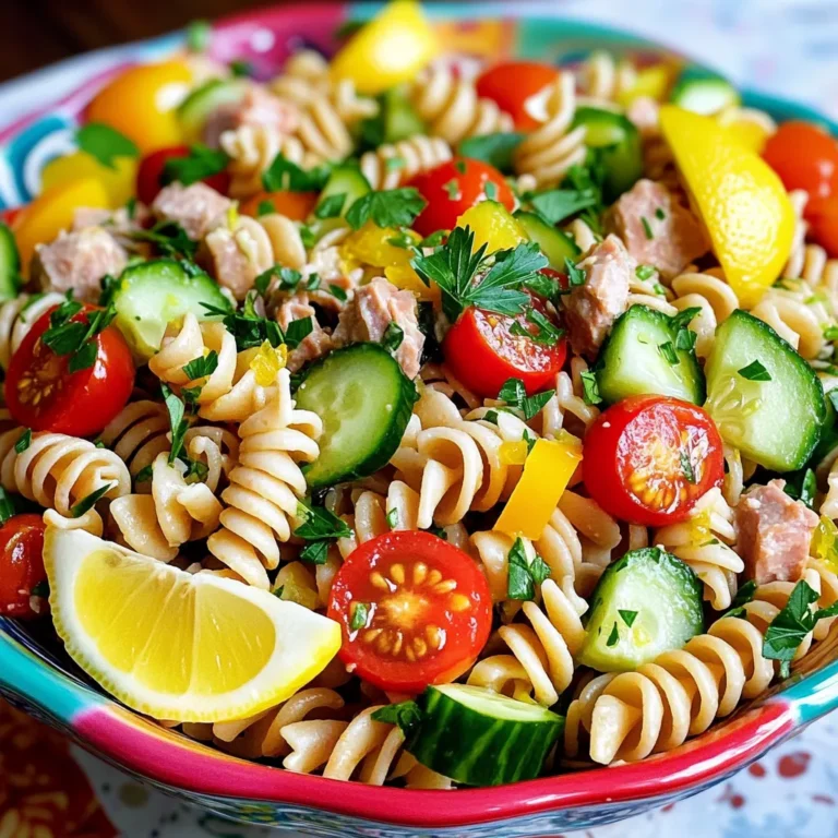To make a Healthy Tuna Pasta Salad, gather these ingredients: - 8 oz whole wheat pasta (fusilli or penne) - 1 can (5 oz) tuna in water, drained - 1 cup cherry tomatoes, halved - 1 cup cucumber, diced - 1/2 cup bell pepper (any color), diced - 1/4 cup red onion, finely chopped - 1/4 cup black olives, sliced - 1/4 cup fresh parsley, chopped - 3 tablespoons olive oil - 2 tablespoons lemon juice - 1 teaspoon Dijon mustard - Salt and pepper to taste - Whole wheat pasta: Provides fiber for better digestion. - Tuna: Rich in protein and omega-3 fatty acids. - Cherry tomatoes: High in vitamins A and C. - Cucumber: Hydrating and low in calories. - Bell pepper: Full of vitamins and antioxidants. - Red onion: Contains quercetin, which may aid heart health. - Black olives: Offer healthy fats and iron. - Fresh parsley: Packed with vitamins and minerals. - Olive oil: A heart-healthy fat that adds flavor. - Lemon juice: Boosts vitamin C and adds freshness. - Dijon mustard: Low in calories and adds zest. - Salt and pepper: Enhances flavor without extra calories. You can adjust this recipe to fit your needs: - Swap whole wheat pasta for gluten-free pasta. - Use canned salmon or chickpeas instead of tuna for a different protein. - Replace cherry tomatoes with steamed broccoli or carrots for crunch. - Try avocado in place of olives for healthy fats. - Use apple cider vinegar instead of lemon juice for a tangy twist. This Healthy Tuna Pasta Salad is easy to make and very adaptable. For the full recipe, check the earlier section! To start, bring a large pot of water to a boil. Add 8 oz of whole wheat pasta. You can use fusilli or penne. Cook the pasta as the package says, usually about 8 to 10 minutes. You want it to be al dente, which means it’s firm but not hard. Once it’s cooked, drain the pasta in a colander. Rinse it under cold water to stop it from cooking further. This helps keep the pasta from getting mushy. Next, grab a small bowl to make the dressing. In it, whisk together 3 tablespoons of olive oil. Add 2 tablespoons of fresh lemon juice. Then, mix in 1 teaspoon of Dijon mustard. Season with salt and pepper to taste. This dressing will add a lovely flavor to your salad. Set it aside while you prepare the rest of the ingredients. Now it’s time to put everything together! In a large mixing bowl, combine the cooled pasta with 1 can of drained tuna. Then add 1 cup of halved cherry tomatoes, 1 cup of diced cucumber, and 1/2 cup of diced bell pepper. Next, toss in 1/4 cup of finely chopped red onion and 1/4 cup of sliced black olives. Finally, sprinkle in 1/4 cup of freshly chopped parsley. Pour the dressing over the salad and mix gently until all the ingredients are coated. For the best flavor, cover it and chill in the fridge for about 30 minutes before serving. You can find the full recipe [here](#). To boost the health of your tuna pasta salad, swap out regular pasta for whole wheat pasta. Whole wheat pasta has more fiber, which helps you feel full. You can also add more veggies, like spinach or carrots, to increase vitamins. Using Greek yogurt instead of mayo can cut fat and calories while adding creaminess. For serving, try placing the salad on a bed of greens. This adds crunch and nutrients. You can also serve it in whole grain wraps for a fun twist. Adding lemon wedges on the side gives a fresh taste. Enjoy it with a light soup for a full meal. To save time, cook the pasta ahead of time and store it in the fridge. You can also chop vegetables in advance. Using pre-diced or frozen veggies cuts prep time. For a speedy meal, mix the salad quickly when you’re ready to eat. Check out the Full Recipe for a complete guide! {{image_2}} You can give your tuna pasta salad a Mediterranean twist. Just add some feta cheese, artichoke hearts, and sun-dried tomatoes. These ingredients create a bright taste. The feta brings creaminess, while artichokes give a nice bite. Sun-dried tomatoes add sweetness, making each bite exciting. For the dressing, you might add oregano or basil to enhance the flavors. This twist makes the salad feel fresh and vibrant. Want to make it vegetarian? You can swap out the tuna for chickpeas or white beans. These legumes are packed with protein and fiber. You can also add diced avocado for creaminess. It makes the salad richer and more filling. Try using roasted red peppers or grilled zucchini for added flavor. They bring a smoky taste, making your salad more complex. Add some crunch and flavor with nuts or seeds. Sliced almonds or sunflower seeds work great. They add a nice texture and healthy fats. You can also sprinkle in some capers for a briny kick. For heat, try adding diced jalapeños. These little changes can make your salad unique every time you make it. Explore different combinations to find your favorite! For the full recipe, check out the complete instructions. To keep your tuna pasta salad fresh, use an airtight container. Make sure the lid seals well. This helps keep the salad from drying out or absorbing other smells in the fridge. Always let it cool to room temperature before storing it. This prevents condensation from forming inside the container. When stored correctly, the tuna pasta salad lasts about 3 to 5 days in the fridge. Always check for any signs of spoilage before eating. If the salad starts to smell off or change color, it's best to throw it away. You can freeze the tuna pasta salad, but it may change texture when thawed. To freeze, place it in a freezer-safe container. Leave some space at the top for expansion. Label the container with the date. It will last about 2 months in the freezer. When ready to eat, thaw it overnight in the fridge. Stir well before serving again. For the best taste, I recommend eating it fresh. For more details, check out the Full Recipe. Yes, you can use tuna in oil. It adds extra flavor and richness. However, it also adds more calories and fat. If you want a lighter salad, stick with tuna in water. You can drain the oil or use it for cooking. Just remember, the oil can change the salad's taste. You can add many vegetables to make the salad your own. Here are some great choices: - Corn - Peas - Carrots - Spinach - Zucchini These veggies add color and crunch. Feel free to mix and match based on what you enjoy. This salad is flexible, so use your favorites! Yes, this salad is great for meal prep. You can make it in advance and store it in the fridge. It stays fresh for about three days. Just keep the dressing separate until you're ready to eat. This will keep everything crisp. Meal prepping makes it easy to enjoy a healthy lunch or dinner! For the full recipe, check out the details above. We covered all you need to make a tasty tuna pasta salad. You learned about the ingredients and their nutrition, plus smart substitutes. I shared step-by-step cooking tips and ways to make the dish healthier. Variations add fun, and knowing how to store it keeps it fresh. Remember, you can adjust this recipe to fit your tastes and needs. Enjoy creating your own version of this simple dish!
