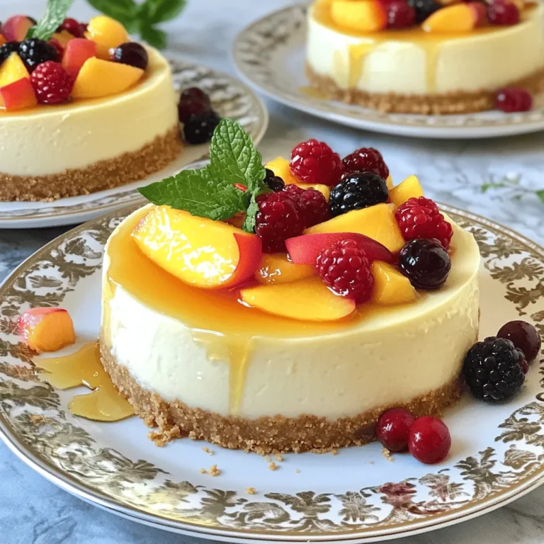 To create a Summer Berry Peach Cheesecake, you need fresh and simple ingredients. Here’s what you will need: - 1 ½ cups graham cracker crumbs - ½ cup unsalted butter, melted - 2 tablespoons sugar - 16 oz cream cheese, softened - ½ cup granulated sugar - 1 teaspoon vanilla extract - 3 large eggs - 1 cup sour cream - 2 peaches, pitted and sliced - 1 cup mixed berries (strawberries, blueberries, raspberries) - 2 tablespoons honey Each ingredient plays a key role in making this dessert creamy and sweet. The graham cracker crumbs form a tasty crust. The butter binds it all together. Cream cheese gives the cheesecake its rich and smooth texture. Sugar adds sweetness, while vanilla enhances the flavor. Eggs help set the cheesecake, and sour cream adds a tangy taste. Fresh peaches and berries bring a burst of fruity flavor. Finally, honey adds a touch of natural sweetness. For the full recipe, check out the cooking instructions. You’ll see how these ingredients blend to create a delightful treat that captures the essence of summer. 1. Preheat your oven to 325°F (165°C). 2. In a mixing bowl, combine 1 ½ cups graham cracker crumbs, ½ cup melted unsalted butter, and 2 tablespoons sugar. Mix until crumbly. 3. Press this mixture firmly into the bottom of a 9-inch springform pan. This forms a strong base for your cheesecake. 1. In a large bowl, beat 16 oz softened cream cheese until smooth. 2. Gradually mix in ½ cup granulated sugar and 1 teaspoon vanilla extract. Keep mixing until well combined. 3. Add 3 large eggs, one at a time. Mix on low speed until just incorporated after each addition. 4. Fold in 1 cup sour cream until blended. Be careful not to overmix. 1. Pour about half of the cheesecake batter over the crust in the springform pan. 2. Arrange half of the peach slices and 1 cup mixed berries (like strawberries, blueberries, and raspberries) on top. 3. Pour the remaining cheesecake batter over the fruit. 4. Add the rest of the fruit on top for a beautiful layered effect. 5. Using a spatula, gently swirl the fruit into the batter for added visual appeal. 1. Bake in the preheated oven for about 50-60 minutes. The center should be set but still slightly jiggly. 2. Turn off the oven and leave the cheesecake inside with the door slightly ajar for an hour to cool gradually. 3. Once cooled, refrigerate the cheesecake for at least 4 hours or overnight for the best texture. For the full recipe, check the details above. Enjoy your creamy treat! To get the best texture for your cheesecake, follow these steps: - Allow ingredients to come to room temperature. This helps them blend smoothly. - Don’t overmix after adding the eggs. Mix just until combined for a light texture. - Let the cheesecake cool gradually in the oven. This helps prevent cracks on the surface. Make your cheesecake stand out with these ideas: - Serve slices with extra berries and a sprig of mint. This adds color and freshness. - Use a decorative plate for an appealing look. A nice plate can make a big difference. This cheesecake shines during warm weather events. It’s perfect for summer gatherings. Pair it with refreshing summer drinks. Lemonade or iced tea complements the flavors well. {{image_2}} You can make this cheesecake your own by using different fruits. Seasonal fruits like mango or cherries can add a fun twist. If you love berries, try mixing strawberries, raspberries, and blackberries for unique flavors. Each fruit brings its own taste and color, making the cheesecake even more delightful. Swap out graham crackers for something new. You could use crushed Oreos for a rich flavor. Almond flour is another great choice for a gluten-free option. This way, you can enjoy the cheesecake while sticking to your diet needs. Want to add a new taste? Try adding lemon zest for a bright, citrus twist. You can also infuse the cheesecake with almond extract for a warm note. These small changes can elevate your cheesecake and make it even more special. For the full recipe, check out [Full Recipe]. To keep your Summer Berry Peach Cheesecake fresh, store leftovers in an airtight container. This helps to lock in moisture and flavor. Enjoy your cheesecake within 3-4 days for the best taste. After that, it may lose its creamy texture and flavor. You can freeze cheesecake slices for later use. First, wrap each slice in plastic wrap and then place them in a freezer-safe bag. This prevents freezer burn and keeps the taste intact. To thaw, take a slice from the freezer and put it in the fridge overnight. This way, you maintain the best texture and flavor for your next sweet craving. Yes, it can be made a day in advance. Making it early helps the flavors blend well. Just store it in the fridge. This cheesecake tastes even better after a night’s rest. The center should be set but slightly jiggly. This means it will firm up as it cools. A perfect balance gives you that creamy texture. Greek yogurt can be used as a substitute. It adds creaminess and a slight tang. Use plain Greek yogurt for the best results. Use gluten-free graham crackers or alternative crust for a gluten-free version. This way, everyone can enjoy the cheesecake without worry. Many stores sell gluten-free options now. You can serve slices on dessert plates. Garnish with extra berries and a mint leaf. This adds a fresh touch and makes your dish look pretty. For a sweet finish, drizzle honey over each slice. This blog post shared a simple cheesecake recipe featuring peaches and berries. You learned about the ingredients, step-by-step instructions, and tips for perfect texture and presentation. Variations let you explore different fruits and crusts. For storage, keep leftovers fresh in the fridge or freeze slices for later. Enjoy making this delightful cheesecake for warm weather events. Its fruity flavors make it a great choice for gatherings. You now have all the tools to impress your friends and family!