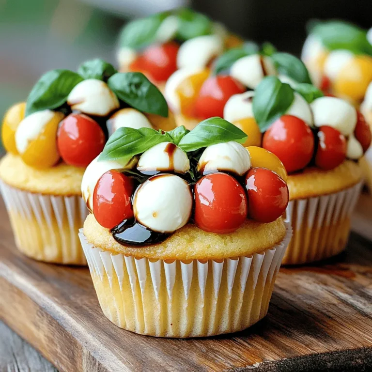To make Caprese stuffed cupcakes, you'll need a mix of simple, fresh ingredients for a tasty treat. Here’s the complete list of ingredients: - 1 ½ cups all-purpose flour - 1 teaspoon baking powder - ½ teaspoon baking soda - ¼ teaspoon salt - ½ cup unsalted butter, softened - 1 cup granulated sugar - 2 large eggs - 1 teaspoon vanilla extract - ½ cup buttermilk - 1 cup cherry tomatoes, halved - 1 cup fresh mozzarella balls, halved - ½ cup fresh basil leaves, chopped - 2 tablespoons balsamic glaze - Salt and pepper to taste These ingredients create a lovely balance of flavors. The cherry tomatoes and mozzarella mix with the fresh basil, making each bite bright and full of zest. I love using good-quality ingredients. They make a big difference in taste. The balsamic glaze adds a sweet and tangy touch that complements the other flavors. For the full recipe, you can check out the notes above. This recipe is not just fun; it’s a great way to impress your friends and family with something unique! First, preheat your oven to 350°F (175°C). Line a 12-cup muffin tin with cupcake liners. This step ensures your cupcakes do not stick. Next, in a medium bowl, mix together 1 ½ cups of all-purpose flour, 1 teaspoon of baking powder, ½ teaspoon of baking soda, and ¼ teaspoon of salt. Set this bowl aside for later. In a large mixing bowl, cream together ½ cup of softened unsalted butter and 1 cup of granulated sugar. Mix until it becomes light and fluffy. This process adds air to your batter, making it soft. Now, add 2 large eggs, one at a time, into the butter and sugar mixture. Make sure to mix well after each addition. Stir in 1 teaspoon of vanilla extract for flavor. Next, gradually mix in your dry ingredients with ½ cup of buttermilk. Start and end with the flour mixture. This helps keep the batter smooth and creamy. For the Caprese filling, take a separate bowl. Toss together 1 cup of halved cherry tomatoes, 1 cup of halved mozzarella balls, ½ cup of chopped fresh basil, 2 tablespoons of balsamic glaze, and some salt and pepper to taste. Mix well to combine. Now, fill each cupcake liner halfway with the batter. Spoon a generous tablespoon of the Caprese mixture into the center of each cupcake. Then, cover with more batter until the liners are about ¾ full. Bake your cupcakes in the preheated oven for 18-20 minutes. Check for doneness by inserting a toothpick into the center. If it comes out clean, they are ready. Let the cupcakes cool in the tin for 5 minutes. Then, transfer them to a wire rack to cool completely. For a special touch, you can drizzle extra balsamic glaze over the cooled cupcakes before serving. Enjoy your unique Caprese stuffed cupcakes! For the complete recipe, check out the Full Recipe. To bake perfect Caprese stuffed cupcakes, follow a few key tips. First, ensure even baking by placing your muffin tin in the center of the oven. This helps hot air circulate around the cupcakes. Next, test for doneness by inserting a toothpick in the center. If it comes out clean, your cupcakes are ready. If not, bake them a few more minutes. You can easily enhance the flavors in your cupcakes. Adjust the seasoning in the filling by adding a pinch more salt or pepper. This brings out the freshness of the tomatoes and basil. For a richer taste, use homemade balsamic glaze instead of store-bought. It adds depth and makes your cupcakes pop with flavor. Presentation matters when serving these unique treats. Serve the cupcakes on a rustic wooden board for a warm look. Garnish with extra basil leaves for a fresh touch. Drizzle some balsamic glaze over the cupcakes before serving. This not only looks great but adds a burst of flavor. These small details make your Caprese stuffed cupcakes stand out. {{image_2}} You can easily change the cheese in these cupcakes. Feta or goat cheese adds a nice twist. They both bring rich flavors that pair well with tomatoes and basil. Another option is to mix in other veggies. Zucchini or bell peppers can add color and taste. Just remember to chop them small so they fit well in the cupcakes. Spices and herbs can change the flavor of your cupcakes. Try adding garlic powder or crushed red pepper for a kick. You can also mix in fresh oregano or thyme to enhance the taste. If you want to switch up the sauce, consider using pesto instead of balsamic glaze. This will give a fresh and vibrant flavor to each bite. You can make these cupcakes gluten-free. Just use a gluten-free flour mix instead of all-purpose flour. For a dairy-free version, swap out the butter and cheese for plant-based options. Use coconut oil and almond cheese. These simple changes let everyone enjoy these tasty cupcakes, no matter their diet. For the full recipe, check out the Caprese Stuffed Cupcakes section. To keep your Caprese stuffed cupcakes fresh, store them in a sealed container. You can refrigerate them for longer freshness. If you want to keep them even longer, freeze the cupcakes. Just wrap them tightly in plastic wrap, then place them in a freezer bag. This method protects them from freezer burn. When you're ready to enjoy your cupcakes again, reheating is easy. Place them in the microwave for about 10 to 15 seconds. This warms them nicely without drying them out. If you prefer, you can also warm them in the oven. Set it to 350°F (175°C) and heat them for about 5 to 10 minutes. At room temperature, these cupcakes last about 2 to 3 days. Make sure to store them in a cool, dry place. In the fridge, they can last up to a week. For the best taste, try to eat them within a few days. Yes, you can prepare these cupcakes ahead of time. Here are some tips: - Bake the cupcakes: Let them cool completely after baking. - Store properly: Place them in an airtight container. They last for 2 days at room temperature. - Freeze for longer storage: Wrap each cupcake tightly in plastic wrap and place in a freezer bag. They can freeze for up to 3 months. - Add toppings later: Drizzle balsamic glaze and add fresh basil just before serving for the best taste. If you don’t have buttermilk, here are some simple alternatives: - Milk and vinegar: Add 1 tablespoon of vinegar to ½ cup of regular milk. Let it sit for 5 minutes. - Milk and yogurt: Mix ¼ cup of plain yogurt with ¼ cup of water to thin it out. - Sour cream: Use ½ cup of sour cream as a direct swap. These substitutes work well and keep your cupcakes moist. To check if your cupcakes are done, follow these signs: - Toothpick test: Insert a toothpick in the center; it should come out clean. - Spring back: Gently press the top; it should spring back without leaving a dent. - Golden edges: Look for a light golden color around the edges. These tips help ensure perfect cupcakes every time. You learned the key steps to make tasty Caprese cupcakes. From mixing the right ingredients to perfecting your baking process, each step matters. Adjust flavors with spices and try different cheeses to keep it fun. Storing and reheating cupcakes properly helps you enjoy them longer. Whether for a party or a treat, these tips will help you succeed. I hope you feel ready to get baking and impress your friends with these unique cupcakes. Enjoy exploring this delicious recipe!