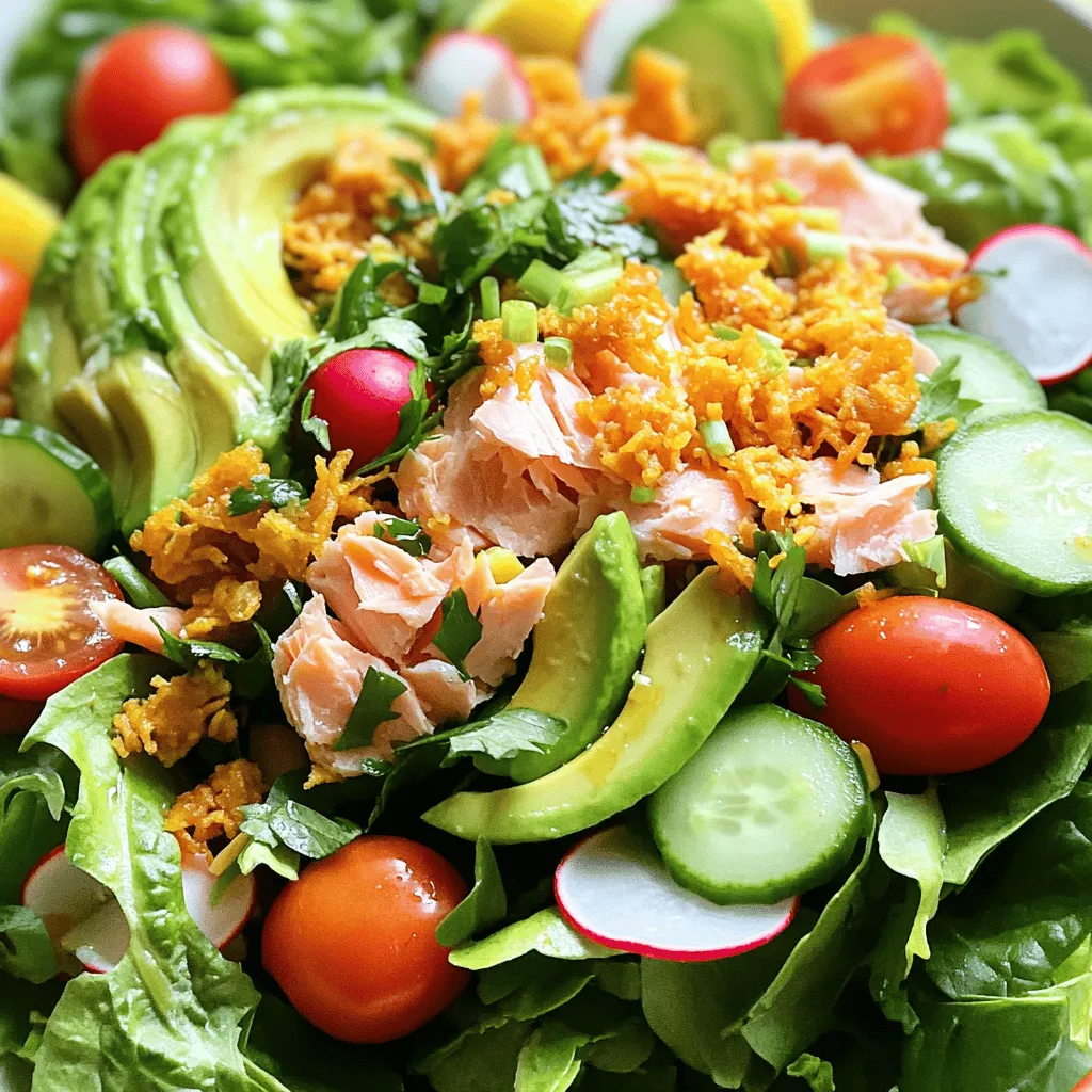 - 1 cup sushi rice - 1 pound salmon fillet - 4 cups mixed salad greens (e.g., arugula, spinach, and kale) - 2 tablespoons soy sauce - 1 tablespoon rice vinegar - 2 tablespoons sesame oil - Fresh herbs (e.g., cilantro or parsley) - 1/4 cup sesame seeds - 1 avocado, sliced The main ingredients in this recipe will give you a fresh and hearty meal. Sushi rice is the star. It gives the salad a nice texture. The salmon adds protein and a rich flavor. The mixed salad greens bring a crispness that balances everything well. For seasonings, soy sauce adds a salty touch. Rice vinegar gives a slight tang. Sesame oil adds a nutty aroma that ties it all together. You can make it even better. Fresh herbs add color and zest. Sesame seeds bring a nice crunch. Sliced avocado adds creaminess that you will love. Once you gather these ingredients, you can follow the [Full Recipe] to create your delicious Crispy Rice Salmon Harvest Salad! - First, rinse the sushi rice under cold water until the water runs clear. This step removes excess starch, which helps the rice cook evenly. - Next, combine the rinsed rice and 2 cups of water in a saucepan. Heat it over medium heat until it boils. Once boiling, lower the heat. Cover and cook for 15-20 minutes until tender. After cooking, let the rice sit for 10 minutes off the heat. - Now, mix 1 tablespoon of rice vinegar, 1 teaspoon of sugar, and 1/2 teaspoon of salt in a small bowl until dissolved. Stir this mixture into the warm rice, fluff it with a fork, and let it cool. - Heat 2 tablespoons of sesame oil in a nonstick skillet over medium-low heat. Spread the cooled rice in an even layer. Cook for about 5 minutes until the bottom turns golden and crispy. Carefully flip the rice and cook the other side for another 5 minutes. Once done, remove from heat and let it cool slightly. Break it into pieces. - While the rice crisps, season the salmon fillet with salt and pepper. Heat a drizzle of sesame oil in another skillet over medium heat. - Cook the salmon skin-side down for 4-5 minutes, then flip it over. Cook for another 3-4 minutes until fully cooked. Remove it from the heat and let it cool slightly. Flake the salmon into bite-sized pieces. - In a large bowl, add the mixed salad greens. Then, include 1 cup of halved cherry tomatoes, 1/2 thinly sliced cucumber, 1/4 cup of thinly sliced radishes, and sliced avocado. - Gently toss the salad with the flaked salmon. - In a small bowl, whisk together 2 tablespoons of soy sauce and 1 tablespoon of fresh lemon juice. Drizzle this dressing over the salad and toss lightly to combine. - Finally, top the salad with the crispy rice pieces and sprinkle sesame seeds over everything. You can find the Full Recipe in the main article. Enjoy your meal! To make crispy rice, start with sushi rice. Rinse it well until the water runs clear. This removes extra starch. Use a saucepan to cook the rice with water. Bring it to a boil, then lower the heat. Cover and cook for about 15-20 minutes. Let it sit for 10 minutes after cooking. To avoid soggy rice, make sure it cools before you crisp it. Spread the rice evenly in a nonstick skillet with sesame oil. Cook over medium-low heat. This will help it become golden and crunchy. You can cook the salmon in two ways: grilling or pan-searing. Each method gives a different flavor and texture. For grilling, preheat your grill. Cook the salmon skin-side down for about 4-5 minutes. Flip it and cook for another 3-4 minutes. If you choose pan-searing, heat a splash of sesame oil in a skillet. Season the salmon with salt and pepper. Cook it skin-side down first. This method is quick and gives a nice crust. When serving, use large bowls or individual plates. This lets the colors pop. Arrange the salmon, rice, and veggies neatly. Garnish with fresh herbs for brightness. It makes the dish look more inviting. Using a deep bowl can help keep the salad components together. A shallow dish works well for a more casual look. {{image_2}} You can swap the salmon for chicken or tofu. Chicken adds a mild taste and works well with the salad. Simply grill or pan-sear it. For tofu lovers, use firm tofu. Press it to remove water, then cube and pan-fry until golden. This keeps the texture nice and adds protein. You can also try other fish. Mahi-mahi or trout can add different flavors. Each fish cooks a bit differently, so keep an eye on the cook time. Using seasonal vegetables makes this dish fresh and exciting. In spring, add peas or asparagus. In summer, grill zucchini or bell peppers. Fall is great for roasted squash or beets. These swaps keep your salad vibrant and tasty. For dressings, try different flavors. A creamy avocado dressing can add richness. A zesty citrus vinaigrette brightens up the dish. Experiment to find your favorite combo! To make this salad gluten-free, use tamari instead of soy sauce. Tamari has a similar taste and works well. Always check ingredient labels to ensure other items are gluten-free too. Some dressings or seasonings might contain gluten. Being careful helps keep your meal safe and enjoyable! For the full recipe, visit the section above and try making your own Crispy Rice Salmon Harvest Salad. To keep your Crispy Rice Salmon Harvest Salad fresh, store it in an airtight container. Make sure to separate the crispy rice from the salad. This keeps the rice crunchy. The salad should stay good in the fridge for about three days. After that, the greens may wilt, and the flavors can fade. You can freeze parts of this salad but not the whole thing. The crispy rice will lose its crunch when thawed. For freezing, keep the salmon and salad mix in separate containers. The salmon can last up to two months in the freezer. The salad mix should be used within one month for the best taste. If you need to reheat the salmon, do it gently. Use a skillet on low heat. This way, you avoid overcooking it. To keep the crispy rice crunchy, reheat it in a dry skillet. Heat it on medium-low for a few minutes. This method helps maintain that perfect texture. Sushi rice is the best choice for this salad. It is sticky and holds together well. This gives the salad a nice texture. Sushi rice also has a subtle, sweet flavor. It absorbs the dressing well, enhancing the taste. Using sushi rice makes each bite delightful. Yes, you can prepare this salad ahead of time. For best results, store the components separately. Keep the salad greens and vegetables in one container. Place the salmon in another container. This helps keep everything fresh. You can add the dressing just before serving. This prevents the greens from wilting. To keep the crispy rice crunchy, store it in an airtight container. Avoid adding it to the salad until you are ready to serve. If you have leftovers, you can re-crisp the rice. Just heat it in a skillet on low heat for a few minutes. This will help restore its crunchiness. This blog post detailed a fresh sushi salad recipe with key ingredients like sushi rice, salmon, and greens. I shared step-by-step instructions for preparing rice, cooking salmon, and assembling the salad. You learned helpful tips for perfecting crispy rice and variations for protein swaps and seasonal ingredients. Remember, this meal is not only tasty but also flexible to suit your needs. Enjoy creating your own sushi salad masterpiece, and don't be afraid to experiment!