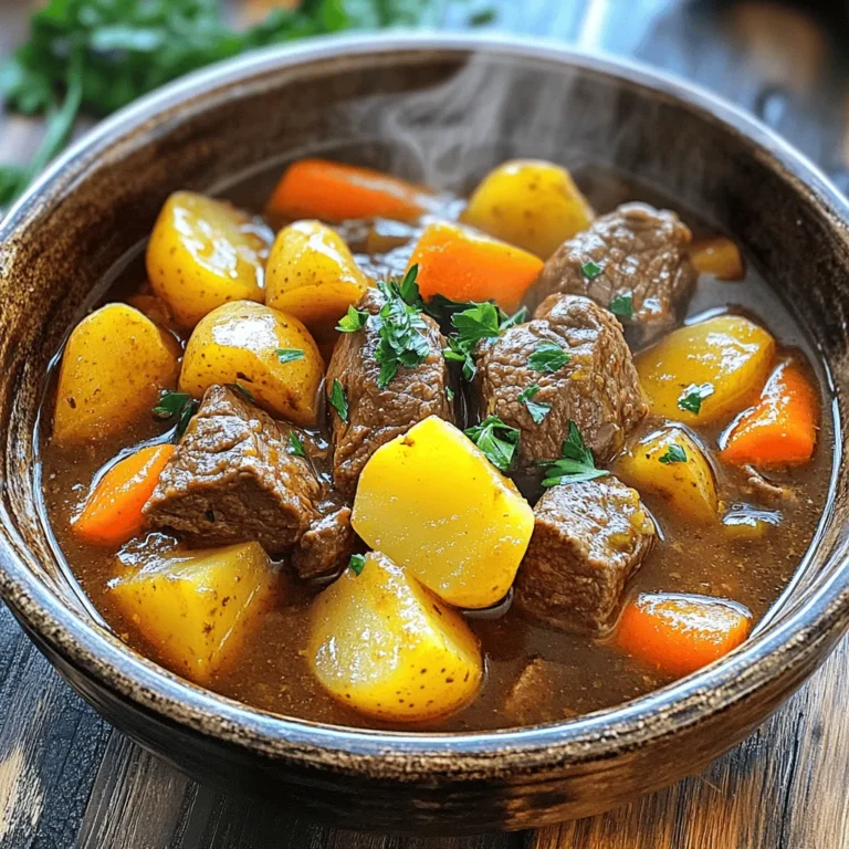 - 2 lbs beef chuck, cut into 1-inch cubes - 4 medium carrots, sliced - 3 medium potatoes, diced - 1 large onion, chopped - 3 cloves garlic, minced - 4 cups beef broth - 2 tablespoons tomato paste - 1 teaspoon dried thyme - 1 teaspoon dried rosemary - Salt and pepper to taste - 2 tablespoons olive oil - 2 tablespoons Worcestershire sauce - 2 tablespoons cornstarch (for thickening) - 2 tablespoons water (for thickening) To make this beef stew, you need: - Instant Pot - Cutting board - Knife - Measuring cups and spoons - Mixing bowl (for thickening) Gather these ingredients and tools before you start cooking. The key to a great stew is in the prep work. You want to have everything ready to go. This recipe allows for some fun twists. You can swap in your favorite veggies or spices. The Full Recipe gives you a step-by-step guide to make this hearty dish. To start, turn on your Instant Pot and select the sauté function. Once the pot is hot, add two tablespoons of olive oil. Season two pounds of beef chuck, cut into one-inch cubes, with salt and pepper. Sear the beef in batches until brown on all sides. This step adds flavor. Remove the beef and set it aside on a plate. Now, in the same pot, add one large chopped onion and three minced garlic cloves. Cook these for about three to four minutes. Stir until they soften and smell great. This step builds the base flavor for your stew. Next, add four sliced medium carrots and three diced medium potatoes to the pot. Mix them well with the onions and garlic. Then, add two tablespoons of tomato paste and two tablespoons of Worcestershire sauce, if you like. Pour in four cups of beef broth. Scrape the bottom of the pot to lift any tasty bits. Finally, return the seared beef to the pot and add one teaspoon each of dried thyme and dried rosemary. Close the lid of the Instant Pot and set the valve to sealing. Select the manual or pressure cook setting and cook on high pressure for 35 minutes. This time allows the flavors to blend and the beef to become very tender. When the cooking time is up, let the pot release pressure naturally for ten minutes. Then, switch the valve to venting to release any leftover steam. If you want a thicker stew, mix two tablespoons of cornstarch with two tablespoons of water to make a slurry. Select the sauté function again and stir in the slurry. Cook for about three to five minutes until the stew thickens to your liking. Taste your stew and add more salt or pepper if needed. Serve it warm in hearty bowls, and garnish with fresh chopped parsley. Pair it with crusty bread for a cozy meal. For the full recipe, check out the earlier section. Enjoy your delicious Instant Pot beef stew! To make your beef stew burst with flavor, start with good meat. Use beef chuck for tenderness. Sear the beef until it has a nice brown crust. This step adds a deep flavor to the stew. Don't skip the garlic and onion; they add great taste. Use fresh herbs like thyme and rosemary for a rich aroma. If you want a softer stew, cook it longer. For more bite, stick to the 35 minutes. Remember, different cuts of beef may need different times. If you use a lean cut, reduce the pressure cooking time. Always check to see if the beef is fork-tender before serving. One common mistake is overcooking the beef. This can make it tough and dry. Also, don’t rush the sauté step. Proper browning is key. Avoid adding too much liquid at once; it can dilute the flavor. Finally, remember to release the pressure naturally for better texture. {{image_2}} You can swap beef for other meats. Chicken thighs work well in this stew. Pork shoulder adds a nice twist. Lamb brings a rich flavor. Always adjust cook time based on the protein you choose. For chicken, cook for 25 minutes. For pork, keep it at 35 minutes. To make this stew vegetarian, replace beef with mushrooms. Use vegetable broth instead of beef broth. Add lentils for protein and texture. You can also toss in chickpeas for extra heartiness. Season with soy sauce for depth. This keeps the dish tasty and filling. Feel free to change up the veggies. Sweet potatoes add a sweet touch. Green beans or peas bring color and freshness. Turnips or parsnips can give the stew a unique flavor. Just keep your favorite veggies in mind when cooking. You can mix and match to create your perfect stew. After enjoying your beef stew, let it cool down. Use a clean, airtight container for storage. It can stay in the fridge for up to three days. Make sure to label the container with the date. This helps you keep track of freshness. If you want to keep it longer, beef stew freezes well. Pour it into freezer-safe bags or containers. Leave some space at the top, as it will expand when frozen. It can last for about three months in the freezer. When you're ready to eat it, thaw it in the fridge overnight. To reheat, you can use a saucepan or the microwave. For the stove, pour the stew into a pot. Heat over medium until it bubbles. Stir it often to heat evenly. If using a microwave, place it in a bowl and cover it. Heat for two minutes, then stir. Check that it’s hot throughout before serving. You can keep beef stew in the fridge for about 3 to 4 days. Store it in an airtight container. Make sure it cools down before sealing. This way, it stays fresh and safe to eat. Yes, you can make beef stew ahead of time. It tastes even better after sitting. The flavors blend nicely when it rests. Just store it in the fridge and reheat when ready to serve. Beef stew pairs well with several sides. Here are some great options: - Crusty bread - Mashed potatoes - Rice - Green salad - Steamed vegetables These sides add texture and flavor to your meal. To thicken your beef stew, use cornstarch. Mix 2 tablespoons of cornstarch with 2 tablespoons of water. Stir this mixture into the stew while it's cooking. Let it simmer for a few minutes. This will give you a nice, thick stew. If you want a richer texture, use this method after cooking. You can find the full recipe with detailed steps for thickening in the previous sections. You now have a solid guide for making instant pot beef stew. We covered the key ingredients, cooking steps, and essential tips. I also shared fun variations and storage methods. Remember, practice makes perfect. Don’t fear small mistakes; they lead to great learning. Enjoy creating your stew and sharing it with friends or family. Cooking is more than just a meal; it's a way to connect. Happy cooking!