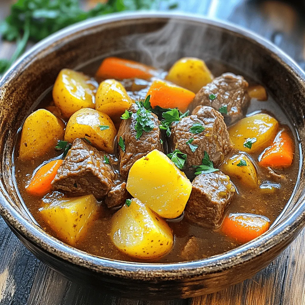 - 2 lbs beef chuck, cut into 1-inch cubes - 4 medium carrots, sliced - 3 medium potatoes, diced - 1 large onion, chopped - 3 cloves garlic, minced - 4 cups beef broth - 2 tablespoons tomato paste - 1 teaspoon dried thyme - 1 teaspoon dried rosemary - Salt and pepper to taste - 2 tablespoons olive oil - 2 tablespoons Worcestershire sauce - 2 tablespoons cornstarch (for thickening) - 2 tablespoons water (for thickening) To make this beef stew, you need: - Instant Pot - Cutting board - Knife - Measuring cups and spoons - Mixing bowl (for thickening) Gather these ingredients and tools before you start cooking. The key to a great stew is in the prep work. You want to have everything ready to go. This recipe allows for some fun twists. You can swap in your favorite veggies or spices. The Full Recipe gives you a step-by-step guide to make this hearty dish. To start, turn on your Instant Pot and select the sauté function. Once the pot is hot, add two tablespoons of olive oil. Season two pounds of beef chuck, cut into one-inch cubes, with salt and pepper. Sear the beef in batches until brown on all sides. This step adds flavor. Remove the beef and set it aside on a plate. Now, in the same pot, add one large chopped onion and three minced garlic cloves. Cook these for about three to four minutes. Stir until they soften and smell great. This step builds the base flavor for your stew. Next, add four sliced medium carrots and three diced medium potatoes to the pot. Mix them well with the onions and garlic. Then, add two tablespoons of tomato paste and two tablespoons of Worcestershire sauce, if you like. Pour in four cups of beef broth. Scrape the bottom of the pot to lift any tasty bits. Finally, return the seared beef to the pot and add one teaspoon each of dried thyme and dried rosemary. Close the lid of the Instant Pot and set the valve to sealing. Select the manual or pressure cook setting and cook on high pressure for 35 minutes. This time allows the flavors to blend and the beef to become very tender. When the cooking time is up, let the pot release pressure naturally for ten minutes. Then, switch the valve to venting to release any leftover steam. If you want a thicker stew, mix two tablespoons of cornstarch with two tablespoons of water to make a slurry. Select the sauté function again and stir in the slurry. Cook for about three to five minutes until the stew thickens to your liking. Taste your stew and add more salt or pepper if needed. Serve it warm in hearty bowls, and garnish with fresh chopped parsley. Pair it with crusty bread for a cozy meal. For the full recipe, check out the earlier section. Enjoy your delicious Instant Pot beef stew! To make your beef stew burst with flavor, start with good meat. Use beef chuck for tenderness. Sear the beef until it has a nice brown crust. This step adds a deep flavor to the stew. Don't skip the garlic and onion; they add great taste. Use fresh herbs like thyme and rosemary for a rich aroma. If you want a softer stew, cook it longer. For more bite, stick to the 35 minutes. Remember, different cuts of beef may need different times. If you use a lean cut, reduce the pressure cooking time. Always check to see if the beef is fork-tender before serving. One common mistake is overcooking the beef. This can make it tough and dry. Also, don’t rush the sauté step. Proper browning is key. Avoid adding too much liquid at once; it can dilute the flavor. Finally, remember to release the pressure naturally for better texture. {{image_2}} You can swap beef for other meats. Chicken thighs work well in this stew. Pork shoulder adds a nice twist. Lamb brings a rich flavor. Always adjust cook time based on the protein you choose. For chicken, cook for 25 minutes. For pork, keep it at 35 minutes. To make this stew vegetarian, replace beef with mushrooms. Use vegetable broth instead of beef broth. Add lentils for protein and texture. You can also toss in chickpeas for extra heartiness. Season with soy sauce for depth. This keeps the dish tasty and filling. Feel free to change up the veggies. Sweet potatoes add a sweet touch. Green beans or peas bring color and freshness. Turnips or parsnips can give the stew a unique flavor. Just keep your favorite veggies in mind when cooking. You can mix and match to create your perfect stew. After enjoying your beef stew, let it cool down. Use a clean, airtight container for storage. It can stay in the fridge for up to three days. Make sure to label the container with the date. This helps you keep track of freshness. If you want to keep it longer, beef stew freezes well. Pour it into freezer-safe bags or containers. Leave some space at the top, as it will expand when frozen. It can last for about three months in the freezer. When you're ready to eat it, thaw it in the fridge overnight. To reheat, you can use a saucepan or the microwave. For the stove, pour the stew into a pot. Heat over medium until it bubbles. Stir it often to heat evenly. If using a microwave, place it in a bowl and cover it. Heat for two minutes, then stir. Check that it’s hot throughout before serving. You can keep beef stew in the fridge for about 3 to 4 days. Store it in an airtight container. Make sure it cools down before sealing. This way, it stays fresh and safe to eat. Yes, you can make beef stew ahead of time. It tastes even better after sitting. The flavors blend nicely when it rests. Just store it in the fridge and reheat when ready to serve. Beef stew pairs well with several sides. Here are some great options: - Crusty bread - Mashed potatoes - Rice - Green salad - Steamed vegetables These sides add texture and flavor to your meal. To thicken your beef stew, use cornstarch. Mix 2 tablespoons of cornstarch with 2 tablespoons of water. Stir this mixture into the stew while it's cooking. Let it simmer for a few minutes. This will give you a nice, thick stew. If you want a richer texture, use this method after cooking. You can find the full recipe with detailed steps for thickening in the previous sections. You now have a solid guide for making instant pot beef stew. We covered the key ingredients, cooking steps, and essential tips. I also shared fun variations and storage methods. Remember, practice makes perfect. Don’t fear small mistakes; they lead to great learning. Enjoy creating your stew and sharing it with friends or family. Cooking is more than just a meal; it's a way to connect. Happy cooking!
