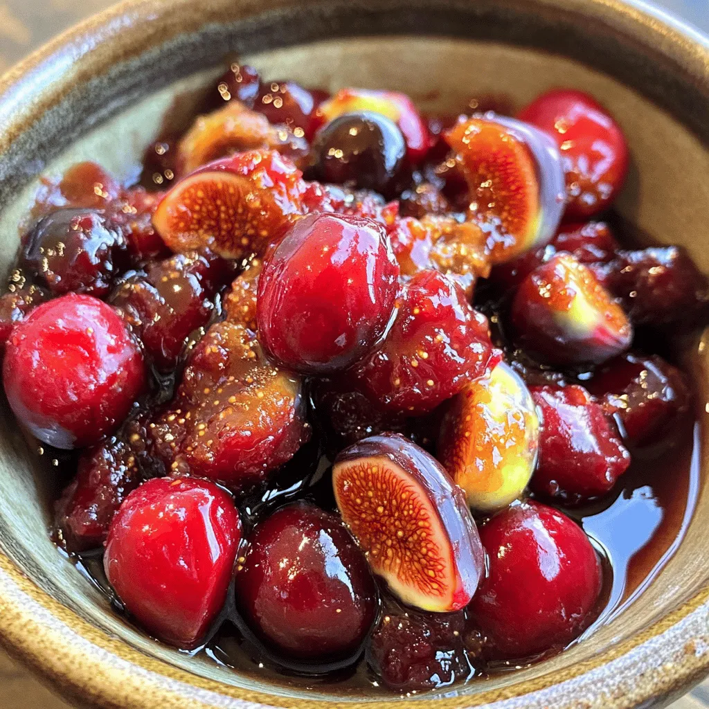 - Dried figs: 1 cup, chopped - Fresh cherries: 1 cup, pitted and halved - Fresh ginger: 1 tablespoon, grated - Brown sugar: 1/2 cup - Water: 1 cup - Lemon juice: 1 tablespoon - Cinnamon: 1/2 teaspoon - Salt: A pinch The key to making a great Ginger Fig Cherry Compote is using the right ingredients. Each item plays a big role in the taste and texture of the dish. Dried figs bring a natural sweetness and a chewy texture that balances well with tart cherries. Fresh cherries add brightness and color. Grated ginger gives a warm, spicy kick that makes this compote special. For sweetness, I use brown sugar. It adds a deep flavor that works well with the fruits. Water helps to cook the fruits down and create a nice sauce. Lemon juice brightens all the flavors and adds a touch of acidity. Cinnamon adds warmth and a hint of spice, while a pinch of salt rounds out the flavors. You can find the full recipe to see how these ingredients come together to create a delightful dish. To start, you need to combine the chopped dried figs and water in a medium saucepan. This step is important to soften the figs. Next, bring the mixture to a gentle boil over medium heat. Once it boils, reduce the heat to a simmer. Cook for about 10 minutes, stirring occasionally. The figs should soften and absorb some of the water during this time. Now it’s time to add the fun flavors. Incorporate the halved cherries, grated ginger, and brown sugar into the saucepan. Mix these ingredients well. Then, add the lemon juice, cinnamon, and a pinch of salt. Stir everything until it’s well combined. The fresh ginger adds a nice kick, while the cherries bring sweetness. Let the mixture simmer uncovered for another 15-20 minutes. Stir occasionally during this time. You want it to thicken to a syrupy consistency. Once it reaches that point, remove it from heat. Allow it to cool slightly before you transfer it to a jar or bowl. Keep in mind, the compote will thicken further as it cools. This tasty treat is perfect on toast or as a dessert topping. For the full recipe, check out the [Full Recipe]. To make your Ginger Fig Cherry Compote shine, fresh ginger is key. It adds a lively kick and brightens the overall flavor. If you want it sweeter, feel free to adjust the brown sugar. Start with the amount in the recipe and taste as you go. This way, you’ll find the perfect balance for your palate. When cooking the compote, control the heat. Start with medium heat to bring it to a gentle boil. Once it boils, reduce to low heat. This prevents burning and helps the flavors blend well. As it cooks, check the consistency. You want it thick but still syrupy. It should coat the back of a spoon nicely. This compote is versatile! Pair it with cheese for a savory snack. It goes well with creamy cheeses like brie or goat cheese. You can also serve it over desserts like yogurt or ice cream. Enjoy it warm for a cozy treat or chilled for a refreshing topping. Either way, it brings a burst of flavor to your meal. For the full recipe, check out the earlier section! {{image_2}} You can change the dried fruits in this compote. Dried apricots or raisins work well. They add their own unique taste. You can also try using seasonal fruits. Fresh peaches or plums can be great in summer. In fall, use apples or pears. This way, you can enjoy different flavors all year. Spices can change the whole taste of your compote. Try adding nutmeg or cloves for warmth. These spices give a cozy feeling, perfect for chilly days. If you want a sweeter taste, use vanilla extract. It adds a lovely undertone that makes the compote special. You don’t have to use brown sugar. Maple syrup or honey can be great options. They are natural and bring a different sweetness. Adjust the sugar to fit your diet. Use less if you prefer a tart compote. This allows everyone to enjoy it, no matter their taste. For the full recipe, check out the [Full Recipe]. To store your Ginger Fig Cherry Compote in the fridge, first let it cool. Transfer it to an airtight container. This keeps the flavors fresh and prevents spills. The compote will last about one week in the fridge. You can also use a glass jar with a tight lid. This method helps retain its rich taste and texture. Freezing is a great option if you want to save some compote for later. Pour the cooled compote into freezer-safe containers. Leave some space at the top for expansion. You can also use ice cube trays for smaller portions. To thaw, place it in the fridge overnight. If you're in a hurry, you can use the microwave on low for a few minutes. When it’s time to enjoy your compote again, reheat it gently. Use a saucepan over low heat. Stir it often to keep it from sticking. If it seems too thick, add a splash of water. This will help maintain its delicious flavor and smooth texture. Enjoy it warm on toast or as a dessert topping! To make Ginger Fig Cherry Compote, follow these simple steps: 1. Start by chopping 1 cup of dried figs. Place them in a medium saucepan with 1 cup of water. 2. Bring the mixture to a gentle boil over medium heat. Then, reduce the heat and let it simmer. 3. Cook for about 10 minutes. Stir occasionally until the figs soften and soak up some water. 4. Next, add 1 cup of fresh cherries, which should be pitted and halved. Then, mix in 1 tablespoon of grated ginger, 1/2 cup of brown sugar, 1 tablespoon of lemon juice, 1/2 teaspoon of cinnamon, and a pinch of salt. 5. Stir everything well to combine. 6. Let the compote simmer uncovered for 15 to 20 minutes. This allows it to thicken into a syrupy texture. Stir occasionally to avoid sticking. 7. Once done, remove it from heat and let it cool a bit. Transfer it to a jar or bowl. The compote will thicken more as it cools. 8. Serve it warm or chill it in the fridge for a refreshing topping on toast or desserts. This recipe is quick and easy, perfect for beginner cooks looking to impress. Yes, you can use frozen cherries for this recipe. Frozen cherries will still give you a tasty compote. However, they may change the texture a bit. Frozen fruit often has more water, so the compote might be a little runnier. To fix this, cook it a bit longer to help it thicken. The flavor will still shine through, making it a great option when fresh cherries aren't available. Ginger Fig Cherry Compote pairs well with many dishes. Here are some ideas for you: - Spread it on toast or bagels for a tasty breakfast. - Use it as a topping for pancakes or waffles. - Add it to yogurt or oatmeal for a sweet kick. - Serve it with cheese for a delightful snack. - Use it as a sauce for grilled meats or roasted vegetables. This compote brings a burst of flavor to many meals. Enjoy exploring different ways to use it! In this blog post, we explored the delicious Ginger Fig Cherry Compote. We covered the main ingredients, step-by-step instructions, and helpful tips. I shared variations and storage advice to help you enjoy this treat longer. This compote can enhance many dishes and is quite easy to make. I hope you feel inspired to try this recipe and customize it to your taste. With these simple methods, you can create a delightful flavor experience right in your kitchen.