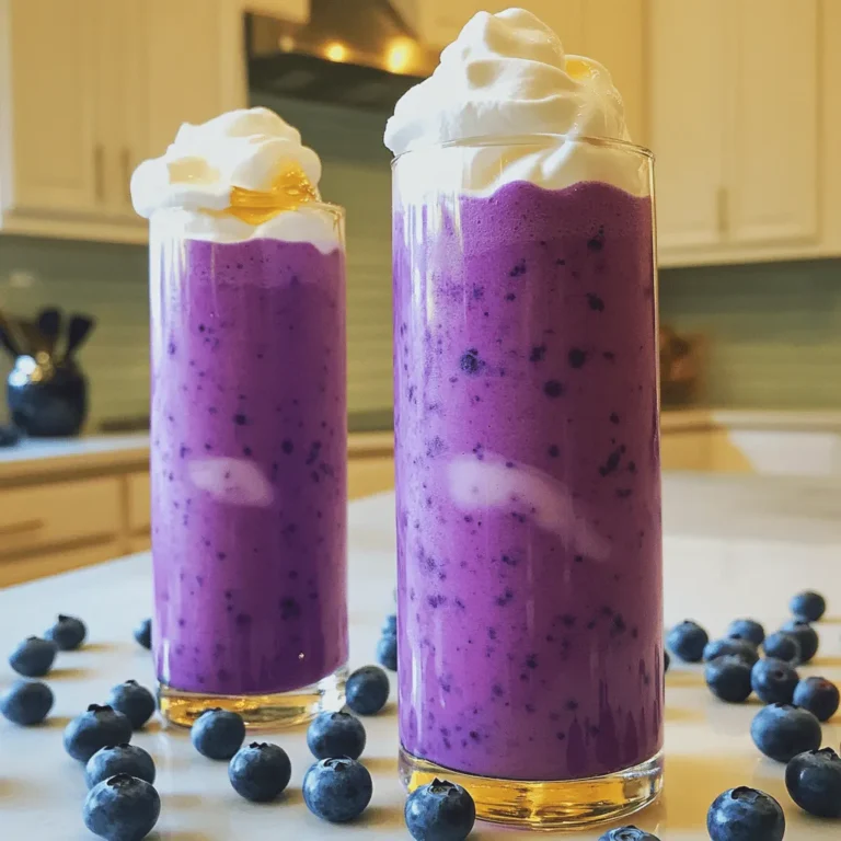 - 1 cup fresh or frozen blueberries - 2 cups milk (dairy or a plant-based alternative) - 2 tablespoons honey or maple syrup (adjust for sweetness) - 1/2 teaspoon vanilla extract - A pinch of salt - Optional: whipped cream for garnish Blueberries are the star of this drink. They add a sweet, fruity flavor. Their bright color also makes the drink look lovely. Fresh or frozen blueberries work well. If you use fresh berries, they should be ripe and juicy. If you use frozen, thaw them before cooking. Milk is the base of this drink. You can use regular dairy milk or any plant-based milk. Almond, oat, or coconut milk are great choices. Each type adds its own taste. Choose what you like best. Honey or maple syrup sweetens the drink. You can adjust the amount based on your taste. If you prefer a less sweet drink, use less sweetener. Vanilla extract adds a lovely depth of flavor. It complements the blueberries well. The pinch of salt helps enhance all the flavors. You can add whipped cream on top for a fun treat. It makes the drink feel special. If you want a little spice, try adding a sprinkle of cinnamon. You can also mix in a few mint leaves for a fresh taste. Try these options to find your perfect blueberry milk! To make Blueberry Bliss Milk, first gather your ingredients. You will need: - 1 cup fresh or frozen blueberries - 2 cups milk (dairy or a plant-based alternative) - 2 tablespoons honey or maple syrup (adjust for sweetness) - 1/2 teaspoon vanilla extract - A pinch of salt - Optional: whipped cream for garnish 1. Start by adding the blueberries to a small saucepan. Heat them on medium for about 5 minutes. Stir them often. You want them to break down and release their juices. 2. Once the blueberries soften, take the saucepan off the heat. Use a fine-mesh sieve to strain the mixture into a bowl. Press gently to get as much juice as you can. You can throw away the solids. 3. In another jug or blender, mix the milk with the strained blueberry juice. Add honey or maple syrup, vanilla extract, and a pinch of salt. Blend or whisk until smooth and frothy. 4. Taste your mixture. If you want it sweeter, add more honey or syrup. 5. Pour the blueberry milk into glasses. If you want a treat, top with whipped cream. 6. Serve it right away and enjoy your refreshing Blueberry Bliss Milk! To get the best flavor, use fresh blueberries when possible. They give a bright taste. If using frozen, thaw them first. This helps release their juices better. Cook the blueberries just enough to break them down. Too long can make them lose their flavor. Straining is key for a smooth drink. It removes any bits that can be gritty. For a creamy texture, use whole milk or a full-fat plant-based milk. This makes the drink richer. If you prefer a lighter drink, low-fat milk works too. Adjust the sweetness to your taste. A little more honey can help balance the tartness of the blueberries. If you want a thicker milk, try adding a bit of yogurt. This adds creaminess without overpowering the flavor. To make your blueberry milk taste even better, try these tips: - Use ripe, fresh blueberries. They add more sweetness and flavor. - If you like it sweeter, add more honey or maple syrup. - For a creamier texture, blend the milk longer. This makes it frothy and smooth. - Add a splash of lemon juice for a bright twist. It balances the sweetness. - Experiment with different types of milk. Almond, oat, or coconut milk can change the taste. Here are some mistakes to watch out for: - Don't skip the straining step. It removes the blueberry skins and seeds. - Avoid using too much sweetener at first. You can always add more later. - Don’t overheat the blueberries. Cooking them too long can change their taste. - If you use frozen blueberries, thaw them first for better flavor release. - Don’t forget the salt. Just a pinch brings out the flavors in the milk. Make your blueberry milk in advance with these tips: - Store the blueberry mixture in an airtight container in the fridge. It lasts up to three days. - Mix the milk and blueberry juice right before serving. This keeps it fresh and tasty. - If you make a large batch, divide it into smaller bottles. This makes it easy to grab on the go. - Shake or stir well before serving. Ingredients can settle when stored. - For a fun twist, freeze the mixture in ice cube trays. Use them to chill future drinks! For the complete recipe, check out the Full Recipe section. {{image_2}} To make blueberry milk vegan, simply swap the milk. Use almond, soy, or oat milk. Each option has a unique taste. Almond milk is nutty, soy milk is creamy, and oat milk is sweet. These alternatives blend well with blueberries. They keep the drink smooth and tasty. You won’t miss the dairy at all. You can have fun with flavors in blueberry milk. Try adding a pinch of cinnamon for warmth. A splash of lemon juice adds zing and brightens the taste. You can even mix in a little cocoa powder for a chocolate twist. Each add-in gives a new life to your drink. Feel free to experiment until you find your favorite mix! Serve blueberry milk cold over ice for a refreshing treat. You can also warm it up for a cozy drink. Pour it into a tall glass and top with whipped cream. Add fresh blueberries on top for a pretty touch. Pair it with pancakes or waffles for breakfast. Or enjoy it as a snack any time of day. Try it with cookies for a sweet surprise! Store your blueberry milk in a clean glass jar or bottle. Make sure it's sealed tightly. This keeps it fresh and prevents odors from other foods. Always place it in the fridge right after making it. If you have leftovers, drink them within three days for the best taste. If you want to reheat blueberry milk, do it gently. Pour it into a pan and warm it on low heat. Stir it often to keep it smooth. You can also use leftover blueberry milk in smoothies or as a base for oatmeal. It adds a fun twist to your breakfast! Blueberry milk lasts about three days in the fridge. Check for signs of spoilage before drinking. If it smells sour or has lumps, it's time to toss it out. Always trust your senses! For safety, don't drink milk past its prime. Blueberry milk is packed with vitamins and minerals. Blueberries are rich in antioxidants, which help fight free radicals. They may also support brain health and improve heart function. Milk provides calcium and vitamin D, vital for strong bones. This drink can boost your immune system and improve digestion. Overall, it’s a tasty way to enjoy health benefits. You can find blueberry milk in many grocery stores. Look in the dairy section or the plant-based milk aisle. Some stores offer it fresh or in shelf-stable cartons. You can also check online retailers. If you prefer, making it at home is easy with the Full Recipe. This way, you control the ingredients and flavors. Most people enjoy blueberry milk without issues. However, some may be allergic to blueberries or dairy. If you have a berry allergy, skip this drink. If you're lactose intolerant, use plant-based milk. Always check labels for added ingredients that might cause reactions. If unsure, consult a healthcare provider before trying new foods. Yes, you can use various sweeteners in blueberry milk. Honey and maple syrup are popular choices. You can also try agave syrup, stevia, or coconut sugar. Each sweetener has a unique flavor, so feel free to experiment! Adjust the amount to match your taste. The goal is a balanced sweetness that complements the blueberries. You can make blueberry milk without cooking by using fresh or frozen blueberries. Blend them with milk, sweetener, and vanilla extract until smooth. Strain the mix to remove the skins if you want a smooth drink. This method saves time and keeps the nutrients intact. Enjoy your blueberry milk instantly! Blueberry milk is delicious and easy to make. We explored its key ingredients and tips for the best results. You learned step-by-step instructions and techniques for perfect consistency. I shared ways to enhance flavor and common mistakes to avoid. Plus, I covered fun variations and storage tips. In the end, blueberry milk is a fun and tasty drink. Experiment with flavors and enjoy your creations!