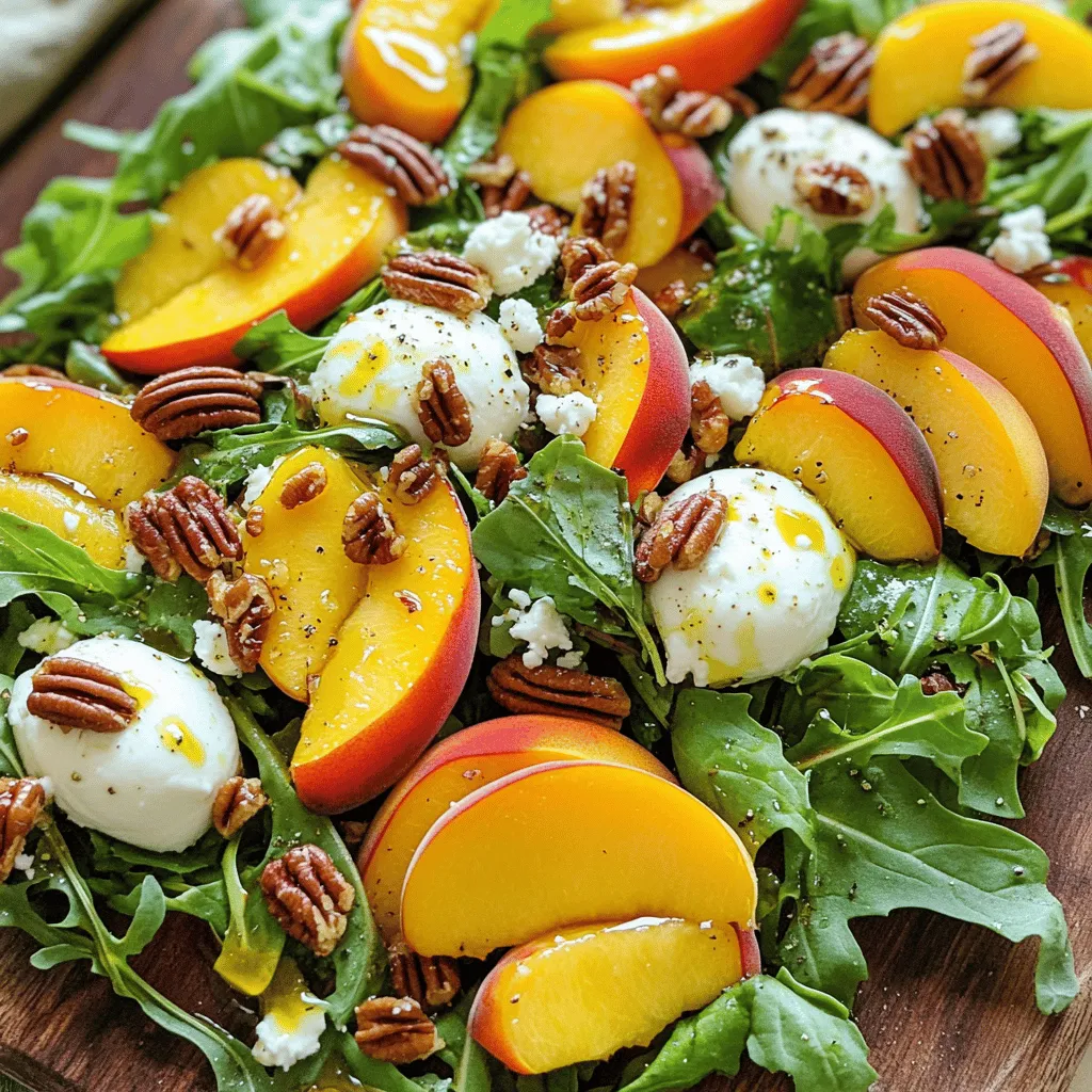 - Ripe Peaches: Choose 4 ripe peaches. They should be soft and fragrant. Slice them into wedges for the salad. Fresh peaches add sweetness and juiciness. - Mozzarella Balls: Use 1 cup of fresh mozzarella balls, known as bocconcini. They bring a creamy texture that pairs well with the peaches. - Greens and Herbs: You’ll need 1 cup of arugula or a mix of leafy greens. This adds a peppery flavor. Also, grab 2 tablespoons of fresh basil, chopped. This herb gives a bright, fresh taste. - Candied Pecans: You’ll want ½ cup of candied pecans, roughly chopped. They add crunch and a sweet, nutty flavor. - Feta Cheese: Use ½ cup of crumbled feta cheese. This cheese adds a salty kick that balances the sweetness of the peaches. - Olive Oil and Seasonings: For the dressing, mix 2 tablespoons of extra-virgin olive oil with 1 tablespoon of lemon juice. Add salt and freshly cracked black pepper to taste. This simple dressing enhances the salad's fresh flavors. All these ingredients make up the perfect blend for the Millionaire Peach Salad. For the full recipe, follow the steps closely to create this refreshing delight. Mixing the Fresh Ingredients Start by slicing four ripe peaches. Use a sharp knife for clean cuts. Place these peach slices in a large mixing bowl. Next, add one cup of fresh mozzarella balls. You can use bocconcini for a nice touch. Then, toss in one cup of arugula or mixed leafy greens. Finally, add two tablespoons of freshly chopped basil. This mix gives the salad a fresh taste. Adding the Cheese and Nuts Now it's time for the cheese and nuts. Sprinkle in half a cup of crumbled feta cheese. This adds a creamy texture. Then, toss in half a cup of roughly chopped candied pecans. They give a nice crunch and sweetness to the dish. Gently mix everything together. Make sure all the ingredients are well combined. Whisking the Ingredients Together In a small bowl, combine two tablespoons of extra-virgin olive oil with one tablespoon of lemon juice. Add a pinch of salt and some freshly cracked black pepper. Use a whisk to blend everything well. This dressing will enhance the salad's flavors. Adjusting for Taste Taste the dressing to see if it needs anything. If you want more tang, add a bit more lemon juice. For extra richness, a touch more olive oil works well. Adjust to your liking for the best flavor. Tossing Everything Together Drizzle the dressing over the salad mixture. Gently toss everything together until the salad is coated. This helps every bite taste amazing. Then, add the chopped candied pecans again for extra crunch. Give it one last gentle toss to make sure they are evenly spread. Presentation Guidelines Let the salad sit for about five minutes. This allows the flavors to meld. When ready to serve, use a large platter or individual bowls. Garnish with extra basil leaves and a sprinkle of pecans on top. This makes the dish look appealing and ready to impress. For more details, check the Full Recipe. Ingredient Substitutions Feel free to swap ingredients based on what you have. Use burrata cheese instead of mozzarella for a creamier texture. If you can’t find arugula, mixed greens work well too. You can also try walnuts if pecans are not available. They add a nice crunch. Flavor Enhancements Add a splash of balsamic vinegar for extra depth. Honey drizzled on top can add a sweet note. Fresh mint can also brighten up the salad. Experiment with spices like cayenne for a kick. Prepping Ingredients in Advance You can chop peaches and greens a few hours before serving. Keep them in separate containers. This keeps them fresh and crisp. Mix the dressing ahead of time, too. Just shake it up before adding to the salad. Storage Tips for Freshness Store leftovers in an airtight container. Keep it in the fridge and enjoy within two days. If the salad gets too soggy, serve it over fresh greens. This gives it a nice bounce back. Pairing with Summer Dishes This salad pairs well with grilled chicken or fish. It can also be a side dish for barbecues. Serve it alongside corn on the cob or potato salad for a fun meal. Ideal Occasions for This Salad Perfect for picnics, potlucks, or backyard barbecues. This salad brightens up any summer gathering. You can also serve it as a light lunch or a refreshing starter. Enjoying it on a sunny day makes it even better! {{image_2}} You can switch up the fruits in Millionaire Peach Salad. Adding berries makes it sweeter and colorful. Try blueberries, strawberries, or raspberries. They pair well with peaches and add a burst of flavor. Melons are another great choice. Cantaloupe or watermelon brings a refreshing crunch. Just cut them into small pieces and mix them in. This will give your salad a fun twist. For a tropical vibe, add mango. The juicy sweetness of ripe mango balances the salad's flavors. Slice a fresh mango and toss it in for a lively touch. Looking to add protein? Grilled chicken or shrimp works perfectly. Cook them simply with salt and pepper. Slice them and mix them into the salad. This addition makes it heartier and more filling. If you prefer a vegetarian option, quinoa is a great choice. Cooked quinoa adds texture and protein. Just mix in about a cup of cooked quinoa for a healthy twist. You can try different dressings to change the flavor. Balsamic vinaigrette adds a tangy sweetness. Just drizzle it over the salad instead of the lemon dressing. Citrus-based dressings are also a hit. Use orange juice or lime juice for a fresh taste. Mix these with olive oil for a bright and zesty dressing. Explore these variations to make your Millionaire Peach Salad unique and delightful. Check out the Full Recipe for more ideas! To store leftovers, place the salad in an airtight container. This keeps it fresh and safe. You want to enjoy this delightful salad for days. When stored properly, it lasts about 2 to 3 days in the fridge. However, the texture may change, especially with the mozzarella and greens. They can become a bit soggy over time. If you want the best taste, eat it within the first day. Can you freeze this salad? I do not recommend freezing it. Freezing can ruin the texture of fresh ingredients. Peaches and greens lose their crunch and become mushy. However, you can freeze some components separately. To freeze components, slice peaches and freeze them on a baking sheet. Once frozen, transfer them to a bag. This works well for smoothies too! You can also freeze the candied pecans. Just ensure they are stored in a sealed bag. They can last up to 3 months in the freezer. When you're ready, just thaw and add to your salad. Millionaire Peach Salad is a fresh and vibrant dish. It features ripe peaches, creamy mozzarella, and crunchy pecans. This salad brings summer flavors to life. I drew inspiration from classic summer salads that highlight seasonal fruits. The mix of sweet and savory makes it a real crowd-pleaser. You can enjoy it as a main dish or a side. Trust me, this salad is perfect for any summer gathering. Yes, you can make this salad ahead of time! To prepare it in advance, slice the peaches and mix them with other fresh ingredients. However, keep the dressing separate until you're ready to serve. This way, the salad stays crisp. Store the salad ingredients in the fridge, covered. The flavors will blend nicely if you let it sit for a bit. Just remember to add the candied pecans just before serving for extra crunch. Millionaire Peach Salad pairs well with many dishes. I suggest serving it with grilled chicken or fish for a hearty meal. It also goes great with a light pasta dish or a charcuterie board. For drinks, try a chilled white wine or a refreshing iced tea. The salad’s bright flavors complement these options beautifully. Feel free to mix and match to find your perfect pairings! Making this salad vegan is easy! Simply replace the mozzarella and feta with non-dairy cheese. Look for options made from nuts or soy to achieve a similar taste. For the dressing, use a vegan olive oil or a citrus-based dressing. You can also skip the cheese altogether and add more nuts or seeds for texture. This keeps the salad fresh and bright while catering to vegan diets. This blog shows how to make a fresh, tasty salad perfect for summer. You learned about key ingredients like ripe peaches and mozzarella. I shared steps for mixing, dressing, and serving. Useful tips help you prepare ahead and customize flavors. Variations let you add fruits or proteins. In the end, this salad is easy and fun. Enjoy making it your own!