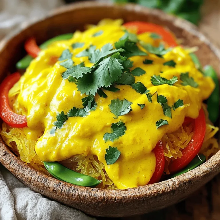 - 1 medium spaghetti squash - 1 tablespoon coconut oil - 1 yellow onion, diced - 2 cloves garlic, minced - 1 tablespoon fresh ginger, grated - 2 tablespoons yellow curry powder - 1 can (400ml) coconut milk - 1 cup vegetable broth - 1 red bell pepper, sliced - 1 cup sugar snap peas - 1 tablespoon soy sauce (or tamari for gluten-free) - Salt and pepper, to taste - Fresh cilantro, for garnish I love using spaghetti squash because it offers a fun, low-carb base for meals. The first step is to roast the squash. This brings out its natural sweetness. The coconut oil adds a rich flavor while sautéing the onion, garlic, and ginger. These three ingredients form a great flavor base for your curry. The yellow curry powder is key. It adds warmth and depth to the dish. I always use fresh coconut milk for a creamy texture. It pairs perfectly with the vegetable broth, making a smooth sauce. The red bell pepper and sugar snap peas add color and crunch. They cook quickly, keeping their vibrant look. For seasoning, I use soy sauce or tamari. This gives it a savory kick. Finally, fresh cilantro brightens the dish and adds a pop of color. You can find the full recipe in the earlier section. - Preheat oven to 400°F (200°C). - Cut the spaghetti squash in half and scoop out seeds. - Drizzle with olive oil and sprinkle with salt and pepper. - Place cut side down on a lined baking sheet and roast. Roasting the squash takes about 40 minutes. You want it soft enough to shred easily. Once it’s done, let it cool a bit before you scrape out the strands. This squash will be your pasta base! - Heat coconut oil in a skillet over medium heat. - Sauté diced onion until translucent. - Add garlic and ginger; cook until fragrant. - Stir in yellow curry powder; toast slightly. This step builds the flavor. I love how the onion softens and mingles with garlic and ginger. It smells fantastic! The yellow curry powder gives the dish its warm color and rich taste. - Pour in coconut milk and vegetable broth. - Simmer the mixture. - Add bell pepper and sugar snap peas; cook until tender. - Stir in soy sauce and season with salt and pepper. Bring it all to a gentle simmer. The coconut milk makes it creamy while the broth adds depth. Toss in your veggies and let them soften while keeping their bright colors. - Scrape roasted squash into spaghetti-like strands. - Ladle curry sauce over strands. - Garnish with fresh cilantro. This is where it comes together! The squash strands act like noodles. Pour that delicious curry sauce over the top, and finish with fresh cilantro. It’s a feast for the eyes and the taste buds! For the full recipe, check out the section above. - Ensure the squash is tender before removing from the oven. - Adjust the spice level by varying the curry powder amount. - Use fresh vegetables for vibrant color and flavor. I find that a fork is your best friend when checking the squash. When it feels soft, it’s ready. If you like more heat, add extra curry powder. Start with a little, then taste before adding more. Fresh vegetables not only taste better but also make your dish look bright. Use colorful bell peppers or peas for the best results. - Serve with rice or quinoa for added texture. - Top with roasted peanuts or cashews for crunch. - Pair with a side salad for a complete meal. I love to serve my yellow curry spaghetti squash with fluffy rice. It gives a nice bite that balances the soft squash. Roasted nuts add a satisfying crunch that makes each bite special. A fresh salad on the side makes the meal light and fresh. You can even drizzle a little lime juice on the salad for a zing! For the full recipe, don’t forget to check the detailed steps above! {{image_2}} You can make this dish vegetarian easily. Substitute vegetable broth with chickpea or lentil broth. This adds protein and flavor. You can also add more veggies. Carrots or zucchini work well. They add color and crunch. Want to add more protein? Incorporate cooked chicken, tofu, or shrimp. These options make the dish heartier. Adjust cooking times as needed. You want the protein cooked through but not overdone. To change the flavor, try different types of curry paste. Each type offers a unique taste. For a citrus twist, add lime juice or zest. This brightens the dish and enhances the curry flavor. After enjoying your yellow curry spaghetti squash, store any leftovers in an airtight container. This keeps them fresh for up to 3 days in the fridge. When you're ready to eat again, reheat the curry gently on the stove or in the microwave. This helps retain its flavor and texture. If you want to save some for later, freeze the curry sauce separately. It stays good for up to 2 months. Just make sure to let it cool before freezing. Avoid freezing the spaghetti squash, as its texture may change when thawed. This can make it mushy and less enjoyable. Enjoy the fresh taste when you can! You can find the full recipe above to recreate this dish anytime. Yes, by using tamari instead of soy sauce. Tamari is a great gluten-free option. It has a similar taste and works well in this recipe. The flesh should be tender and easily shredded with a fork. You want it to have a nice, soft texture. If it feels hard, give it more time in the oven. Yes, but cooking times may vary based on the squash type. Acorn or butternut squash can work. Just check for doneness by testing with a fork. Each serving has about 250 calories. It contains 10 grams of fat and 35 grams of carbs. This dish is filling and healthy, with many vitamins from the veggies. Yellow curry comes from Thailand. It blends spices like turmeric, cumin, and coriander. Each region adds its twist, making it unique and diverse. You can find variations in many Asian cuisines. This recipe showcases a simple, tasty dish using spaghetti squash and curry sauce. You learned how to prepare and combine fresh ingredients for a healthy meal. Remember to adjust spices to fit your taste and explore variations for more flair. You can store leftovers in the fridge or freeze the sauce for later. Cooking can be fun and creative, so don’t be afraid to experiment with your ingredients. Enjoy your time in the kitchen making this delightful dish!