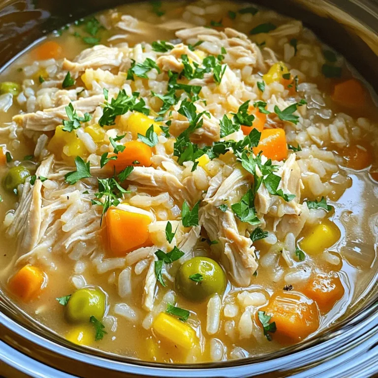 To make this tasty meal, you will need: - 4 boneless, skinless chicken thighs - 1 cup long-grain rice, rinsed - 4 cups low-sodium chicken broth - 1 cup frozen mixed vegetables (carrots, peas, corn) - 1 onion, finely chopped - 3 cloves garlic, minced - 1 teaspoon dried thyme - 1 teaspoon paprika - Salt and pepper to taste - 2 tablespoons olive oil - Fresh parsley, chopped (for garnish) Using fresh and good-quality ingredients makes this dish better. I always choose organic chicken when I can. It tastes richer and is healthier. Rinsing the rice removes excess starch, giving a fluffier texture. Low-sodium broth adds flavor without too much salt. Frozen veggies are convenient and keep their nutrients, making them a great choice. You can change some ingredients based on what you have. Here are a few ideas: - Chicken: Use chicken breast instead of thighs for a leaner option. - Rice: Brown rice works well but may need longer cooking time. - Vegetables: Use fresh veggies like bell peppers or zucchini if you prefer. - Herbs: If you don’t have thyme, try oregano or rosemary for a different flavor. - Broth: Vegetable broth is a good choice for a vegetarian version. Feel free to mix and match to suit your taste! For the full recipe, check out the detailed steps. First, gather all your ingredients. Here’s what you need: - 4 boneless, skinless chicken thighs - 1 cup long-grain rice, rinsed - 4 cups low-sodium chicken broth - 1 cup frozen mixed vegetables (carrots, peas, corn) - 1 onion, finely chopped - 3 cloves garlic, minced - 1 teaspoon dried thyme - 1 teaspoon paprika - Salt and pepper to taste - 2 tablespoons olive oil - Fresh parsley, chopped (for garnish) Next, chop your onion and mince the garlic. Rinse the rice under cold water until the water runs clear. This step helps remove excess starch. Keep everything nearby for easy access. Start by heating the olive oil in a skillet over medium heat. Add the chopped onion and minced garlic. Sauté for about 3-4 minutes until they soften and smell great. Now, season the chicken thighs with salt, pepper, thyme, and paprika. Place them in the skillet and sear them for 2-3 minutes on each side. This step is optional, but it builds flavor. In your crockpot, combine the rinsed rice, frozen mixed vegetables, and chicken broth. Stir well to mix everything. Now, place the seared chicken thighs on top of this rice mixture. Cover the crockpot and set it to low for 6-7 hours or high for 4-5 hours. When cooking time is up, the chicken will be tender. Remove it from the pot and shred it using two forks. Add the shredded chicken back into the pot. Stir everything to combine well. Taste your dish and adjust the seasoning with more salt and pepper if needed. Most crockpots cook at different speeds. If you have a newer model, it may cook faster, so check your dish earlier. If you use a slow cooker, it may take longer. Always ensure the chicken is fully cooked. Using a meat thermometer can help. The chicken should reach 165°F (75°C). This step ensures both safety and taste. Enjoy this comforting meal with family or friends! To get the best flavor in your Crock Pot chicken and rice, start with good ingredients. Use fresh garlic and onions. Searing the chicken adds a nice touch, but it's not a must. Cook the rice with low-sodium broth for depth. Adding dried herbs, like thyme, enhances the taste. If you love spice, try adding a pinch of cayenne. This brings warmth without too much heat. Many people skip rinsing the rice before cooking. Rinsing removes extra starch, making the dish less sticky. Another mistake is not adjusting the seasoning. Always taste your dish before serving and add more salt or pepper if needed. Lastly, avoid opening the lid too often. Each time you peek, heat escapes, and cooking time increases. Garnishing can make your meal look beautiful. Fresh parsley adds a pop of color and flavor. You can also add lemon zest for a fresh twist. Serve the dish warm in bowls. Pair it with a green salad or crusty bread for a full meal. If you want to add some crunch, serve with toasted nuts on top. For the full recipe, check out the details above. {{image_2}} You can boost your meal by adding extra protein. Try sausage or shrimp for fun twists. For sausage, use sliced smoked or Italian sausage. Simply add it to the crockpot with the chicken. If you prefer shrimp, add it during the last 30 minutes of cooking. This helps keep the shrimp tender and juicy. To make this dish vegetarian or vegan, swap chicken for chickpeas or tofu. Use vegetable broth instead of chicken broth for flavor. You can also add more vegetables. Bell peppers, zucchini, or mushrooms work great. Just toss in your favorites during cooking to create a hearty meal. Don’t hesitate to experiment with herbs and spices for more flavor. For a fresh twist, add basil, oregano, or rosemary. If you love heat, try red pepper flakes or cayenne pepper. You can also mix in a splash of soy sauce or lemon juice for brightness. Each change brings a new taste to the dish, making it fun to explore different flavors. For the full recipe, check out Crock Pot Comfort Chicken & Rice. To store leftovers, let the dish cool first. Then, place it in an airtight container. I like to divide it into smaller portions. This way, I can grab a quick meal later. Store the container in the fridge. It will last for about 3 to 4 days. If you want to freeze it, use freezer-safe containers. Make sure to leave some space at the top. The dish will expand as it freezes. It’s best to freeze it within two hours of cooking. You can keep it in the freezer for up to three months. To reheat, you can use the microwave or stovetop. If using the microwave, heat in short bursts. Stir between each burst to warm evenly. If using the stovetop, add a splash of chicken broth. This helps avoid dryness. Heat over medium-low until warm. Enjoy your meal again! For the full recipe, check the earlier section. Yes, you can use brown rice in this recipe. Brown rice takes longer to cook than white rice. If you choose brown rice, add about 30 extra minutes to the cooking time. This change makes the dish heartier and adds fiber. To check if the chicken is fully cooked, use a meat thermometer. The chicken should reach an internal temperature of 165°F (75°C). If you don’t have a thermometer, check that the meat is no longer pink inside. It should be tender and easy to shred. You can serve this dish with a side salad or steamed green beans. A warm piece of crusty bread also pairs well. If you want something lighter, try a fresh cucumber salad. Each option adds balance to the meal and enhances the flavors. This blog post shared all you need for Crock Pot Chicken and Rice. We covered ingredients, cooking steps, and tips for the best meal. Remember, ingredient quality matters, and small flavor changes can boost your dish. Don't forget to avoid common mistakes to get it just right. You can store leftovers easily, too. Embrace your creativity with variations and try new things! This dish is simple, tasty, and perfect for any meal. Enjoy making it your own.