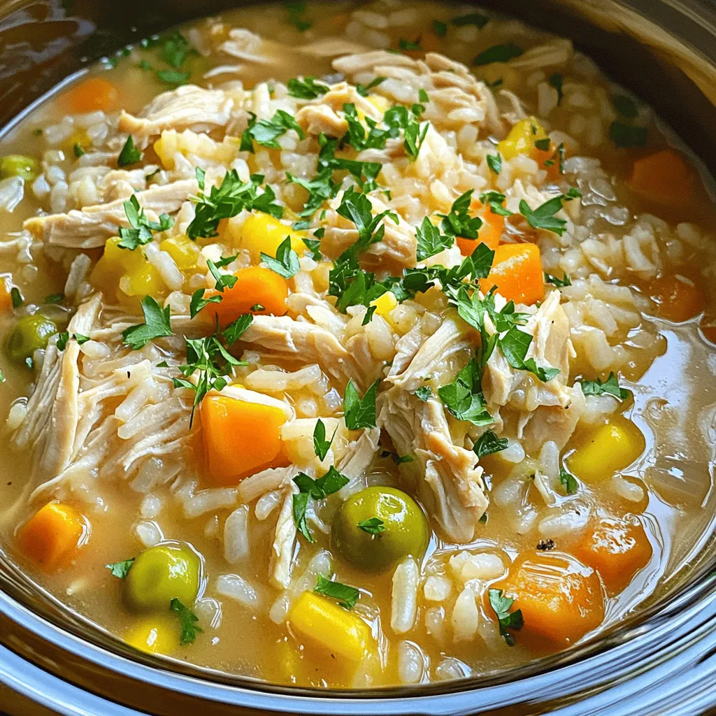To make this tasty meal, you will need: - 4 boneless, skinless chicken thighs - 1 cup long-grain rice, rinsed - 4 cups low-sodium chicken broth - 1 cup frozen mixed vegetables (carrots, peas, corn) - 1 onion, finely chopped - 3 cloves garlic, minced - 1 teaspoon dried thyme - 1 teaspoon paprika - Salt and pepper to taste - 2 tablespoons olive oil - Fresh parsley, chopped (for garnish) Using fresh and good-quality ingredients makes this dish better. I always choose organic chicken when I can. It tastes richer and is healthier. Rinsing the rice removes excess starch, giving a fluffier texture. Low-sodium broth adds flavor without too much salt. Frozen veggies are convenient and keep their nutrients, making them a great choice. You can change some ingredients based on what you have. Here are a few ideas: - Chicken: Use chicken breast instead of thighs for a leaner option. - Rice: Brown rice works well but may need longer cooking time. - Vegetables: Use fresh veggies like bell peppers or zucchini if you prefer. - Herbs: If you don’t have thyme, try oregano or rosemary for a different flavor. - Broth: Vegetable broth is a good choice for a vegetarian version. Feel free to mix and match to suit your taste! For the full recipe, check out the detailed steps. First, gather all your ingredients. Here’s what you need: - 4 boneless, skinless chicken thighs - 1 cup long-grain rice, rinsed - 4 cups low-sodium chicken broth - 1 cup frozen mixed vegetables (carrots, peas, corn) - 1 onion, finely chopped - 3 cloves garlic, minced - 1 teaspoon dried thyme - 1 teaspoon paprika - Salt and pepper to taste - 2 tablespoons olive oil - Fresh parsley, chopped (for garnish) Next, chop your onion and mince the garlic. Rinse the rice under cold water until the water runs clear. This step helps remove excess starch. Keep everything nearby for easy access. Start by heating the olive oil in a skillet over medium heat. Add the chopped onion and minced garlic. Sauté for about 3-4 minutes until they soften and smell great. Now, season the chicken thighs with salt, pepper, thyme, and paprika. Place them in the skillet and sear them for 2-3 minutes on each side. This step is optional, but it builds flavor. In your crockpot, combine the rinsed rice, frozen mixed vegetables, and chicken broth. Stir well to mix everything. Now, place the seared chicken thighs on top of this rice mixture. Cover the crockpot and set it to low for 6-7 hours or high for 4-5 hours. When cooking time is up, the chicken will be tender. Remove it from the pot and shred it using two forks. Add the shredded chicken back into the pot. Stir everything to combine well. Taste your dish and adjust the seasoning with more salt and pepper if needed. Most crockpots cook at different speeds. If you have a newer model, it may cook faster, so check your dish earlier. If you use a slow cooker, it may take longer. Always ensure the chicken is fully cooked. Using a meat thermometer can help. The chicken should reach 165°F (75°C). This step ensures both safety and taste. Enjoy this comforting meal with family or friends! To get the best flavor in your Crock Pot chicken and rice, start with good ingredients. Use fresh garlic and onions. Searing the chicken adds a nice touch, but it's not a must. Cook the rice with low-sodium broth for depth. Adding dried herbs, like thyme, enhances the taste. If you love spice, try adding a pinch of cayenne. This brings warmth without too much heat. Many people skip rinsing the rice before cooking. Rinsing removes extra starch, making the dish less sticky. Another mistake is not adjusting the seasoning. Always taste your dish before serving and add more salt or pepper if needed. Lastly, avoid opening the lid too often. Each time you peek, heat escapes, and cooking time increases. Garnishing can make your meal look beautiful. Fresh parsley adds a pop of color and flavor. You can also add lemon zest for a fresh twist. Serve the dish warm in bowls. Pair it with a green salad or crusty bread for a full meal. If you want to add some crunch, serve with toasted nuts on top. For the full recipe, check out the details above. {{image_2}} You can boost your meal by adding extra protein. Try sausage or shrimp for fun twists. For sausage, use sliced smoked or Italian sausage. Simply add it to the crockpot with the chicken. If you prefer shrimp, add it during the last 30 minutes of cooking. This helps keep the shrimp tender and juicy. To make this dish vegetarian or vegan, swap chicken for chickpeas or tofu. Use vegetable broth instead of chicken broth for flavor. You can also add more vegetables. Bell peppers, zucchini, or mushrooms work great. Just toss in your favorites during cooking to create a hearty meal. Don’t hesitate to experiment with herbs and spices for more flavor. For a fresh twist, add basil, oregano, or rosemary. If you love heat, try red pepper flakes or cayenne pepper. You can also mix in a splash of soy sauce or lemon juice for brightness. Each change brings a new taste to the dish, making it fun to explore different flavors. For the full recipe, check out Crock Pot Comfort Chicken & Rice. To store leftovers, let the dish cool first. Then, place it in an airtight container. I like to divide it into smaller portions. This way, I can grab a quick meal later. Store the container in the fridge. It will last for about 3 to 4 days. If you want to freeze it, use freezer-safe containers. Make sure to leave some space at the top. The dish will expand as it freezes. It’s best to freeze it within two hours of cooking. You can keep it in the freezer for up to three months. To reheat, you can use the microwave or stovetop. If using the microwave, heat in short bursts. Stir between each burst to warm evenly. If using the stovetop, add a splash of chicken broth. This helps avoid dryness. Heat over medium-low until warm. Enjoy your meal again! For the full recipe, check the earlier section. Yes, you can use brown rice in this recipe. Brown rice takes longer to cook than white rice. If you choose brown rice, add about 30 extra minutes to the cooking time. This change makes the dish heartier and adds fiber. To check if the chicken is fully cooked, use a meat thermometer. The chicken should reach an internal temperature of 165°F (75°C). If you don’t have a thermometer, check that the meat is no longer pink inside. It should be tender and easy to shred. You can serve this dish with a side salad or steamed green beans. A warm piece of crusty bread also pairs well. If you want something lighter, try a fresh cucumber salad. Each option adds balance to the meal and enhances the flavors. This blog post shared all you need for Crock Pot Chicken and Rice. We covered ingredients, cooking steps, and tips for the best meal. Remember, ingredient quality matters, and small flavor changes can boost your dish. Don't forget to avoid common mistakes to get it just right. You can store leftovers easily, too. Embrace your creativity with variations and try new things! This dish is simple, tasty, and perfect for any meal. Enjoy making it your own.