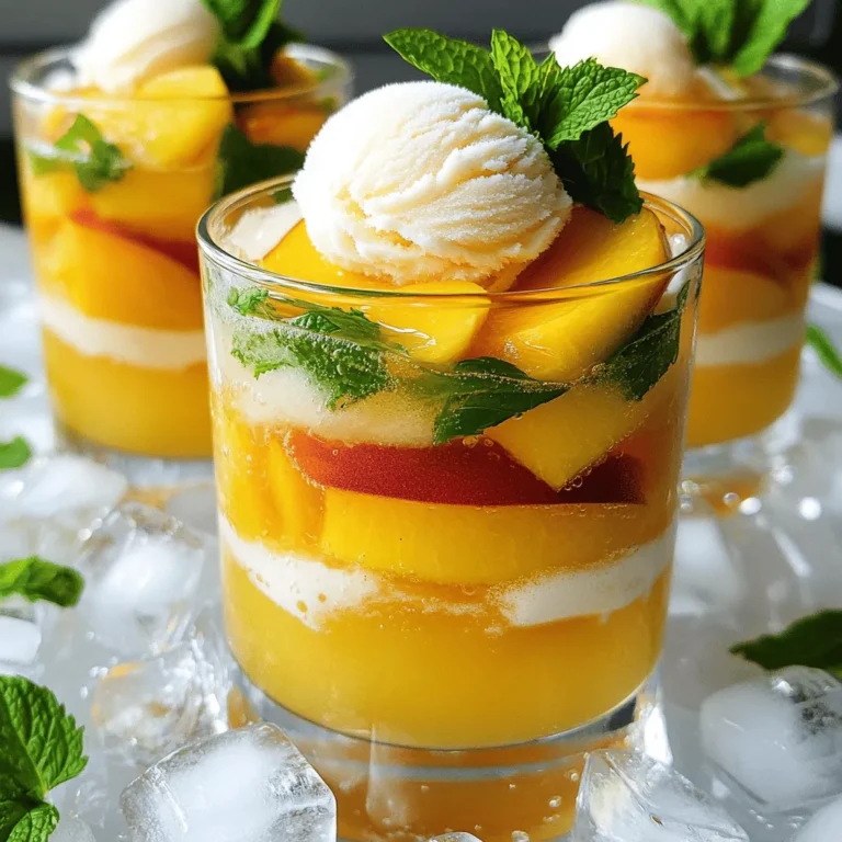 - 2 ripe peaches, pitted and sliced - 1 cup peach sorbet - 2 cups sparkling water (or lemon-lime soda for sweetness) - 1 tablespoon lemon juice - 1 tablespoon fresh mint leaves, chopped (for garnish) - Ice cubes When making Peach Fizz Floats, you want to use ripe peaches. They add great flavor and sweetness. I always choose peaches that feel heavy and have a sweet scent. The peach sorbet gives a creamy texture and coldness. You can use sparkling water for a light drink or lemon-lime soda for extra sweetness. The lemon juice brightens the flavors. It balances the sweetness from the peaches and sorbet. Don't skip the mint garnish. It adds a fresh touch and makes the drink look pretty. - Blender - Serving glasses - Measuring spoons You'll need a blender to make the smooth peach puree. It helps mix the peaches and lemon juice well. A set of measuring spoons ensures you get the right amounts. Use tall serving glasses to show off your float layers. These tools make the process easy and fun. Enjoy the process as much as the drink! For the complete recipe, check the [Full Recipe]. First, slice the ripe peaches and remove the pits. Place the peach slices in a blender. Add one tablespoon of lemon juice to the blender. Blend the mixture until it becomes smooth and creamy. This peach puree will give your floats their fruity flavor. Grab your serving glasses and scoop one cup of peach sorbet into each glass. Make sure to pack the sorbet well. Pour the peach puree over the sorbet until each glass is about halfway full. The sorbet should start to melt slightly, mixing with the puree. Now, slowly pour sparkling water or lemon-lime soda into each glass. Watch the fizz rise as it combines with the puree. If you want an extra chill, add ice cubes to the glasses. Lastly, sprinkle chopped mint leaves on top for a fresh touch. Enjoy your Peach Fizz Floats! You can find the full recipe above. - Choosing ripe peaches: Look for peaches that have a slight give when you press them. They should smell sweet and fruity. Avoid peaches that are too hard or too soft. - Adjusting sweetness levels: Taste your peach puree before adding the sparkling water. If it’s not sweet enough, mix in a little sugar or honey. You can also use lemon-lime soda instead of sparkling water for a sweeter touch. - Best glassware for presentation: Use tall, clear glasses to show off the layers. It makes your floats look attractive and fun. You can also use mason jars for a rustic feel. - Ideal garnishes for enhancing visuals: Fresh mint leaves add a lovely pop of green. You can also add a slice of peach on the rim or a sprinkle of edible flowers for color. - Best time to serve for freshness: Serve your Peach Fizz Floats right after making them. They taste best when the fizz is fresh and bubbly. - Pre-preparation and storage ideas: You can prepare the peach puree ahead of time. Store it in the fridge for up to two days. Just mix it with the sorbet and sparkling water before serving. {{image_2}} You can make Peach Fizz Floats even more exciting with alcohol. Try adding peach schnapps for a sweet kick. Just mix a splash into your glass of peach puree before you add the sparkling water. This adds a fun twist to your drink. Another option is to use wine. A sparkling white wine works well. Just replace the sparkling water with wine for a bubbly treat. This gives a more mature flavor, perfect for summer parties. If you want a refreshing drink without alcohol, there are great non-alcoholic options. Using flavored sparkling water is a fantastic choice. Try peach or raspberry sparkling water. This adds a fruity flavor without extra sugar. You can also swap out the sparkling water for fruit juice. Orange juice or cranberry juice can add a sweet and tangy taste. Mix it with your peach puree for a fruity delight. You don’t have to stick with peach sorbet. You can try other fruit sorbets to mix things up. Mango or raspberry sorbet can add a fun twist to your floats. Each flavor brings a new taste to the drink. If you need dairy-free options, look for dairy-free sorbets. These are made from fruit and water. They provide the same creamy texture without using dairy. This way, everyone can enjoy a Peach Fizz Float! For the full recipe, check out the details above. To keep peaches fresh, store them at room temperature. Once they ripen, place them in the fridge. This slows down spoilage. Eat them within a few days for the best taste. For peach sorbet, store it in the freezer. Make sure it’s in a sealed container. This helps prevent freezer burn. Yes, you can store leftovers! Keep the floats in the fridge for up to a day. However, the fizz will fade. To keep some sparkle, store the sorbet and peach puree separately. Mix them again when ready to serve. This way, you can enjoy the fizz again. You can freeze peach puree easily. Pour the puree into ice cube trays. Once frozen, transfer the cubes to a bag. This method saves space and keeps the flavor. To make ahead, prepare the peach puree and sorbet. Store them in the freezer until you are ready to make your floats. This lets you whip up a refreshing drink anytime! To prepare peaches, first, wash them under cold water. Next, cut the peaches in half. Twist the halves gently to separate them. Use a small knife to remove the pit. Slice the peach into thin pieces for easy blending. This will help create a smooth puree. Fresh peaches add a sweet and juicy flavor to your drink. Yes, you can use frozen peaches! They work well and still taste great. Just let them thaw for a bit before blending. You may need to add a touch more lemon juice to brighten the flavor. Adjust the sweetness by using a little extra sorbet if needed. This way, you can enjoy Peach Fizz Floats any time of year. You can get creative with your garnishes! Try using fruit slices, like lemon or lime, for a pop of color. Berries, such as raspberries or blueberries, also make great additions. You can even add a sprig of rosemary for an herbal touch. These options will make your drink look even more inviting and fun. This blog post shared how to make refreshing Peach Fizz Floats. You learned about the needed ingredients, like ripe peaches and peach sorbet. I explained how to blend the peach puree and assemble your floats. Pro tips helped you select the best peaches and serve them nicely. You can customize with variations, like adding alcohol or different sorbets. Now you can create delightful floats for any occasion. Enjoy making this tasty treat!