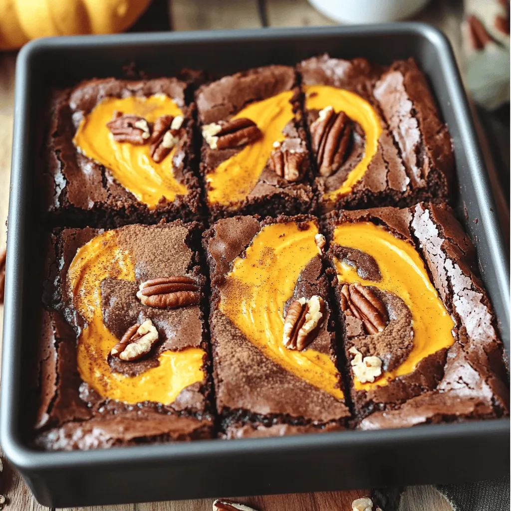 - 1/2 cup unsalted butter - 1 cup granulated sugar - 2 large eggs - 1 teaspoon vanilla extract - 1/3 cup unsweetened cocoa powder - 1/2 cup all-purpose flour - 1/4 teaspoon salt - 1/4 teaspoon baking powder - 1 cup pumpkin puree - 4 oz cream cheese, softened - 1/4 cup powdered sugar - 1/2 teaspoon cinnamon - 1/4 teaspoon nutmeg - 1/4 teaspoon ginger - Optional: Chopped pecans or walnuts for topping Gathering the right ingredients is key to making these brownies. First, I use unsalted butter for a rich flavor. The granulated sugar gives sweetness and helps with texture. I add large eggs to bind everything together. Vanilla extract adds a warm note that pairs well with pumpkin. The cocoa powder and all-purpose flour create the brownie base, while salt and baking powder help the brownies rise and taste great. For the pumpkin cream cheese swirl, I combine pumpkin puree, softened cream cheese, and powdered sugar. The spices—cinnamon, nutmeg, and ginger—bring warmth and depth to the flavor. If you want a bit of crunch, consider adding chopped pecans or walnuts on top. This will enhance both the taste and texture of your brownies. The full recipe is easy to follow and guarantees a delightful treat! 1. Preheat your oven to 350°F (175°C). Grease an 8x8-inch baking pan or line it with parchment paper. This helps the brownies come out easily later. 2. In a medium saucepan, melt 1/2 cup of unsalted butter over low heat. Once melted, take it off the heat and stir in 1 cup of granulated sugar. Mix until smooth and creamy. 3. Beat in 2 large eggs and 1 teaspoon of vanilla extract. Keep mixing until everything is well blended. 1. In a separate bowl, sift together 1/3 cup of unsweetened cocoa powder, 1/2 cup of all-purpose flour, 1/4 teaspoon of salt, and 1/4 teaspoon of baking powder. This step adds air and helps the brownies rise. 2. Gradually add this dry mixture to the butter mixture. Stir until just combined. Be careful not to overmix; this keeps the brownies moist. 3. In another small bowl, stir together 1 cup of pumpkin puree, 4 oz of softened cream cheese, 1/4 cup of powdered sugar, 1/2 teaspoon of cinnamon, 1/4 teaspoon of nutmeg, and 1/4 teaspoon of ginger. Mix until smooth and creamy. 1. Pour half of the brownie batter into your prepared baking pan. Use a spatula to spread it evenly. 2. Dollop the pumpkin cream cheese mixture over the brownie batter. Gently swirl it using a knife or skewer to create a marbled look. 3. Pour the rest of the brownie batter on top. Spread it out gently to cover the pumpkin mixture. 4. If you like, sprinkle chopped pecans or walnuts on top for an extra crunch. 5. Bake in your preheated oven for 25-30 minutes. Check for doneness with a toothpick. It should come out with a few moist crumbs. 6. Let the brownies cool in the pan for at least 10 minutes. Use the parchment paper to lift them out before cutting them into squares. For the full recipe, check out the complete details. Enjoy making these delightful treats! When making these brownies, two key mistakes can ruin your treat: - Overmixing the batter: Mix just until combined. Overmixing leads to dense brownies. - Not measuring ingredients accurately: Use measuring cups and spoons. This ensures the right balance of flavors. To achieve the best results, follow these baking tips: - Using room temperature ingredients: Bring eggs and cream cheese to room temp. This helps them blend smoothly. - Achieving the perfect swirl: When layering the pumpkin cream cheese mixture, use a knife to swirl gently. Don’t overdo it; you want to see both colors. A great-looking dessert makes it even better. Here are some ideas: - Serving warm with whipped cream: A dollop of whipped cream adds creaminess. It also pairs well with the warm brownies. - Decorating with nuts or spices: Sprinkle chopped pecans or walnuts on top for crunch. A dusting of cinnamon or nutmeg makes it look fancy and tastes great too. {{image_2}} You can make these brownies even better by adding fun flavors. Try adding chocolate chips or caramel swirls. These add-ins give a nice texture and taste. You can adjust the spices too. For a warmer flavor, add more cinnamon or a pinch of cloves. This lets you play with the taste until it's just right for you. If you need to avoid gluten, swap the all-purpose flour for a gluten-free mix. Many brands offer good options that work well in baking. For a vegan twist, use a plant-based cream cheese. This still gives you that creamy texture without any dairy. You can also use flax eggs or applesauce instead of regular eggs for a vegan version. These brownies are great on their own, but you can make them special. Serve them warm with a scoop of ice cream. Vanilla or caramel flavors work really well. You can also drizzle some fruit sauce on top for a fruity kick. If you have a holiday gathering, these brownies make a lovely dessert. They look fancy and taste amazing, making them perfect for any celebration. If you're ready to try making these delicious treats, check out the Full Recipe for step-by-step instructions! To keep your pumpkin cream cheese swirl brownies fresh, use airtight containers. After they cool, cut the brownies into squares. Place them in a single layer in the container. If you stack them, place parchment paper between layers. This prevents sticking and keeps them moist. Store your brownies at room temperature for up to three days. If you want to keep them longer, refrigeration is an option. Just remember, cold can dry them out. You can also freeze these delightful brownies for later enjoyment. Cut the brownies into squares before freezing. Wrap each square in plastic wrap. Then place the wrapped brownies in a freezer-safe bag or container. They can stay in the freezer for up to three months. When you want to enjoy them, take them out and thaw in the fridge overnight. For the best taste, let them come to room temperature before serving. To check if your brownies are done, use a toothpick. Insert it into the center of the brownies. If it comes out with a few moist crumbs, they are ready. If it comes out wet, they need more time. I usually bake mine for 25 to 30 minutes. Every oven is a bit different, so keep an eye on them! Yes, you can use a different size pan, but be careful. A larger pan will make the brownies thinner, which means they might bake faster. Check them a few minutes early if you use a bigger pan. A smaller pan will make them thicker and may need more baking time. Adjust the time as needed, so they do not overbake. To reheat brownies, I suggest using the microwave. Place a brownie on a plate and cover it with a damp paper towel. Heat it for about 10 to 15 seconds. This method keeps them soft and moist. You can also use the oven. Preheat to 350°F (175°C) and heat for about 5 minutes. The oven will keep the texture nice. If you want to make the brownies less sweet, reduce the sugar. Try cutting the granulated sugar by a quarter cup. You can also add a pinch of salt to balance the flavors. Adding more cocoa powder can help too, as it adds a rich flavor. Adjusting the spices can also make the taste more complex and less focused on sweetness. For the full recipe, check out the details above! This post shared a simple recipe for brownies with pumpkin cream cheese. You learned about essential ingredients and step-by-step directions. I offered tips to avoid common mistakes and improve your baking. You also found variations for flavor and dietary needs. In the end, baking these brownies is fun and rewarding. Enjoy the process, and don't hesitate to make them your own!