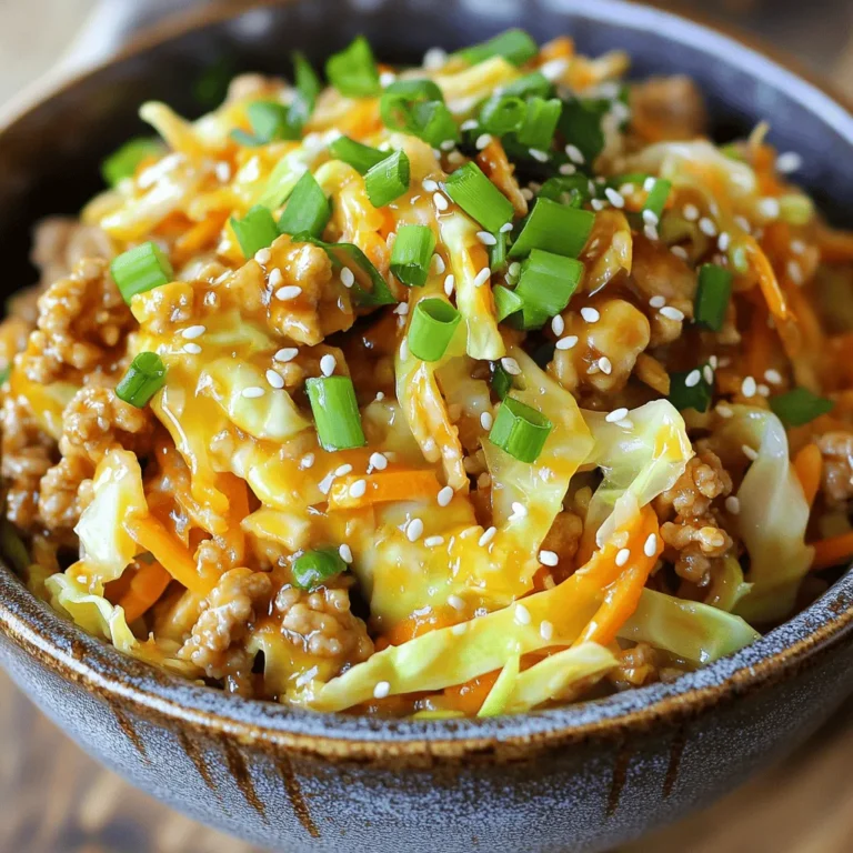 - 1 pound ground chicken or turkey - 4 cups coleslaw mix (shredded cabbage and carrots) - 2 cloves garlic, minced - 1-inch piece of ginger, grated Egg Roll in a Bowl starts with simple yet tasty ingredients. I like using ground chicken, but turkey works too. The coleslaw mix brings crunch and color. Aromatics like garlic and ginger add depth and flavor. These base ingredients create a strong foundation for the dish. - 1 tablespoon sesame oil - 2 tablespoons soy sauce or tamari - 1 tablespoon rice vinegar The right seasonings bring life to the dish. I use sesame oil for a nutty flavor. Soy sauce adds saltiness, while rice vinegar gives a little tang. These three elements blend well and enhance the overall taste of Egg Roll in a Bowl. - 1 tablespoon sriracha for heat - Salt and pepper to taste - Sesame seeds for garnish Adding optional ingredients can elevate your meal. If you like spice, sriracha is a great choice. Season with salt and pepper to get the taste just right. Finally, sesame seeds add a nice touch. They make the dish look pretty and add a slight crunch. For the full recipe, check the previous section. - Gather your ingredients: - 1 pound ground chicken (or turkey) - 4 cups coleslaw mix (shredded cabbage and carrots) - 1 tablespoon sesame oil - 2 tablespoons soy sauce (or tamari for gluten-free) - 1 tablespoon rice vinegar - 2 cloves garlic, minced - 1-inch piece of ginger, grated - 2 green onions, sliced - 1 tablespoon sriracha (optional, for heat) - Salt and pepper to taste - Sesame seeds for garnish - Prepare aromatics and vegetables: Mince garlic and grate ginger. This step adds a rich flavor. Slice green onions for garnish. Set aside. - Sauté garlic and ginger: Heat sesame oil in a large skillet over medium heat. Add minced garlic and grated ginger. Sauté for 1-2 minutes. You want them fragrant and slightly golden. - Cook the ground meat until browned: Add ground chicken to the skillet. Break it apart with a spatula. Cook until browned and no longer pink, about 5-7 minutes. This ensures it’s safe to eat. - Add coleslaw mix and seasonings: Stir in coleslaw mix, soy sauce, rice vinegar, and sriracha if you want some heat. Cook for another 3-5 minutes. The cabbage should wilt but stay crunchy. - Season to taste: Add salt and pepper as you prefer. Mix well to combine all the flavors. - Garnish and serve: Remove from heat and top with sliced green onions. Serve hot and sprinkle sesame seeds on top for a nice crunch. Enjoy your Egg Roll in a Bowl! For the full recipe, check the earlier section. To ensure the meat is cooked thoroughly, use a meat thermometer. Ground chicken should reach 165°F. Break apart the meat with a spatula while cooking. This helps it cook evenly. Stir the meat often to avoid burning. For sautéing aromatics, heat the sesame oil before adding garlic and ginger. Sauté these for 1-2 minutes until they smell great. This step brings out the best flavor. Don't rush; let them cook slowly. To add heat, mix in extra sriracha or some red pepper flakes. If you prefer sweetness, a dash of honey works well. You can also use a bit of brown sugar. These additions create a great balance. To balance flavors, taste as you cook. Adjust the soy sauce, vinegar, and spices to your liking. Each ingredient plays a role, so find what suits your palate. For garnishes, sliced green onions and sesame seeds are perfect. They add color and texture. Sprinkle them on just before serving. For plating, use a wide bowl or plate. This allows the dish to shine. Arrange the Egg Roll in a Bowl in the center. You can also add a side of extra green onions for flair. Enjoy your meal! {{image_2}} You can switch up the protein in this dish. Ground beef or pork works well. Both bring a rich flavor that pairs nicely with the crunchy veggies. If you prefer a meatless option, tofu or tempeh is great. Just crumble them and cook until golden. You can also use lentils for a hearty, plant-based choice. Feel free to add more veggies to your bowl. Bell peppers add sweetness, and snap peas give a nice crunch. You can also use mushrooms for an earthy flavor. If you want an alternative to coleslaw mix, try shredded carrots and cabbage. You can also use broccoli slaw for a different texture. To give your dish a new flair, try some global flavors. Add a bit of curry powder for an Indian touch. You can even use hoisin sauce instead of soy sauce for a sweet twist. Try adding chili paste for a kick or lime juice for brightness. Mixing in spices from other cuisines can make your Egg Roll in a Bowl exciting. To keep Egg Roll in a Bowl fresh, store it in an airtight container. This method locks in flavors and moisture. Place the leftovers in the fridge. They stay good for about 3 to 4 days. You can freeze Egg Roll in a Bowl for longer storage. Use a freezer-safe container or a heavy-duty freezer bag. Remove as much air as possible. This helps prevent freezer burn. It can last for up to 3 months in the freezer. When reheating, the skillet is your best friend. Heat it on medium-low heat to keep the texture nice. Stir frequently to ensure even heat. You can also use the microwave, but be sure to cover it. This helps keep it moist while reheating. How to make Egg Roll in a Bowl gluten-free? To make this dish gluten-free, use tamari instead of soy sauce. Tamari gives a rich flavor without gluten. Also, check your coleslaw mix. Ensure it doesn't contain any hidden gluten. Can I make Egg Roll in a Bowl ahead of time? Yes, you can prepare this dish ahead. Cook it, then cool it down. Store it in the fridge for up to three days. Just reheat it in a pan, stirring well. What can I serve with Egg Roll in a Bowl? You can serve it with rice or cauliflower rice. A side of pickled veggies adds a nice crunch. For extra protein, add a fried egg on top. What can I substitute for ground chicken? You can use ground turkey, pork, or beef. For a vegetarian option, try crumbled tofu or tempeh. Each choice gives a different flavor and texture. How spicy is this recipe with sriracha? With one tablespoon of sriracha, it has a mild heat. If you like spice, add more sriracha to taste. You can also use chili paste for extra kick. Caloric breakdown per serving Each serving has about 300 calories. This includes protein, healthy fats, and fiber from the veggies. Key nutrients in Egg Roll in a Bowl This dish is high in protein from the chicken. It also provides vitamins A and C from the coleslaw mix. Adding sesame seeds boosts healthy fats and minerals. Egg Roll in a Bowl is easy and delicious. You learned about key ingredients, like ground chicken and coleslaw mix, plus tasty seasonings. The step-by-step guide helps you cook and season perfectly. Tips show you how to enhance flavors and present well. You can explore variations for different tastes and origins. Proper storage keeps your leftovers fresh. If you have questions, the FAQs provide clear answers. This meal offers fun and flavor, making it a great choice for any day. Enjoy cooking and sharing your creation!