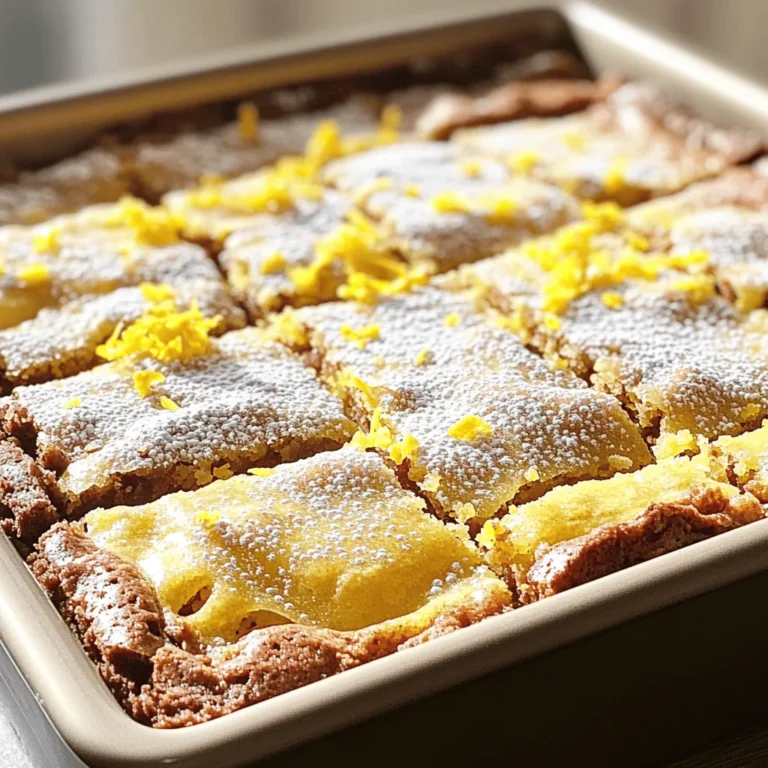 To make lemon brownies, you need these simple ingredients: - 1 cup unsalted butter, melted - 2 cups granulated sugar - 4 large eggs - 2 teaspoons vanilla extract - 1 cup all-purpose flour - 1/2 teaspoon baking powder - 1/4 teaspoon salt - Zest of 2 large lemons - 1/2 cup lemon juice (freshly squeezed) - Powdered sugar for dusting (optional) Using the right measurements is key to great lemon brownies. If you need to substitute, here are some options: - Use coconut oil instead of butter for a dairy-free option. - Swap granulated sugar with coconut sugar for a healthier choice. - You can use egg substitutes like flaxseed meal or applesauce for vegan brownies. - For gluten-free brownies, use a gluten-free flour blend. Fresh lemon juice gives the best flavor. It has a bright, tangy taste that makes brownies pop. Bottled lemon juice lacks this fresh zest. It may also have preservatives or additives. I recommend using fresh lemons for the zest and juice. This will enhance the overall taste of your brownies. If you must use bottled juice, select one without added ingredients for the best outcome. For this recipe, I suggest sticking to fresh ingredients whenever possible. For the full recipe, check the recipe card above. Start by preheating your oven to 350°F (175°C). This step warms the oven for even baking. Next, grab a 9x13-inch baking pan. Grease the pan well using butter or non-stick spray. This helps the brownies come out easily after baking. In a large mixing bowl, combine 1 cup of melted butter and 2 cups of granulated sugar. Stir them well until they look smooth. Then, add 4 large eggs, one at a time. Make sure to beat well after each egg. This adds air to the mix and helps the brownies rise. Now, mix in 2 teaspoons of vanilla extract for flavor. In another bowl, whisk together 1 cup of all-purpose flour, 1/2 teaspoon of baking powder, and 1/4 teaspoon of salt. Slowly add this dry mix to your wet ingredients. Stir just until combined; don’t overmix. Next, gently fold in the zest of 2 lemons and 1/2 cup of freshly squeezed lemon juice. This gives the brownies their fresh zing! Pour the batter into your prepared pan and spread it out evenly. Bake for 25-30 minutes. Check with a toothpick; it should come out with a few moist crumbs. Let the brownies cool completely before cutting them into squares. Enjoy your Lemon Brownies! For more details, refer to the Full Recipe. To get the ideal texture, make sure to measure your flour correctly. Too much flour can make your brownies dry. Use a spoon to scoop flour into your measuring cup and level it off. This method keeps your brownies soft and chewy. Also, do not over mix the batter. Mix just until you see no dry spots. This keeps the brownies light and fluffy. Want to make your lemon brownies even better? Try adding a touch of lime zest. It adds a nice twist to the lemon flavor. You can also mix in some white chocolate chips. They melt and create creamy pockets in your brownies. If you like nuts, chopped walnuts or almonds can give a nice crunch. Consider adding a pinch of sea salt on top for a sweet and salty contrast. If your brownies turn out too dense, it might be due to over mixing. Remember, mix just until combined. If they are too dry, check your oven temperature. Ovens can vary, so a thermometer can help. If they are too sticky, they may need a bit more baking time. Always let them cool fully before cutting. This helps them set and makes them easier to slice. For the full recipe, refer back to the beginning of the article. {{image_2}} You can make gluten-free lemon brownies with ease. Replace all-purpose flour with gluten-free flour. Look for a blend that works well for baking. This swap keeps your brownies soft and tasty. The texture may differ slightly, but the fresh lemon flavor shines through. To create vegan lemon brownies, swap the eggs for flax eggs. Mix one tablespoon of ground flaxseed with three tablespoons of water for each egg. Let it sit for five minutes to thicken. Use a non-dairy butter or coconut oil instead of regular butter. This keeps the moisture and flavor intact. Want to mix it up? Add chocolate chips to the batter for a sweet twist. Dark or white chocolate pairs nicely with lemon. You can also add berries like blueberries or raspberries. They add a fruity burst that complements the lemon well. Try adding nuts for crunch or a hint of vanilla for warmth. For the full recipe, follow the instructions to create your perfect lemon brownies! After baking your lemon brownies, you might have some left. To keep them fresh, let them cool completely. Use an airtight container to store them. They will stay good at room temperature for up to three days. If you want them to last longer, refrigeration is a great option. Just remember to wrap them tightly in plastic wrap before placing them in the fridge. If you want to keep your lemon brownies for a longer time, freezing is the way to go. First, make sure they are completely cool. Cut them into squares. Place each square in a freezer-safe bag or container. You can stack them, but make sure you separate layers with parchment paper. Your brownies will stay fresh in the freezer for up to three months. When you want to enjoy them, just thaw them at room temperature. To keep your lemon brownies tasting great, avoid exposing them to air. Always store them in an airtight container. If you have a lot left, consider slicing only what you plan to eat soon. This way, the whole batch stays fresh longer. If you add powdered sugar on top, wait until just before serving. This keeps the sugar from getting wet and clumpy. Follow these tips, and your lemon brownies will be a refreshing treat whenever you want! For detailed steps on making these brownies, check out the Full Recipe. Yes, you can use bottled lemon juice. However, fresh lemon juice tastes better. It has a bright, vibrant flavor. Fresh lemons also add zest, which enhances the flavor. If you have fresh lemons, use them for the best results. To add more tartness, use extra lemon juice or zest. You can also add a bit of lemon extract. Start with a teaspoon of lemon extract and taste as you go. A touch of cream of tartar can also boost the tangy flavor. To cut brownies neatly, use a sharp knife. Dip the knife in hot water, then wipe it dry. This makes clean cuts and avoids sticky edges. Cut the brownies while they are cool for the best results. Lemon brownies stay fresh for about 3-4 days at room temperature. Store them in an airtight container to keep them moist. If you want them to last longer, refrigerate for up to a week. You can also freeze them for up to three months. Just wrap them tightly to avoid freezer burn. Enjoy every bite! You learned about the key ingredients needed for lemon brownies, how to mix them, and the best baking methods. I shared tips for a perfect bake, along with ways to make these brownies gluten-free or vegan. Plus, I included storage tips to keep leftovers fresh. As you bake, remember to adjust flavors to your liking. Enjoy your delicious lemon brownies, and don’t hesitate to experiment with variations! Happy baking!