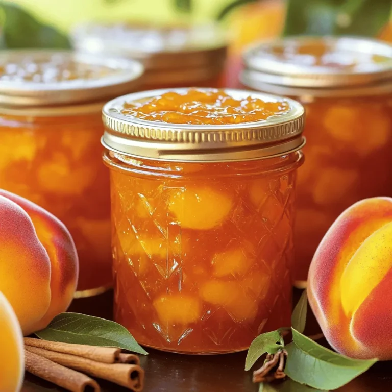To make this jam, gather these key ingredients: - 4 cups ripe peaches, peeled and diced - 2 cups granulated sugar - 1 tablespoon lemon juice - 1/4 teaspoon almond extract - 1 teaspoon ground cinnamon - 1 packet (1.75 oz) fruit pectin (like Sure-Jell) - 1/2 teaspoon vanilla extract (optional) These main ingredients create a sweet and tangy flavor. The peaches give the jam its fresh taste. The sugar helps preserve it and adds sweetness. The lemon juice brightens the flavors and balances the sweetness. Almond extract adds a lovely hint of nuttiness, while cinnamon offers warmth. You can enhance your peach jam with these optional ingredients: - Fresh herbs like basil or mint - A splash of brandy or bourbon for depth - Other spices, such as ginger or nutmeg Adding fresh herbs brings a unique twist to the jam. A splash of alcohol can add richness. Experiment with spices to find your favorite flavor notes. These enhancements allow for creativity and personalization. To make your jam, ensure you have these tools: - Large heavy-bottomed pot - Potato masher or fork - Measuring cups and spoons - Sterilized jars with lids - A clean kitchen towel These tools help you create your jam more easily. A heavy pot ensures even cooking. The potato masher is great for breaking down the peaches. Sterilized jars keep your jam safe for storage. Having the right tools makes the process smooth and enjoyable. For the complete recipe, check out the Full Recipe. Start with ripe peaches. Wash them well and peel off the skin. This step is key for a smooth jam. Next, dice the peaches into small pieces. You can use a knife or your hands. Place the diced peaches in a large bowl. This bowl is where all the magic begins. If you like a chunkier jam, mash them slightly. A potato masher works well for this. In a big pot, combine the mashed peaches, sugar, lemon juice, almond extract, and cinnamon. Stir this mixture well until the sugar dissolves. Set the pot over medium heat. Bring the mixture to a gentle boil. Stir constantly to avoid burning. Boil for about ten minutes. After that, add the fruit pectin and mix it in. Bring it back to a rolling boil for another 2-3 minutes. This is where you create that perfect jam texture. Once your jam reaches the right consistency, remove the pot from the heat. Use a ladle to fill sterilized jars. Leave about 1/4 inch at the top. Clean the rims with a cloth to ensure a good seal. Place the lids on the jars and screw on the bands. Process the jars in a boiling water bath for 5-10 minutes. This helps seal them for long-term storage. After that, cool the jars on a kitchen towel. Check the seals; they should be firm. Store your jam in a cool, dark place. Enjoy your homemade French Country Peach Jam anytime! For the complete recipe, check out the Full Recipe section. To get the right jam texture, check the mixture while cooking. After boiling for ten minutes, test a spoonful on a plate. Wait a minute, then drag your finger through it. If it holds a line, you’re good! If not, boil for another minute. Remember, overcooking can make your jam too thick, while undercooking will leave it runny. One common mistake is not using ripe peaches. Choose peaches that are soft and fragrant. If they are hard, your jam may lack flavor. Also, don't skip the pectin; it helps the jam set properly. Lastly, ensure you sterilize your jars. This keeps your jam safe and tasty. You can make your peach jam even better! Adding a splash of lemon juice brightens the flavor. Almond extract adds a nice nutty touch. If you want something special, try adding a little vanilla extract. Ground cinnamon gives warmth and depth. Mix and match these flavors to find your favorite. {{image_2}} You can mix in other fruits for new flavors. Try adding blueberries or strawberries. These fruits pair well with peaches. You can also use mango for a tropical twist. Just keep the ratio of peaches to other fruits similar. This way, your jam stays peachy and delicious. Spices can change the taste of your jam. Consider adding a pinch of nutmeg or ginger. Both spices bring warmth and depth. You could also try adding a little cardamom for a floral note. Experiment with these spices to find your favorite blend. If you want a healthier jam, consider sugar substitutes. You can use honey or agave syrup. Both add sweetness without refined sugar. Remember, using these may alter the flavor slightly. Always taste your jam as you go to get it just right. For a lower-calorie option, try stevia or monk fruit sweetener. To keep your peach jam fresh, store it in a cool, dark place. A pantry or cupboard works well. Make sure to use clean, sterilized jars to avoid spoilage. Once opened, keep it in the fridge. This helps maintain the taste and texture. Homemade peach jam lasts about one year when sealed and stored properly. After opening, it stays good for 2 to 3 weeks in the fridge. Always check for signs of spoilage, like off smells or mold. If you see any, toss it out. Freezing is a great way to keep your peach jam longer. To freeze, first, let the jam cool completely. Then, pour it into freezer-safe containers, leaving space for expansion. Seal tightly and label with the date. You can freeze jam for up to a year. When ready to use, thaw it in the fridge overnight. For the complete recipe, check the Full Recipe section! To make French Country Peach Jam, start with ripe peaches. Peel and dice about 4 cups. In a big pot, mash the peaches. Combine them with 2 cups of sugar, 1 tablespoon of lemon juice, 1/4 teaspoon of almond extract, and 1 teaspoon of ground cinnamon. Heat this mix until it boils. Add 1 packet of fruit pectin, then boil for a few more minutes. Pour it into jars and seal. This simple method gives you sweet, tasty jam. The best peaches for jam are ripe and sweet. Look for yellow or white peaches. They should be soft to the touch but not mushy. Freestone peaches are easy to work with since the pit comes out cleanly. Local peaches in season often have the best flavor. If you can, choose organic peaches for a cleaner taste. You can find French Country Peach Jam at local farmers' markets or specialty stores. Many shops sell homemade jams made by local artisans. Online stores also offer various brands. If you want a specific flavor, check gourmet shops or websites that focus on preserves. You might even find some unique versions with added spices or other fruits. Yes, you can substitute some ingredients. For instance, if you don't have almond extract, vanilla extract works well too. You can also use honey or agave syrup instead of sugar, but this may change the jam's texture. If you want a lower sugar option, use less sugar and increase the pectin. Just keep in mind that substitutions can affect flavor and consistency. You’ve learned how to make French Country Peach Jam with fresh peaches, tools, and tips. From preparing the fruit to perfecting the jarred jam, each step matters. Avoid common mistakes and explore flavor variations to make it your own. Remember to store your jam correctly for the best taste. Enjoy your homemade treat and the fun of sharing it with others. Making jam isn't just cooking; it’s creating memories.
