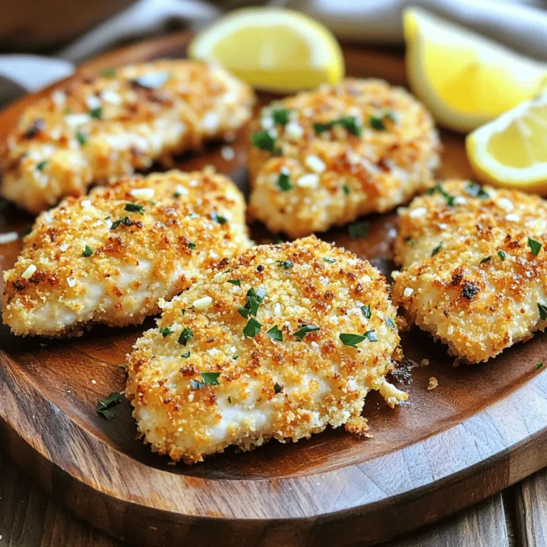 To make Garlic Parmesan Chicken, gather these main ingredients: - 4 boneless, skinless chicken breasts - 1 cup grated Parmesan cheese - 1 cup breadcrumbs (preferably panko for extra crunch) These ingredients work together to create a juicy chicken with a crispy, cheesy crust. Next, you need seasoning and coating ingredients to add flavor: - 4 cloves garlic, minced - 1/4 cup fresh parsley, chopped - 1/4 cup olive oil - 1 teaspoon salt - 1/2 teaspoon black pepper - 1/2 teaspoon paprika - 1/2 teaspoon garlic powder These seasonings enhance the taste of the chicken and make it truly irresistible. Pair your Garlic Parmesan Chicken with tasty side dishes to complete your meal. I recommend: - Steamed broccoli - Roasted potatoes - Mixed green salad These sides balance the flavors and add more nutrition to your dinner. For the full recipe, check out the detailed instructions. Start by preheating your oven to 400°F (200°C). This helps the chicken cook evenly. Next, take your chicken breasts and rinse them under cold water. Pat them dry with paper towels. This step ensures that the coating sticks well. Then, drizzle olive oil over the chicken. Make sure to coat each piece well. This helps the breadcrumbs stick and adds a lovely flavor. In a large bowl, mix together the following ingredients: - 1 cup grated Parmesan cheese - 1 cup breadcrumbs (panko works best) - 4 cloves garlic, minced - 1/4 cup fresh parsley, chopped - 1 teaspoon salt - 1/2 teaspoon black pepper - 1/2 teaspoon paprika - 1/2 teaspoon garlic powder Combine these well. This mixture gives the chicken its crispy coating. Take each chicken breast and dredge it in this mix. Make sure to coat both sides fully. This helps lock in the flavor and crunch. Place the coated chicken breasts on a baking sheet lined with parchment paper. It keeps the chicken from sticking and makes cleanup easy. Bake them in the preheated oven for 25-30 minutes. Check that the internal temperature reaches 165°F (75°C). This shows the chicken is cooked through. When done, let the chicken rest for a few minutes before serving. This lets the juices settle. Serve the Garlic Parmesan Chicken with lemon wedges for a fresh twist. To get a crispy coating, use panko breadcrumbs. They are lighter and crunchier than regular ones. Mix the breadcrumbs with grated Parmesan cheese and minced garlic. This mix adds flavor and texture. Make sure to coat the chicken well. Dip it in the oil first. Then, dredge it in the breadcrumb mix. This helps the coating stick better. Bake the chicken at 400°F (200°C). This high heat helps achieve a golden crust. Cook the chicken for 25 to 30 minutes. To check if it's done, use a meat thermometer. The inside should reach 165°F (75°C). If you do not have a thermometer, cut into the chicken. The juices should run clear, not pink. Presentation makes food more enjoyable. Arrange the chicken on a nice platter. Sprinkle fresh parsley on top for color. Add lemon wedges on the side. This not only looks great but also adds a fresh zest when served. For a touch of elegance, serve with a small bowl of extra Parmesan for guests to sprinkle on their chicken. {{image_2}} You can boost the flavor of Garlic Parmesan Chicken by adding herbs. Fresh herbs like thyme, rosemary, or basil work great. Just chop them finely and mix them into the breadcrumb mixture. This will add a lovely aroma and taste to your dish. You can also use dried herbs if fresh ones are not available. Just use half the amount since dried herbs have a stronger flavor. If you have dietary needs, you can still enjoy this dish. To make it gluten-free, swap regular breadcrumbs for gluten-free ones. You can also use almond flour or crushed nuts for a crunchy texture. If you're avoiding dairy, try using nutritional yeast instead of Parmesan. It adds a cheesy flavor without the dairy. You don't have to bake Garlic Parmesan Chicken in the oven. You can cook it in an air fryer for a crispy finish. Cook it at 375°F (190°C) for about 15-20 minutes. You can also grill the chicken for a smoky flavor. Just be sure to check the internal temperature reaches 165°F (75°C). Each method offers a unique taste and texture, making this dish adaptable for any occasion. For the full recipe, check out the instructions above. After you enjoy your Garlic Parmesan Chicken, let any leftovers cool down. Place the chicken in an airtight container. You can store it in the fridge for up to three days. This keeps the chicken fresh and tasty for your next meal. Just remember to seal the container well. This prevents the chicken from drying out or absorbing other smells. When it's time to eat the leftovers, you want them warm and crisp. Preheat your oven to 350°F (175°C). Place the chicken on a baking sheet. Bake for about 15 minutes. This way, the coating stays crunchy, and the chicken warms evenly. If you’re in a hurry, you can use the microwave. Heat the chicken for about 1-2 minutes. But be careful; the coating may not be as crispy. If you want to save some chicken for later, freezing is a great option. Wrap each piece in plastic wrap. Then, place them in a freezer bag. This helps keep them fresh. You can freeze the chicken for up to three months. When you're ready to eat, thaw it in the fridge overnight. After thawing, reheat it in the oven for the best results. This keeps the flavors locked in and makes a quick meal easy! You can easily make Garlic Parmesan Chicken gluten-free. Just swap the regular breadcrumbs for gluten-free breadcrumbs. Look for brands that use rice or corn. You can also use crushed gluten-free crackers for a nice crunch. This small change keeps the meal tasty and safe for those with gluten issues. Yes, you can use chicken thighs. Thighs have more fat, which makes them juicy and flavorful. They cook the same way as chicken breasts. Just make sure to adjust the cooking time as thighs may take a bit longer to reach a safe temperature. Garlic Parmesan Chicken pairs well with many sides. Here are a few ideas: - Roasted vegetables: Carrots, broccoli, or Brussels sprouts add color and nutrients. - Mashed potatoes: Creamy mashed potatoes balance the crispy chicken. - Green salad: A fresh salad adds crunch and lightness. - Rice or quinoa: These grains soak up the chicken’s flavors well. To tell if the chicken is done, use a meat thermometer. Insert it into the thickest part of the chicken. It should read 165°F (75°C) for safe eating. The juices should run clear, not pink. This ensures you enjoy a safe and tasty meal. This blog post covered everything you need to know about Garlic Parmesan Chicken. We discussed the main ingredients and easy steps for preparation. I shared tips for a crispy coating and suggested great side dishes. You can even explore variations to suit your taste. In closing, this dish is simple to make and will impress anyone. Whether you're a beginner or seasoned cook, Garlic Parmesan Chicken is a winner for any meal! Enjoy cooking and sharing this tasty recipe.