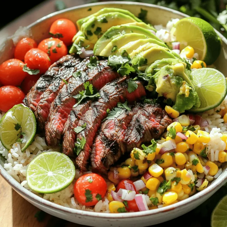 - 1 lb flank steak - 2 cups cooked jasmine rice - 1/4 cup fresh cilantro, chopped - 2 limes (juice and zest) - 2 tablespoons olive oil - 1 teaspoon cumin - 1 teaspoon garlic powder - Salt and pepper to taste - 1 cup cherry tomatoes, halved - 1 avocado, sliced - 1 jalapeño, thinly sliced (optional) - 1/4 cup red onion, thinly sliced - 1/2 cup corn (fresh or canned) The ingredients for the cilantro lime steak and rice bowl come together to create a fresh and zesty meal. Each ingredient plays a role in building layers of flavor. Flank steak gives you a tender bite, while the lime juice brightens it up. The jasmine rice provides a warm base, soaking up all the juices. Fresh cilantro adds a burst of color and taste. Don't forget the lime zest! It adds depth. Cherry tomatoes bring sweetness, and avocado provides creaminess. If you like some heat, add thin jalapeño slices. Red onion adds crunch, and corn brings a hint of sweetness. - Additional vegetables - Alternative proteins (chicken, shrimp, etc.) - Low-carb substitutions Feel free to make this dish your own! You can add extra veggies like bell peppers or zucchini. You can swap the steak for chicken or shrimp if you prefer. If you're watching carbs, try cauliflower rice instead of jasmine rice. This meal is all about your taste. I love how easy it is to adjust based on what you have on hand. You can find the full recipe in the earlier section. Enjoy making this flavorful meal! To start, you need to make a tasty marinade. Combine lime juice, lime zest, olive oil, cumin, garlic powder, salt, and pepper in a bowl. Mix it well. Then, take the flank steak and place it in a resealable bag or a shallow dish. Pour the marinade over the steak, making sure it is well-coated. Seal the bag or cover the dish. Let it marinate in the fridge for at least 30 minutes. For more flavor, let it sit for up to 2 hours. Next, prepare the jasmine rice. Follow the package instructions carefully. This usually involves rinsing the rice, then cooking it in water until tender. Once it's done, fluff the rice with a fork and set it aside. This will be the base of your bowl. Now, it’s time to grill the steak. Preheat your grill or grill pan over medium-high heat. Remove the steak from the marinade and throw away the marinade. Grill the steak for about 4 to 5 minutes on each side. This should get you a nice medium-rare steak. Once cooked, let the steak rest for about 5 minutes. This helps keep it juicy. After resting, slice the steak against the grain. While the steak is resting, it’s a great time to prep your toppings. Slice the cherry tomatoes and avocado. If you like heat, thinly slice the jalapeño. Finally, chop the red onion. These toppings add freshness and crunch to your bowl. To put it all together, grab a bowl. Start with a generous layer of jasmine rice as your base. Then, add the sliced steak on top. Next, pile on the cherry tomatoes, avocado, red onion, corn, and finish with a sprinkle of fresh cilantro. For the final touch, drizzle some extra lime juice over the top. This adds brightness and flavor. You can garnish with more cilantro if you like. Now your Cilantro Lime Steak and Rice Bowl is ready to enjoy! For the complete details on making this dish, check out the Full Recipe. Grilling or searing both work well for this dish. Grilling gives a nice smoky flavor. It adds beautiful grill marks and a juicy texture. Searing in a pan also works. Use medium-high heat to get a good crust. Each method has its charm, so choose what fits your kitchen best. Using a meat thermometer is key for perfect doneness. Insert it into the thickest part of the steak. For medium-rare, aim for 130°F. Let the steak rest after cooking. This helps keep the juices inside, making each bite tender and flavorful. Letting the steak marinate longer improves flavor. I suggest at least one hour, or even overnight. This allows the lime and spices to soak into the meat. A well-marinated steak makes a big difference. Adding spices and herbs to the rice elevates the dish. I like to mix in some garlic powder or cumin while cooking. Fresh herbs like cilantro or parsley also add a burst of flavor. Experiment with what you have on hand to make it your own. To serve, use large shallow bowls. Arrange the ingredients in sections for a colorful display. Keep the rice at the base. Lay the steak slices on top, then add the veggies around. This not only looks great but also makes it easy for guests to customize their bowls. Add lime wedges on the side. They enhance the visual appeal and offer extra zing. A bright presentation makes the meal feel special and inviting. For the complete recipe, check the Full Recipe. {{image_2}} You can easily switch to vegetarian options. Try using paneer or tofu as a protein base. Both options absorb flavors well. They add a creamy texture and protein boost. You can also customize with more vegetables. Consider adding bell peppers, zucchini, or broccoli. These veggies add crunch and nutrition. Mix and match to fit your taste. While jasmine rice is delicious, you can try other grains. Quinoa is a great choice for added protein and fiber. It cooks quickly and has a nutty flavor. You can also use cauliflower rice for a low-carb twist. This option is light and very healthy. Other rice types like brown rice or basmati also work well. They offer different textures and flavors to enjoy. For a creamy touch, try avocado crema. It adds richness and balances the dish nicely. Just blend ripe avocados, lime juice, and a bit of salt. If you like spice, explore different salsa options. A mango salsa adds sweetness, while a tomatillo salsa brings heat. Each sauce gives a unique twist to the bowl. Check out the Full Recipe for more ideas and details! To keep your cilantro lime steak and rice bowl fresh, store leftovers right. First, let the bowl cool to room temperature. Then, transfer the food into airtight containers. This helps prevent moisture loss. For best results, refrigerate leftovers within two hours of cooking. Store the steak, rice, and toppings separately if possible. This keeps each ingredient fresh and tasty. I recommend using glass containers. They are durable and easy to clean. When you’re ready to enjoy leftovers, reheating carefully is key. For the best taste, use the stovetop. Heat a skillet over medium heat. Add a splash of water or broth to keep the steak juicy. Heat for about 3-4 minutes, turning the steak halfway. For rice, you can microwave it. Add a few drops of water and cover it. Heat for one minute, stir, then heat for another minute. This keeps the rice fluffy. If you want to save some for later, freezing is a great option. Divide the steak, rice, and toppings into portions. Use freezer-safe bags or containers. Be sure to label each bag with the date. To thaw safely, move the portion to the fridge the night before. This keeps the food at a safe temperature. If you need it fast, use the microwave on the defrost setting. Just remember to cook it right after thawing for the best flavor. To make steak tender, you can use a few techniques. First, marinate the meat. Use an acid like lime juice from the recipe. This will break down tough fibers. Second, use a meat mallet. Gently pound the steak to break down its fibers. Third, slice the steak against the grain. This makes each bite easier to chew. Yes, you can use other cuts. Some great alternatives include skirt steak, sirloin, or ribeye. Each has its own flavor and texture. Just remember to adjust cooking times as needed. For a leaner option, consider chicken breast or pork tenderloin. This dish goes well with many sides. You might try a fresh salad or grilled vegetables. Corn on the cob or black beans also pair nicely. For a crunchy option, consider tortilla chips with salsa. Each side adds a unique flavor to your meal. Cooked steak and rice can last in the fridge for about 3 to 4 days. Store them in an airtight container. If you want to keep them longer, consider freezing them. In the freezer, they can last for about 2 to 3 months. Yes, this dish is gluten-free! All the ingredients are safe. Just make sure to check any packaged items, like corn, for hidden gluten. This makes it a great option for those with gluten sensitivities. Enjoy this meal without worry! To sum up, we explored a delicious Cilantro Lime Steak and Rice Bowl. We covered the key ingredients, step-by-step cooking methods, and tips for enhancing flavor. You can also customize this dish with various proteins and grains. Remember, letting the steak marinate and using fresh toppings can elevate your meal. Whether you're cooking for yourself or sharing, this recipe is sure to impress. Now, get cooking and enjoy each bite of your tasty creation!