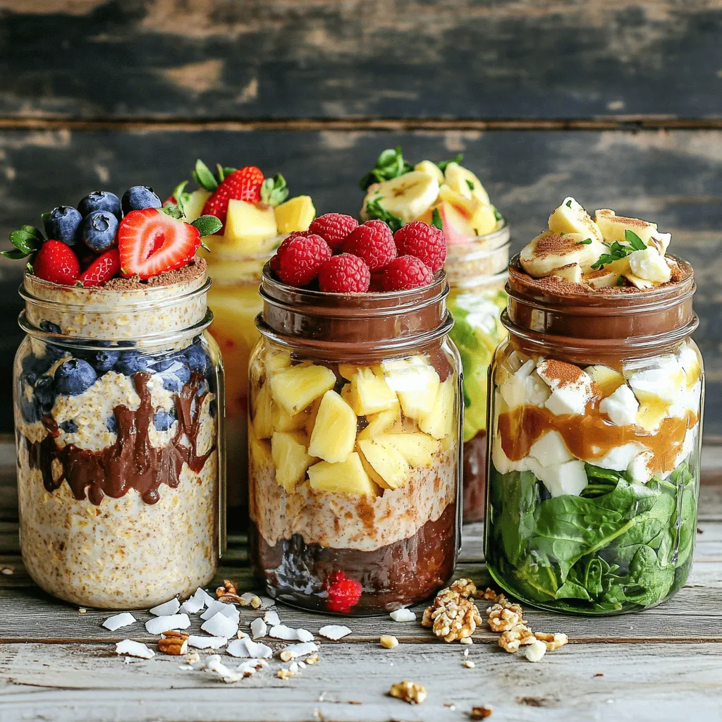 To make great overnight oats, you need a few basic ingredients. Here’s what you'll need: - 1 cup rolled oats - 2 cups almond milk (or any milk of choice) - 1 tablespoon chia seeds - 2 tablespoons maple syrup (or honey) - 1 teaspoon vanilla extract These ingredients create a creamy and tasty base for your oats. They soak overnight, making them soft and ready to eat in the morning. Now, let's add some fun flavors to each type of overnight oats. Here’s what you can use for each variation: - Berry Blast: 1/2 cup mixed berries (strawberries, blueberries, raspberries) - Nutty Chocolate: 2 tablespoons cocoa powder, 1/4 cup chopped nuts (walnuts, almonds) - Tropical Paradise: 1/2 banana, 1/4 cup coconut flakes, 1/4 cup diced pineapple - Apple Cinnamon Delight: 1/2 apple (diced), 1 teaspoon cinnamon, 1 tablespoon peanut butter - Savory Spinach Feta: 1/2 cup fresh spinach, 1/4 cup crumbled feta, 1 tablespoon olive oil, salt and pepper to taste These add-ins make each jar unique and flavorful. You can mix and match to find your favorite! Toppings can make your overnight oats even more exciting. Here are some great ideas: - Fresh fruits (extra berries, banana slices, or apple slices) - Nuts and seeds (almonds, walnuts, or sunflower seeds) - Drizzles of honey or maple syrup - A sprinkle of cinnamon or nutmeg Adding toppings adds texture and flavor to your oats. You can experiment with different combinations to find your perfect breakfast! If you want the full recipe, check out the complete guide for Overnight Oats Five Ways. To start, you need to mix the base ingredients. In a large bowl, add: - 1 cup rolled oats - 2 cups almond milk (or any milk of choice) - 1 tablespoon chia seeds - 2 tablespoons maple syrup (or honey) - 1 teaspoon vanilla extract Stir well until everything blends nicely. This mix is the foundation for your overnight oats. After mixing, divide it evenly into five jars or containers. Each jar will hold one unique flavor. Now, let’s add some fun flavors! Here’s how to create each version: 1. Berry Blast: In one jar, add 1/2 cup mixed berries. Stir gently to mix. 2. Nutty Chocolate: In the second jar, mix in 2 tablespoons cocoa powder and 1/4 cup chopped nuts. 3. Tropical Paradise: In the third jar, layer 1/2 banana (sliced), 1/4 cup coconut flakes, and 1/4 cup diced pineapple. 4. Apple Cinnamon Delight: In the fourth jar, mix in 1/2 diced apple, 1 teaspoon cinnamon, and 1 tablespoon peanut butter. 5. Savory Spinach Feta: In the fifth jar, mix in 1/2 cup fresh spinach, 1/4 cup crumbled feta, and 1 tablespoon olive oil. Season with salt and pepper. After preparing each jar, close them tightly and place them in the fridge overnight. Layering is key for flavor and texture. To keep things neat: - Add fruit or toppings on top of the oats. This keeps them fresh and crunchy. - Mix dry ingredients separately and add them to the oats. This helps blend flavors evenly. - If you want to switch it up, feel free to add other toppings in the morning. Some ideas are nuts, seeds, or extra fruit. By following these steps, you can create five tasty variations of overnight oats. Enjoy your delicious breakfasts with ease! For the full recipe, refer to the detailed instructions above. When making overnight oats, keep these tips in mind: - Use glass jars: They help keep your oats fresh and let you see the layers. - Prep in bulk: Make multiple jars at once. This saves time for busy mornings. - Mix well: Stir the base mixture thoroughly to avoid clumps. A good mix ensures creamy oats. Here are some mistakes to steer clear of: - Skipping the chia seeds: They help thicken your oats. Don’t leave them out! - Too much liquid: If you use too much milk, your oats can turn soupy. Stick to the recipe. - Skipping toppings: Toppings add flavor and texture. Always include them for a better breakfast. You can make overnight oats a few days in advance: - Store in the fridge: Keep them cold for freshness. - Label jars: Write the date on the jars. This helps track freshness. - Use variations: Rotate flavors each week. This keeps breakfast exciting! Try out the Full Recipe to create these delicious oats in no time! {{image_2}} For a fresh start, try the Berry Blast. You need: - 1/2 cup mixed berries (strawberries, blueberries, raspberries) This mix gives a sweet and tart taste. Just add the berries to your jar after mixing the oats. Stir gently to keep berries whole. They will soak overnight and burst with flavor by morning. If you crave something rich, go for Nutty Chocolate. Gather these: - 2 tablespoons cocoa powder - 1/4 cup chopped nuts (walnuts, almonds) Mix the cocoa powder into your oats for a deep chocolate flavor. Fold in the nuts for that crunchy texture. This combo makes breakfast feel like dessert! For a taste of the tropics, make Tropical Paradise. You’ll need: - 1/2 banana, sliced - 1/4 cup coconut flakes - 1/4 cup diced pineapple Layer the banana, coconut, and pineapple in your oats. This mix is perfect for sunny days. For a warm cozy vibe, try Apple Cinnamon Delight. Gather these: - 1/2 apple, diced - 1 teaspoon cinnamon - 1 tablespoon peanut butter Stir the apple, cinnamon, and peanut butter into your oats. This combo is comforting and filling. For something different, go savory with Savory Spinach Feta. You’ll need: - 1/2 cup fresh spinach - 1/4 cup crumbled feta - 1 tablespoon olive oil - salt and pepper to taste Mix in the spinach and feta, then drizzle olive oil. Season with salt and pepper. This one is great for those who want a savory breakfast. All these recipes use the same base from the Full Recipe. You can mix and match to fit your taste. Enjoy your oats in many fun ways! To store overnight oats, use airtight containers. I prefer glass jars for easy viewing. Seal them tightly to keep out air and moisture. Place your jars in the fridge right after making them. This keeps the oats fresh and tasty. Each jar is ready to eat the next morning. - Layering Ingredients: To keep flavors fresh, layer your ingredients. Place wetter toppings at the bottom. This way, they won’t make the oats soggy. - Mix Before Serving: Give each jar a good stir before eating. It redistributes flavors and textures. - Use Fresh Ingredients: Always use fresh fruits and nuts. They add crunch and taste. Avoid adding toppings until you are ready to eat. This keeps them crisp. - Rolled Oats: Last up to 6 months in the fridge. - Chia Seeds: Stay fresh for about 2 years when stored properly. - Milk: Depends on the type. Almond milk lasts about 7-10 days once opened. - Fruits: Fresh fruits like berries last 3-5 days. Bananas may brown faster, so add them just before eating. - Nuts: Keep well for 1-2 months. Store them in a cool, dry place. These tips help you enjoy overnight oats at their best! For a detailed recipe, check the Full Recipe section. You can keep overnight oats in the fridge for up to five days. This makes them great for meal prep. Just remember to store them in airtight containers. Each morning, stir your oats well before eating. If you notice any changes in smell or texture, it’s best to toss them. Yes, you can use steel-cut oats, but the texture will change. Steel-cut oats take longer to soften. I suggest soaking them longer than rolled oats. If you want creamy oats, use rolled oats for best results. Steel-cut oats will give a chewier bite and a heartier feel. You have many great options for dairy substitutes. Almond milk is a favorite, but you can also try: - Coconut milk - Soy milk - Oat milk - Cashew milk These options add unique flavors and keep your oats creamy. Choose what fits your taste or dietary needs. For a richer taste, try full-fat coconut milk. Overnight oats are easy and fun to make. You learned about the main ingredients, how to prepare them, and tasty variations to try. We covered vital tips for meal prep and storage. Now, you can enjoy oats that fit your taste. Start exploring different flavors and enjoy the benefits of healthy eating. Remember, the key is to experiment and find what you love. Happy oat-making!