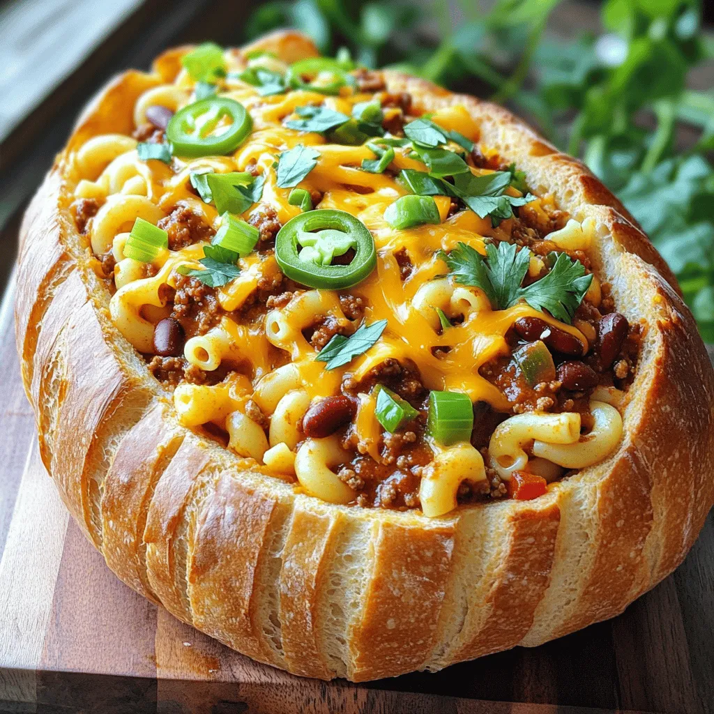 - 1 large sourdough bread loaf - 1 cup elbow macaroni - 1 can (15 oz) chili (vegetarian or meat-based) - 1 cup shredded cheddar cheese - 1/2 cup diced bell peppers (any color) - 1/4 cup chopped green onions - 1 tablespoon olive oil - 1 teaspoon garlic powder - 1 teaspoon cumin - Salt and pepper to taste To make this Tailgate Chili Mac Bread Bowl, start with key items. The sourdough bread loaf forms a sturdy bowl. I love the taste of sourdough; it adds a great depth of flavor. Next, elbow macaroni creates a fun texture and heartiness. For the chili, you can use either vegetarian or meat-based options. Both taste amazing. Now, let's add some extra touch with shredded cheddar cheese. It melts beautifully and makes every bite rich. Diced bell peppers add sweetness and color, making the dish more vibrant. Green onions lend a fresh crunch that brightens up the mix. Don't forget the spices! Olive oil helps sauté the peppers, making them soft and sweet. Garlic powder gives a nice kick, while cumin adds warmth. Salt and pepper enhance all the flavors, making them pop. For the full recipe, remember to check the steps and enjoy the process! 1. Preheat your oven to 375°F (190°C). This helps the bread bowl get nice and warm. 2. Take your large sourdough bread loaf and carefully slice off the top. Hollow out the inside. You want to make a bowl. Save the bread you removed for later. It’s great for crumbs or croutons. 3. Cook 1 cup of elbow macaroni. Follow the package instructions. You want it al dente. Drain it and set it aside. 1. In a large skillet, heat 1 tablespoon of olive oil over medium heat. 2. Add 1/2 cup of diced bell peppers. Sauté for about 3-4 minutes. You want them soft and tasty. 3. Stir in 1 can of chili, 1 teaspoon of garlic powder, 1 teaspoon of cumin, and salt and pepper to taste. Mix it well. Let it simmer for 5-7 minutes to heat through. 4. Combine the cooked macaroni with the chili mix. Fold in 1 cup of shredded cheddar cheese. Mix until everything is well combined. 1. Spoon the chili mac mixture into the hollowed-out bread bowl. Pack it in slightly so it holds well. 2. Top the filled bread bowl with the remaining cheddar cheese. 3. Place the bread bowl on a baking sheet. Bake in the preheated oven for 15-20 minutes. You want the cheese to melt and bubble. 4. Once done, take it out and let it cool for a couple of minutes. Garnish with 1/4 cup of chopped green onions and optional jalapeño slices. Enjoy this tasty Tailgate Chili Mac Bread Bowl! For the full recipe, refer to the complete instructions above. To make the bread bowl hold its shape, choose a sturdy sourdough loaf. Look for one that is thick and fresh. After cutting the top off, hollow it out gently. Leave a good amount of bread on the sides. This helps keep the chili mac inside. For cheesy goodness, use high-quality shredded cheddar cheese. Grate it fresh for the best melt. Mixing in half the cheese with the chili mac adds rich flavor. Top it with more cheese before baking for a golden crust. When serving at a tailgate, presentation matters. Place the bread bowl on a large platter. Offer small bowls for guests to scoop out the chili mac. This way, everyone can enjoy it with pieces of the bread. Pair the chili mac with cold beverages. A light lager or a fruity soda complements the flavors well. You can also serve it with chips for added crunch. You can make some parts of this recipe ahead of time. Cook the macaroni and prepare the chili mix a day before. Store them in the fridge until you are ready to assemble. This saves time on game day. For quick alternatives, use pre-made chili from a can. If you need a gluten-free option, try corn pasta instead of elbow macaroni. These tips help you enjoy the dish without stress. {{image_2}} You can choose between vegetarian and meat-based chili for your Tailgate Chili Mac Bread Bowl. Vegetarian chili brings a hearty feel without meat. It usually features beans, tomatoes, and spices. Meat-based chili often includes ground beef or turkey, giving it a robust flavor. You can also mix beans to your taste. Try black beans, kidney beans, or pinto beans for extra texture and taste. Cheese plays a big role in this recipe. While I love cheddar cheese, you can switch it up. Try Monterey Jack or pepper jack for a spicy kick. If you want to avoid dairy, use dairy-free cheese options. There are many great brands that melt well. Look for vegan cheese made from nuts or soy. These options still give you a creamy finish. Sourdough bread is classic for this dish, but you can explore other options. Try round ciabatta or a crusty baguette for a twist. If you need gluten-free bread, look for gluten-free artisan loaves. They work well for bowls too. Just make sure they are sturdy enough to hold the chili mac without getting soggy. To store chili mac, let it cool first. Place it in airtight containers. You can use glass or plastic containers. These keep the chili mac fresh and tasty. If you have bread leftover, store it separately. It helps prevent the bread from getting soggy. You can reheat chili mac in the microwave or oven. For the microwave, place a serving in a bowl. Heat for 1-2 minutes, stirring halfway. For the oven, set it to 350°F (175°C). Put the chili mac in a baking dish. Cover it with foil to keep it moist. Bake for about 15 minutes until hot. To keep the bread fresh, heat it separately. You can wrap it in foil and warm it in the oven. Yes, you can freeze the chili mac! Just make sure it cools fully. Place it in freezer-safe containers. Leave some space at the top for expansion. To thaw, move it to the fridge overnight. For reheating, you can use the microwave or oven. If using the oven, bake it at 350°F (175°C) until hot. This keeps the taste and texture nice. Enjoy your Tailgate Chili Mac Bread Bowl later with the Full Recipe! For the perfect bread bowl, choose a large sourdough loaf. Aim for a loaf that is about 10 to 12 inches in length and 5 to 6 inches in diameter. This size gives you enough room for the chili mac filling and keeps the bread sturdy. A smaller loaf may collapse under the weight, while a larger one may not fit well on your table. Yes, you can prepare some parts ahead of time. Cook the macaroni and store it in the fridge. You can also sauté the bell peppers and mix the chili, then refrigerate. Just assemble and bake the bread bowl when you’re ready to serve. This makes your tailgate prep easy and fun! To change the spice level, start with your chili choice. If you prefer mild, select a low-spice chili. For more heat, add jalapeño slices or chili powder. Taste as you cook, and adjust seasoning to fit your flavor preference. This way, you make it just right for your crowd. Pair your chili mac bread bowl with simple side dishes. A fresh salad adds a nice crunch. Cornbread or garlic bread also pairs well. For drinks, serve iced tea or lemonade to balance the richness. These choices create a complete tailgate meal everyone will love. This blog post covers the key steps to create a delicious chili mac bread bowl. We explored main ingredients like sourdough bread, elbow macaroni, and chili. I shared tips for baking, serving, and storing your dish. You can easily adjust flavors and ingredients to fit your taste. With these ideas, you can impress guests and enjoy tasty meals. Keep experimenting with variations and find your favorite way to make this dish. Enjoy creating your next delicious meal!