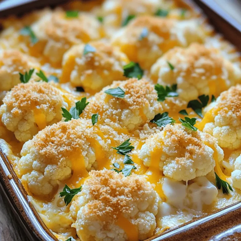 For a perfect Cheesy Cauliflower Bake, you need fresh and tasty ingredients. Here’s what you will need: - 1 large head of cauliflower, cut into florets - 2 cups of shredded cheddar cheese - 1 cup of cream cheese, softened - 1/2 cup of milk These main ingredients create a creamy and cheesy base for our dish. The cauliflower adds a nice texture and makes this dish filling. - 2 cloves of garlic, minced - 1/2 teaspoon of onion powder - 1/2 teaspoon of paprika - Salt and pepper to taste - 1/4 cup of breadcrumbs - 2 tablespoons of fresh parsley, chopped Seasoning is key for flavor. Garlic gives a nice aroma. Onion powder and paprika add depth. Salt and pepper enhance all the flavors. The breadcrumbs on top create a crispy finish, while parsley adds a fresh touch. When you gather these ingredients, you're set for a delightful cooking adventure. I recommend using fresh ingredients for the best taste. For the full recipe, check the section above. Enjoy making this dish! 1. Preheat your oven to 375°F (190°C). 2. Bring a large pot of salted water to a boil. 3. Cut your cauliflower into florets. 4. Add the florets to the boiling water. Cook for 5-7 minutes, until tender but still firm. 5. Drain the cauliflower and set it aside. 1. In a mixing bowl, add 1 cup of softened cream cheese. 2. Pour in 1/2 cup of milk. 3. Add 2 cloves of minced garlic, 1/2 teaspoon of onion powder, and 1/2 teaspoon of paprika. 4. Season with salt and pepper to taste. 5. Whisk until the mixture is smooth. 6. Gradually fold in 2 cups of shredded cheddar cheese. 1. Grease a baking dish with a bit of oil. 2. Arrange the drained cauliflower florets in the dish. 3. Pour the cheesy cream mixture over the cauliflower. 4. Make sure all pieces are coated. 5. Sprinkle the remaining cheddar cheese on top. 6. Add 1/4 cup of breadcrumbs evenly over the top. 1. Cover the dish with aluminum foil. 2. Bake in the preheated oven for 20 minutes. 3. After 20 minutes, remove the foil. 4. Bake for an additional 10-15 minutes, until the top is golden brown and bubbly. 5. Let it cool slightly before serving. 6. Garnish with 2 tablespoons of chopped parsley for a fresh touch. For the full recipe, check out the detailed steps above. Enjoy your Cheesy Cauliflower Bake! To make the best Cheesy Cauliflower Bake, avoid overcooking the cauliflower. Cook it just enough to keep it firm and tasty. This way, it will hold its shape and not turn mushy. After cooking, drain the cauliflower well. Cover the dish with foil while baking. This helps steam the cauliflower and keeps it moist. After a bit of time, remove the foil for that lovely crispy top. Don't be afraid to try new cheeses! Cheddar is great, but you can switch it up. Use mozzarella for a gooey texture or gouda for a smoky flavor. If you're dairy-free, use cream cheese made from nuts or soy. These options still give a creamy taste while being kind to your diet. This dish pairs well with many foods. It makes a great side with grilled chicken or fish. For a lighter meal, serve it with a fresh salad. You can also get creative with garnishes! Fresh herbs like parsley or chives add color and flavor. A sprinkle of paprika on top can give it a nice, spicy kick. For the full recipe, check the main section. {{image_2}} You can make your Cheesy Cauliflower Bake even better with herbs and spices. Try adding fresh thyme or rosemary for a bright taste. You can also sprinkle in some chili flakes for a bit of heat. These small changes can add big flavor to your dish. For more nutrition, think about mixing in veggies. Spinach, broccoli, or bell peppers work well. Adding these will boost vitamins and fiber. Plus, they add color to your bake, making it even more appealing. If you want a low-carb version, swap the breadcrumbs for crushed pork rinds. They give a nice crunch without the carbs. You can also use almond flour as a topping. It keeps the dish tasty and still low in carbs. For a gluten-free option, you can use gluten-free breadcrumbs. These are easy to find in stores. They work just like regular breadcrumbs but fit your dietary needs. For an Italian twist, mix in some Italian seasoning and use mozzarella cheese. The flavors will remind you of a classic pizza. You can even add some diced tomatoes for freshness. If you love Mexican food, try adding taco seasoning and pepper jack cheese. This will give your bake a spicy kick. Top it with some sliced jalapeños or cilantro for extra flavor. These variations can help you create a dish that feels new each time. Check out the Full Recipe to get started on this savory journey! To keep your Cheesy Cauliflower Bake fresh, store it in an airtight container. Place it in the fridge right after it cools. This helps maintain its flavor and texture. The bake lasts about 3 to 5 days in the fridge. If you want to enjoy it later, freezing is a good option. When reheating, the best method is to use the oven. Preheat the oven to 350°F (175°C). Place the dish in for about 15-20 minutes. This keeps the texture nice and cheesy. You can also use a microwave, but it may not keep the same texture. If you freeze it, let it thaw in the fridge overnight before reheating. This helps it heat evenly. To make weeknight meals easy, prepare the bake ahead of time. You can assemble it and keep it in the fridge for one or two days. Portion it into smaller servings; this makes it easy to grab and bake. You can even freeze portions for a quick meal later. Just follow the freezing instructions for best results. For the full recipe, check out the detailed steps above. To make Cheesy Cauliflower Bake, start by preheating your oven to 375°F (190°C). Boil salted water in a large pot. Add the cauliflower florets and cook them for 5-7 minutes. They should be tender, but not too soft. Drain the florets and set them aside. In a mixing bowl, whisk together softened cream cheese, milk, minced garlic, onion powder, paprika, salt, and pepper until smooth. Fold in one cup of shredded cheddar cheese. In a greased baking dish, layer the cauliflower and pour the cheesy mixture over it. Top with the remaining cheddar cheese and breadcrumbs. Cover with foil and bake for 20 minutes. Then, remove the foil and bake for another 10-15 minutes until golden brown. For the full recipe, check the section above. Yes, you can use frozen cauliflower. It saves time and makes prep easier. Just thaw the cauliflower and drain any excess water before using. Fresh cauliflower has a firmer texture, while frozen may be softer. Adjust your cooking time if you use frozen. You may need to reduce the boiling time to avoid mushiness. If you need a cream cheese substitute, consider using Greek yogurt, ricotta cheese, or cottage cheese. These options provide a creamy texture. You can also use vegan cream cheese for a dairy-free version. Each alternative may change the flavor slightly, so choose based on your taste preference. To add heat, you can mix in red pepper flakes or cayenne pepper. Start with a small amount and taste as you go. Another great tip is to add diced jalapeños or hot sauce into the cheese mixture. This will give your dish a nice kick without overpowering the cheese flavor. Cheesy Cauliflower Bake can be a healthy dish when prepared with care. Cauliflower is low in calories and high in fiber. However, cream cheese and cheddar cheese add fat and calories. To keep it balanced, watch your portion sizes. Pair it with a salad or lean protein for a well-rounded meal. Cheesy cauliflower bake offers a delicious and simple side dish. We covered the key ingredients, steps, and tips to ensure the best results. Flavor variations and storage methods can help you customize this meal. Whether you stick to the classic or try new twists, this recipe is versatile and easy. Enjoy making this dish for yourself and those you love. You’ll create a tasty, healthy option that pleases everyone at the table.