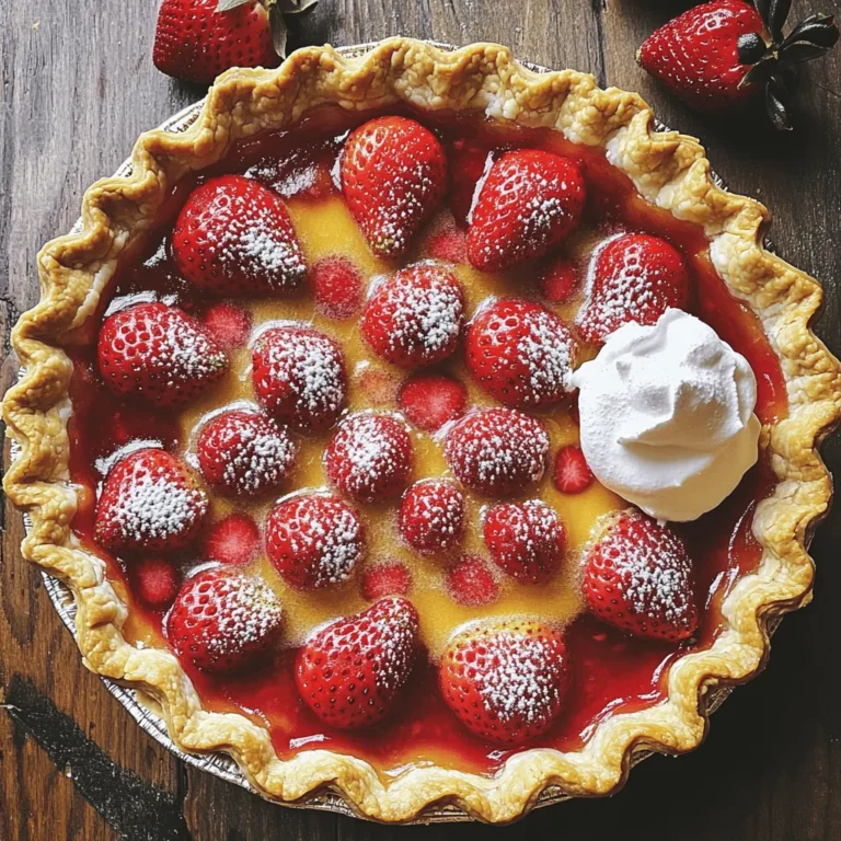 For this fresh strawberry pie, you need: - 2 cups fresh strawberries, hulled and halved - 1 cup granulated sugar - 1 tablespoon fresh lemon juice - 1/4 teaspoon salt These fresh strawberries shine in this pie. They add a sweet and tangy taste. Choose ripe, juicy strawberries. They should be bright red and firm. This ensures the best flavor and texture. To enhance the taste of your pie, gather these extra ingredients: - 1 tablespoon cornstarch - 1/2 teaspoon vanilla extract The cornstarch helps thicken the filling. It keeps the pie from being runny. Vanilla adds warmth and depth to the flavor. The lemon juice brightens the overall taste. You can choose between these pie crust options: - 1 pre-made pie crust (store-bought or homemade) Store-bought crusts save time. They are often flaky and delicious. If you prefer, make your own crust. A homemade crust can be more flavorful. It allows you to control the ingredients. This pie is simple and fun to make. You can find the full recipe easily. Enjoy the process and the tasty results! Start by washing your strawberries. Use fresh, ripe berries for the best taste. Remove the green tops and cut them in half. This helps the strawberries mix well with the other ingredients. Place the berries in a medium bowl and set them aside. This simple step ensures a sweet and juicy pie. In a medium saucepan, combine the halved strawberries, sugar, lemon juice, and salt. Stir gently over medium heat until the strawberries begin to release their juices, which takes about 3 to 4 minutes. This process softens the berries and brings out their flavor. In a small bowl, mix cornstarch with 2 tablespoons of water to make a slurry. This helps thicken the filling. Add the slurry to the saucepan and stir constantly until it thickens, about 2 to 3 minutes. Remove the pan from heat, then stir in the vanilla extract. Your filling is now ready! Pour the strawberry mixture into your pre-made pie crust. Spread it evenly for a nice look. Preheat your oven to 425°F (220°C) before baking. Place the pie in the oven and bake for 15 to 20 minutes, or until the crust turns golden brown and the filling bubbles. After baking, let the pie cool for at least 1 hour. This time allows the filling to set. Enjoy your delicious pie, served with whipped cream if you like! For the full recipe, refer to the recipe section above. Always choose ripe strawberries. Look for bright red color and a sweet smell. Avoid berries with dark spots or mold. Wash them gently under cold water. Pat them dry with a clean towel. Hull the strawberries carefully to keep them whole. Halving them creates beautiful, even pieces for your pie. A good pie crust is key to great pie. Use cold butter for a flaky texture. If you make your own crust, chill it before rolling. This helps keep the butter solid. If using a store-bought crust, follow the package directions. Pre-bake the crust for a few minutes to prevent sogginess. Serve your fresh strawberry pie with whipped cream on top. You can add a sprinkle of powdered sugar for flair. Garnish with whole strawberries for a pop of color. Place the pie on a pretty plate. This makes it look even more appetizing. Enjoy your pie as a sweet treat after dinner! {{image_2}} You can mix strawberries with rhubarb for a tart twist. Rhubarb adds a nice zing. Just use equal parts of each fruit. Prepare the filling as usual, but adjust the sugar. Rhubarb is more tart, so you may need a little extra sugar. This mix brings a unique flavor to your pie. It is fresh, sweet, and sour. If you need a gluten-free pie, choose a gluten-free pie crust. You can find these in stores or make your own. Use almond flour or coconut flour for the crust. The filling stays the same. Just ensure your ingredients, like cornstarch, are gluten-free. This way, everyone can enjoy this tasty dessert. You can also play with other fruits in your pie. Try adding blueberries, raspberries, or blackberries. Each fruit gives a different taste and color. Combine strawberries with peaches for a sweet summer pie. Use equal amounts of strawberries and the other fruit. This keeps the balance and flavor just right. Mixing fruits can lead to new favorite recipes. To store your leftover pie, cover it well. Use plastic wrap or foil to keep it fresh. If you have a pie dish with a lid, that works great too. Place the pie in the fridge. It will stay good for about 2 to 3 days. If you notice any moisture, it may affect the crust. Freezing your pie is easy and smart. First, let the pie cool completely. Wrap it tightly in plastic wrap, then in foil. This helps prevent freezer burn. You can freeze it for up to 3 months. When you are ready to enjoy it, thaw it in the fridge overnight. To reheat your pie, preheat your oven to 350°F (175°C). Remove the pie from the fridge and unwrap it. Bake it for about 10-15 minutes. This warms the pie and keeps the crust crisp. If you want a quick fix, you can use the microwave. Heat it in short bursts, about 15-20 seconds each. Check often to avoid overheating. Yes, you can use frozen strawberries. However, the pie may be a bit watery. Frozen strawberries have more moisture than fresh ones. Make sure to thaw and drain them well before using. This will help keep your pie from being too soggy. Fresh Strawberry Pie lasts about 3 to 4 days in the fridge. To keep it fresh, cover it well with plastic wrap. The longer it sits, the softer the crust may get. So, it's best to enjoy it within a few days. The best way to serve Strawberry Pie is chilled, with a dollop of whipped cream on top. You can also add a sprinkle of powdered sugar for a sweet touch. For a fun twist, serve it with a scoop of vanilla ice cream. This adds a creamy taste that pairs well with the sweet strawberries. Here’s a simple recipe for fresh strawberry pie. This pie shines with bright flavors and is easy to make. You will need some basic ingredients to bring it to life. - 2 cups fresh strawberries, hulled and halved - 1 cup granulated sugar - 1 tablespoon fresh lemon juice - 1 tablespoon cornstarch - 1 pre-made pie crust (store-bought or homemade) - 1/2 teaspoon vanilla extract - 1/4 teaspoon salt - Whipped cream for serving (optional) 1. Preheat your oven to 425°F (220°C). 2. Grab a medium saucepan. Add the halved strawberries, sugar, lemon juice, and salt. Stir gently for 3-4 minutes until the strawberries release their juices. 3. In a small bowl, mix cornstarch with 2 tablespoons of water. This makes a slurry. Add this to the saucepan and stir until thick, about 2-3 minutes. Remove from heat and add vanilla extract. 4. Pour the strawberry mix into the pre-made pie crust. Spread it evenly. 5. Bake in the oven for 15-20 minutes. Look for a golden crust and bubbling filling. 6. Let the pie cool for at least 1 hour. This helps the filling set. 7. Serve slices with whipped cream on top, if you like. You can see how easy this pie is to make. Fresh strawberries and a few simple steps create a delightful dessert. Enjoy making your Sweet & Zesty Strawberry Delight! We covered how to make a fresh strawberry pie. You learned about choosing ripe strawberries, adding tasty extras, and picking pie crusts. I shared easy steps for prepping, filling, and baking. You now know tips for the best outcome and fun variations to try. Lastly, I explained how to store leftovers and answered common questions. Enjoy making your pie and sharing it with others. Great food brings happiness.