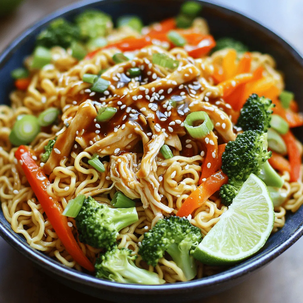 To whip up this tasty dish, you need just a few key items. Here’s what you’ll need: - 2 packs of instant ramen noodles (discard the flavor packets) - 1 cup cooked chicken, shredded - 1 cup mixed bell peppers, sliced (red, yellow, green) - 1 carrot, julienned - 1 cup broccoli florets - 2 green onions, sliced - 3 cloves garlic, minced - 1 tablespoon fresh ginger, grated - 3 tablespoons low-sodium soy sauce - 1 tablespoon sesame oil - 1 tablespoon vegetable oil - 1 tablespoon honey - Salt and pepper to taste - Sesame seeds for garnish These ingredients create a balanced and colorful stir-fry. The noodles provide a hearty base. The chicken adds protein, while the veggies bring color and crunch. You can boost the taste with some fun additions. Consider these: - Sliced mushrooms for umami flavor - Snap peas for extra crunch - Chili flakes for heat - A squeeze of lime for zest These optional ingredients can change the whole vibe of the dish. You can mix and match based on what you like! If you’re missing something, don’t worry! Here are some easy swaps: - Use tofu instead of chicken for a vegetarian option. - Swap soy sauce with tamari for a gluten-free choice. - Replace sesame oil with olive oil if you don’t have it. These substitutions will keep your stir-fry tasty and adaptable. Feel free to get creative based on what you have at home! For the full recipe, check out the details above. First, boil a pot of water. Add the instant ramen noodles. Cook them for about 3 minutes. Drain the noodles and set them aside. You want them firm, not mushy. This step adds a great base for your meal. Next, grab a large skillet or wok. Heat the vegetable oil over medium-high heat. Add minced garlic and grated ginger. Sauté for about 30 seconds until you smell their great aroma. This step adds depth to your dish and makes it more flavorful. Now, toss in the sliced bell peppers, julienned carrots, and broccoli florets. Stir-fry these veggies for 4 to 5 minutes. They should be tender but still crisp. This keeps them colorful and tasty. Then, add the shredded chicken. Stir until it's warm. This makes sure all the flavors mix well. In a small bowl, mix soy sauce, sesame oil, honey, salt, and pepper. Pour this sauce over the chicken and veggies. Stir well to coat everything. Finally, add the cooked ramen noodles. Mix everything together until the noodles heat up. It should all look and smell amazing. Don’t forget to garnish with green onions and sesame seeds before serving. This adds a nice touch to your dish. For the full recipe, check the earlier section. To make your stir-fry shine, focus on high heat. Use a large skillet or wok to give food space. This helps your ingredients cook evenly. Have all your ingredients prepped before you start cooking. This keeps the flow smooth and fast. Keep an eye on your veggies. Stir-fry them for only 4-5 minutes. This keeps them crisp and colorful. If they turn dull or mushy, you’ve cooked them too long. Make sure to cut them into even sizes. This helps them cook at the same rate. Spices can jazz up your dish. Try adding red pepper flakes for heat. A dash of sesame seeds can bring a nutty flavor. You can also use fresh herbs like cilantro or basil. Just sprinkle them on top before serving. For the best taste, mix and match these spices to find your favorite combination. For the full recipe, check the recipe section above. {{image_2}} You can make this dish vegetarian or vegan with a few simple swaps. Use tofu instead of chicken. It adds protein and absorbs flavor well. For a vegan sauce, replace honey with maple syrup or agave. You can also add extra veggies like mushrooms or snap peas for more texture. This keeps the dish vibrant and delicious. If you want more protein options, try shrimp or beef. Shrimp cooks quickly and adds a nice seafood twist. Beef strips give a hearty flavor. You can also mix in edamame for a plant-based boost. This way, you can customize the dish to your taste and needs. Switching up the sauce can change everything. For a spicy kick, add sriracha or chili paste. If you love peanut flavor, mix in peanut butter for creaminess. For a tangy taste, add lime juice and zest. This keeps your ramen stir-fry exciting and fresh each time. After you enjoy your Minute Chicken Ramen Stir-Fry, save the extras. Place leftovers in an airtight container. It helps keep the flavors fresh. Store them in the fridge for up to three days. When you’re ready to eat, it’s quick to reheat. Want to save some for later? You can freeze the stir-fry! Use a freezer-safe container. Make sure to leave some space at the top. The noodles may expand when frozen. This dish stays good for up to three months. Just remember to label the container with the date. To reheat, you can use the microwave or stovetop. If using the microwave, heat in short bursts. Stir often to avoid hot spots. If using the stovetop, add a splash of water. This adds moisture as you warm it up. Cook over low heat until it’s hot throughout. Enjoy your tasty meal again! For the full recipe, check out the details above. Minute Chicken Ramen Stir-Fry takes about 20 minutes to make. You can prep the ingredients in just 10 minutes. Cooking the noodles and stir-frying will take another 10 minutes. This quick meal is perfect for busy nights. Yes, you can use other types of noodles. Soba noodles, udon, or even rice noodles work great. Just adjust the cooking time based on the noodle type. Make sure they are cooked al dente for the best texture. Many veggies are great for stir-frying. I love using bell peppers, carrots, and broccoli. You can also add snap peas, mushrooms, or bok choy. Choose what you enjoy or have on hand for tasty results. Absolutely! This recipe is perfect for meal prep. You can make a big batch and store it in the fridge. It holds well for up to four days. Just reheat it in the microwave or on the stove before serving. Check out the Full Recipe for tips on storage! In this post, we explored how to make a quick Minute Chicken Ramen Stir-Fry. We discussed essential ingredients, step-by-step cooking instructions, and helpful tips. You learned about storage options and variations to suit your taste. Stir-fry is fun and easy to make. You can customize it based on what you have. So, get creative and enjoy your cooking!