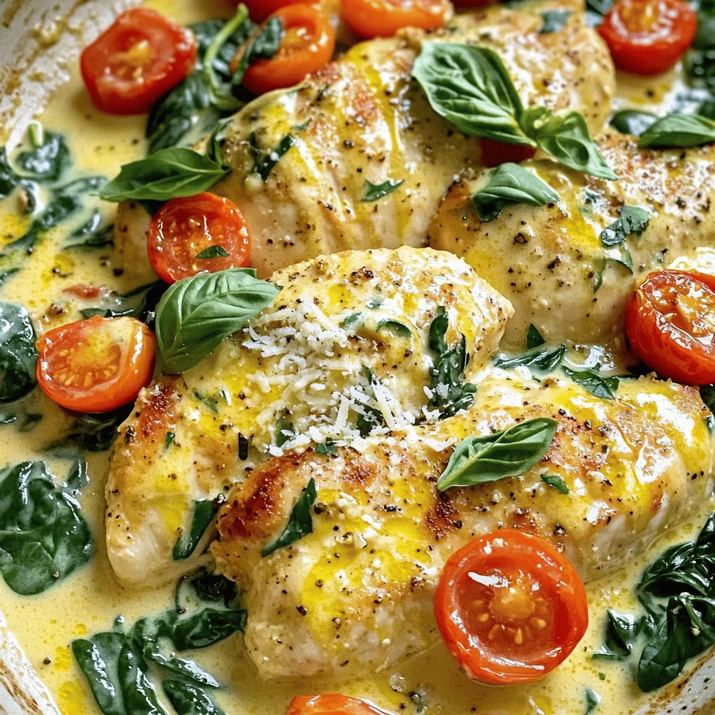 - 4 boneless, skinless chicken breasts - 4 cloves garlic, minced - 1 cup cherry tomatoes, halved - 1 cup spinach, fresh - 1 cup heavy cream - 1 cup chicken broth First, you need the chicken. The boneless, skinless chicken breasts cook evenly and stay juicy. Fresh garlic adds a strong flavor that makes the dish shine. The cherry tomatoes give a burst of sweetness when cooked. Spinach adds a nice color and nutrition to the meal. Heavy cream makes everything rich and smooth, while chicken broth adds depth. - 1 teaspoon Italian seasoning - ½ teaspoon red pepper flakes (optional) - Salt and pepper to taste - ¼ cup grated Parmesan cheese - Fresh basil for garnish Seasoning is key to great taste. Italian seasoning gives a warm, herbal flavor that pairs well with chicken. Red pepper flakes add a hint of heat, but you can skip them if you prefer mild. Salt and pepper enhance all the flavors. Grated Parmesan cheese brings a salty richness. Finally, fresh basil adds a pop of color and freshness to the dish. For the full recipe, check out the detailed steps. This will help you create a meal that's not just tasty but also visually stunning. To start, season your chicken breasts well. Use salt, pepper, and Italian seasoning. This mix makes the chicken flavorful. Make sure you cover both sides. This step is key for tasty chicken. Next, get your skillet ready. Heat the olive oil over medium-high heat. You want it hot but not smoking. Cook the chicken for about 6-7 minutes on each side. Look for a nice golden brown color. This means it’s cooked through. Once done, remove the chicken and set it aside. Now, it’s time to build flavor. In the same skillet, lower the heat to medium. Add the minced garlic and cherry tomatoes. Sauté them for 2-3 minutes. You want the tomatoes to soften but not fall apart. The garlic should smell great too. After that, return to your chicken. This step adds all the great flavors back into the dish. Now let's make that creamy sauce. Slowly pour in the chicken broth while stirring. This helps to mix it well. Then, add the heavy cream. Keep stirring until it simmers. To thicken the sauce, let it cook for a few minutes. You’ll notice it becoming creamier. If you want it thicker, cook it longer. This makes your sauce rich and delicious. For the full recipe, check out the details above. Enjoy making this creamy garlic Tuscan chicken! To ensure juicy and tender chicken, start with good seasoning. I like to use salt, pepper, and Italian seasoning. This enhances the chicken's natural flavors. Cook over medium-high heat for about 6-7 minutes on each side. This browning creates a nice crust. After cooking, let the chicken rest. Resting helps keep the juices inside, making it more tender. Want a creamier sauce? Just add more heavy cream. If you like some heat, mix in extra red pepper flakes. You can also experiment with the sauce. Try adding sun-dried tomatoes for a twist. For a different flavor, consider using coconut milk instead of heavy cream. This change gives a unique taste while keeping it creamy. Plating can make your dish more appealing. Use a large plate and place the chicken in the center. Spoon the creamy sauce around the chicken. Scatter the cherry tomatoes and spinach on top for a pop of color. For garnishing, sprinkle fresh basil over the dish. This not only adds flavor but also makes your meal look great. For the full recipe, check out the detailed instructions to make this delicious meal. {{image_2}} You can easily switch up the protein in this dish. Instead of chicken, try shrimp or tofu. Both options give a new twist. Shrimp cooks fast and adds a delightful taste. Tofu brings a great texture for a vegetarian option. When it comes to veggies, look at what’s in season. Fresh asparagus, zucchini, or bell peppers work well. These swaps keep your dish fresh and exciting. Changing up the herbs can make this dish your own. Basil, oregano, or thyme add unique flavors. If you like it spicy, throw in some smoked paprika or chili powder. You can also try using different cheeses. Feta or goat cheese brings a tangy flavor. Mozzarella melts beautifully and gives a creamy finish. For a gluten-free version, use gluten-free chicken broth. This keeps the dish safe for those with gluten issues. If you're looking for a dairy-free option, coconut cream works well. It gives a rich texture without dairy. Low-carb lovers can skip the heavy cream. Use cauliflower cream or almond milk instead. This keeps the dish light yet tasty. These variations allow you to enjoy Creamy Garlic Tuscan Chicken in new ways. For the full recipe, check the earlier section. To keep leftovers fresh, place them in an airtight container. This helps prevent moisture loss and keeps the flavors intact. Let the dish cool to room temperature before sealing it. Store Creamy Garlic Tuscan Chicken in the fridge for up to three days. If you plan to eat it later, check for any signs of spoilage. Yes, you can freeze Creamy Garlic Tuscan Chicken! First, let it cool completely. Then, transfer it to a freezer-safe container. Use heavy-duty plastic wrap or foil for extra protection. It stays fresh for up to three months in the freezer. When reheating, let it thaw overnight in the fridge. For best results, warm it on low heat in a skillet. Stir frequently to prevent sticking. You can also add a splash of chicken broth to keep it creamy. Enjoy your flavorful meal even after freezing! Cooking Creamy Garlic Tuscan Chicken takes about 30 minutes in total. - Preparation time: 10 minutes - Cooking time: 20 minutes You will spend time prepping the chicken and chopping garlic and tomatoes. Cooking the chicken takes about 14 minutes. You then make the sauce and finish cooking everything together. Yes, you can make this dish ahead of time. To meal prep, cook the chicken and sauce fully. Store them in a sealed container in the fridge for up to three days. When you reheat, do it slowly on low heat. Add a splash of cream for extra flavor. I love serving this dish with a few tasty sides. Here are some suggestions: - Steamed broccoli - Garlic bread - Pasta - Rice - A fresh green salad These sides balance the creamy sauce and add freshness to your meal. You can use frozen chicken breasts for this recipe, but be careful. Thaw them before cooking. It ensures even cooking and better texture. If you cook them from frozen, it will take longer, and the chicken may not brown well. Always check the internal temperature. It should reach 165°F to be safe. In this blog post, we explored how to make Creamy Garlic Tuscan Chicken. We covered essential ingredients, cooking steps, and tips for perfect chicken. You learned how to create a rich sauce and adjust flavors to your liking. Remember, proper seasoning keeps your chicken juicy. Feel free to experiment with ingredients and presentation. This dish is not only delicious but also easy to adapt. I hope you enjoy making it and impressing your family or friends!