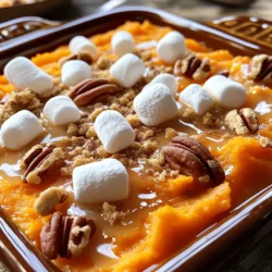 To make the ultimate sweet potato casserole, gather these ingredients: - 4 large sweet potatoes, peeled and cubed - 1/2 cup brown sugar - 1/4 cup maple syrup - 1/2 cup milk (or almond milk for a dairy-free option) - 1/3 cup unsalted butter, melted - 2 large eggs - 1 teaspoon vanilla extract - 1 teaspoon cinnamon - 1/2 teaspoon nutmeg - 1/4 teaspoon salt - 1 cup mini marshmallows - 1 cup pecans, chopped - 1/2 cup crushed graham crackers These ingredients create a blend of sweet and savory flavors. Sweet potatoes serve as the base, offering a rich, creamy texture. Brown sugar and maple syrup add warmth and sweetness. Milk helps blend everything smoothly. The eggs hold the mixture together, while vanilla, cinnamon, and nutmeg enhance the taste. For the topping, mini marshmallows provide a sweet crunch. Pecans add a nutty flavor, and crushed graham crackers give a delightful crunch. Together, these ingredients make a delicious side dish for your holiday feast. Want to see how to use them? Check out the Full Recipe for more details! - Preheat your oven to 350°F (175°C). Grease a 9x13 inch baking dish with butter. - In a large pot, bring water to a boil. Add the cubed sweet potatoes. Cook them for about 15-20 minutes. They should be tender when you pierce them with a fork. Drain and let them cool for a bit. - Once cool, place the sweet potatoes in a large mixing bowl. Mash them until they are smooth and creamy. - Now, add brown sugar, maple syrup, milk, melted butter, eggs, vanilla extract, cinnamon, nutmeg, and salt to the mashed sweet potatoes. - Mix everything until it is creamy and well blended. You want a nice, even texture. - Pour the sweet potato mixture into your prepared baking dish. Spread it evenly across the bottom. - In a separate bowl, mix the mini marshmallows, chopped pecans, and crushed graham crackers together. - Sprinkle this topping evenly over the sweet potato layer. - Bake in the preheated oven for 30-35 minutes. You want the topping to be golden brown and the casserole heated through. Follow the [Full Recipe] for all the details you need! - Tips for mashing sweet potatoes: Cook the sweet potatoes until they're very soft. This makes mashing easy. I like to use a potato masher for a smooth texture. If you want it extra creamy, try a hand mixer. - Recommended baking dish for even cooking: I always use a 9x13 inch dish for this casserole. It helps the sweet potatoes bake evenly and keeps the topping crisp. Make sure to grease it well so nothing sticks. - Ensuring the right topping texture: For a perfect topping, mix mini marshmallows, chopped pecans, and crushed graham crackers. This blend gives a nice crunch. Spread it evenly over the sweet potato mix before baking. - Best ways to present the casserole: Serve warm right from the baking dish for a cozy feel. A sprinkle of cinnamon or a drizzle of maple syrup adds a lovely touch. Place a few pecans on top for extra flair. - Pairing options for a complete meal: This casserole pairs well with savory dishes like roasted turkey or glazed ham. You can also serve it with green beans or a fresh salad for balance. - How to reduce sugar without sacrificing taste: Swap some of the brown sugar with mashed bananas or unsweetened applesauce. This adds natural sweetness and moisture without extra sugar. - Dairy-free modifications and alternatives: Use almond milk instead of regular milk. Coconut cream is a great substitute for butter. These changes make it dairy-free while keeping the taste rich and creamy. You can find the full recipe for the Ultimate Sweet Potato Casserole to try these tips at home! {{image_2}} You can easily elevate your sweet potato casserole with extra spices. Adding nutmeg or ginger gives warmth and depth. You can also consider mixing in fresh herbs like rosemary for a surprising twist. Another fun way to enhance the flavor is by incorporating fruits. Diced cranberries add a tart burst, while chopped apples bring sweetness and crunch. Both options can brighten up the dish and provide new textures. For a unique topping, try using walnuts or pecans instead of marshmallows. Chopped walnuts offer a nice crunch and a rich taste. You can even sprinkle chocolate chips for a sweet surprise. If you want a healthier option, consider using oatmeal or crushed nuts. These toppings can add fiber and keep the dish wholesome while still being delicious. Seasonal changes can inspire great variations. For fall, you can add pumpkin puree or roasted squash to your casserole. This gives a lovely color and taste that fits the season perfectly. For a tropical twist, mix in some shredded coconut or crushed pineapple. This fruity addition can make your casserole a fun, sunny treat, even in colder months. Feel free to explore these variations to make the Ultimate Sweet Potato Casserole your own. Check out the Full Recipe to get started! To store leftovers, let the casserole cool down first. Use an airtight container to keep it fresh. Glass or plastic containers work well. Make sure to cover it tightly. This method helps keep the flavors intact. You can store it in the fridge for up to three days. If you want to freeze the casserole, first cool it completely. Cut it into portions for easy thawing. Wrap each portion tightly in plastic wrap, then place them in a freezer bag. Remove as much air as possible. This will help prevent freezer burn. To thaw, move a portion to the fridge overnight. Reheat it in the oven at 350°F until warm. You can also use the microwave for quick reheating. In the refrigerator, the sweet potato casserole lasts about three days. If frozen, it stays good for up to three months. Always check for signs of spoilage. Look for an off smell, discoloration, or mold. If you see these signs, it's best to discard it. Enjoy the Ultimate Sweet Potato Casserole knowing it can last for your future meals! For the full recipe, check out the detailed instructions above. To make your sweet potato casserole creamy, mash the sweet potatoes well. Use a potato masher or a mixer for smoothness. Adding milk and melted butter helps too. Mix until the ingredients blend completely. You want a velvety texture, so take your time. If it feels too thick, stir in a bit more milk. Yes, you can prepare the casserole ahead of time. Make it the day before and store it in the fridge. Just cover it tightly with plastic wrap or foil. When you are ready to bake, remove it from the fridge and let it sit at room temp for 30 minutes. Then, bake as directed. This saves time on busy holidays. You can swap some ingredients for others. Use coconut milk instead of regular milk for a dairy-free option. Maple syrup can be replaced with honey or agave syrup. If you don’t have brown sugar, white sugar works too, but add a bit of molasses for flavor. You can also use other nuts if you don’t have pecans. Yes, this casserole is gluten-free. The main ingredients, like sweet potatoes and eggs, do not contain gluten. Just make sure to use gluten-free graham crackers for the topping. Always check labels to be sure, especially if you have allergies. You can use other types of potatoes, but sweet potatoes give the best flavor. If you want to try, use Yukon gold or red potatoes. They will change the taste and texture slightly. Remember to adjust the cooking time, as these potatoes may cook differently than sweet potatoes. This blog post detailed how to create a delicious sweet potato casserole. We covered the key ingredients, step-by-step preparation, and baking tips. You learned about flavor variations and clever storage methods. Remember, it’s all about finding your perfect balance of sweetness and flavor. Feel free to experiment with toppings and ingredients to match your taste. Enjoy making your casserole, and share it with family and friends!