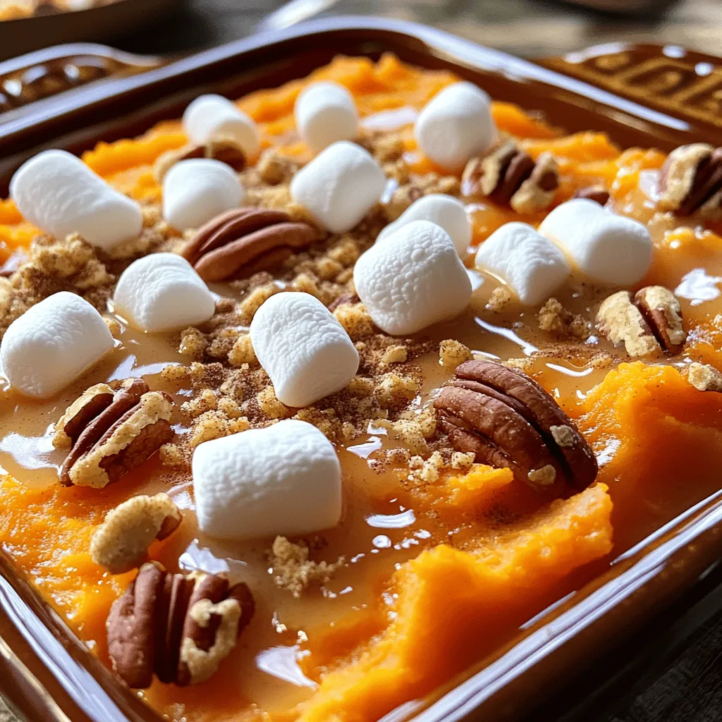 To make the ultimate sweet potato casserole, gather these ingredients: - 4 large sweet potatoes, peeled and cubed - 1/2 cup brown sugar - 1/4 cup maple syrup - 1/2 cup milk (or almond milk for a dairy-free option) - 1/3 cup unsalted butter, melted - 2 large eggs - 1 teaspoon vanilla extract - 1 teaspoon cinnamon - 1/2 teaspoon nutmeg - 1/4 teaspoon salt - 1 cup mini marshmallows - 1 cup pecans, chopped - 1/2 cup crushed graham crackers These ingredients create a blend of sweet and savory flavors. Sweet potatoes serve as the base, offering a rich, creamy texture. Brown sugar and maple syrup add warmth and sweetness. Milk helps blend everything smoothly. The eggs hold the mixture together, while vanilla, cinnamon, and nutmeg enhance the taste. For the topping, mini marshmallows provide a sweet crunch. Pecans add a nutty flavor, and crushed graham crackers give a delightful crunch. Together, these ingredients make a delicious side dish for your holiday feast. Want to see how to use them? Check out the Full Recipe for more details! - Preheat your oven to 350°F (175°C). Grease a 9x13 inch baking dish with butter. - In a large pot, bring water to a boil. Add the cubed sweet potatoes. Cook them for about 15-20 minutes. They should be tender when you pierce them with a fork. Drain and let them cool for a bit. - Once cool, place the sweet potatoes in a large mixing bowl. Mash them until they are smooth and creamy. - Now, add brown sugar, maple syrup, milk, melted butter, eggs, vanilla extract, cinnamon, nutmeg, and salt to the mashed sweet potatoes. - Mix everything until it is creamy and well blended. You want a nice, even texture. - Pour the sweet potato mixture into your prepared baking dish. Spread it evenly across the bottom. - In a separate bowl, mix the mini marshmallows, chopped pecans, and crushed graham crackers together. - Sprinkle this topping evenly over the sweet potato layer. - Bake in the preheated oven for 30-35 minutes. You want the topping to be golden brown and the casserole heated through. Follow the [Full Recipe] for all the details you need! - Tips for mashing sweet potatoes: Cook the sweet potatoes until they're very soft. This makes mashing easy. I like to use a potato masher for a smooth texture. If you want it extra creamy, try a hand mixer. - Recommended baking dish for even cooking: I always use a 9x13 inch dish for this casserole. It helps the sweet potatoes bake evenly and keeps the topping crisp. Make sure to grease it well so nothing sticks. - Ensuring the right topping texture: For a perfect topping, mix mini marshmallows, chopped pecans, and crushed graham crackers. This blend gives a nice crunch. Spread it evenly over the sweet potato mix before baking. - Best ways to present the casserole: Serve warm right from the baking dish for a cozy feel. A sprinkle of cinnamon or a drizzle of maple syrup adds a lovely touch. Place a few pecans on top for extra flair. - Pairing options for a complete meal: This casserole pairs well with savory dishes like roasted turkey or glazed ham. You can also serve it with green beans or a fresh salad for balance. - How to reduce sugar without sacrificing taste: Swap some of the brown sugar with mashed bananas or unsweetened applesauce. This adds natural sweetness and moisture without extra sugar. - Dairy-free modifications and alternatives: Use almond milk instead of regular milk. Coconut cream is a great substitute for butter. These changes make it dairy-free while keeping the taste rich and creamy. You can find the full recipe for the Ultimate Sweet Potato Casserole to try these tips at home! {{image_2}} You can easily elevate your sweet potato casserole with extra spices. Adding nutmeg or ginger gives warmth and depth. You can also consider mixing in fresh herbs like rosemary for a surprising twist. Another fun way to enhance the flavor is by incorporating fruits. Diced cranberries add a tart burst, while chopped apples bring sweetness and crunch. Both options can brighten up the dish and provide new textures. For a unique topping, try using walnuts or pecans instead of marshmallows. Chopped walnuts offer a nice crunch and a rich taste. You can even sprinkle chocolate chips for a sweet surprise. If you want a healthier option, consider using oatmeal or crushed nuts. These toppings can add fiber and keep the dish wholesome while still being delicious. Seasonal changes can inspire great variations. For fall, you can add pumpkin puree or roasted squash to your casserole. This gives a lovely color and taste that fits the season perfectly. For a tropical twist, mix in some shredded coconut or crushed pineapple. This fruity addition can make your casserole a fun, sunny treat, even in colder months. Feel free to explore these variations to make the Ultimate Sweet Potato Casserole your own. Check out the Full Recipe to get started! To store leftovers, let the casserole cool down first. Use an airtight container to keep it fresh. Glass or plastic containers work well. Make sure to cover it tightly. This method helps keep the flavors intact. You can store it in the fridge for up to three days. If you want to freeze the casserole, first cool it completely. Cut it into portions for easy thawing. Wrap each portion tightly in plastic wrap, then place them in a freezer bag. Remove as much air as possible. This will help prevent freezer burn. To thaw, move a portion to the fridge overnight. Reheat it in the oven at 350°F until warm. You can also use the microwave for quick reheating. In the refrigerator, the sweet potato casserole lasts about three days. If frozen, it stays good for up to three months. Always check for signs of spoilage. Look for an off smell, discoloration, or mold. If you see these signs, it's best to discard it. Enjoy the Ultimate Sweet Potato Casserole knowing it can last for your future meals! For the full recipe, check out the detailed instructions above. To make your sweet potato casserole creamy, mash the sweet potatoes well. Use a potato masher or a mixer for smoothness. Adding milk and melted butter helps too. Mix until the ingredients blend completely. You want a velvety texture, so take your time. If it feels too thick, stir in a bit more milk. Yes, you can prepare the casserole ahead of time. Make it the day before and store it in the fridge. Just cover it tightly with plastic wrap or foil. When you are ready to bake, remove it from the fridge and let it sit at room temp for 30 minutes. Then, bake as directed. This saves time on busy holidays. You can swap some ingredients for others. Use coconut milk instead of regular milk for a dairy-free option. Maple syrup can be replaced with honey or agave syrup. If you don’t have brown sugar, white sugar works too, but add a bit of molasses for flavor. You can also use other nuts if you don’t have pecans. Yes, this casserole is gluten-free. The main ingredients, like sweet potatoes and eggs, do not contain gluten. Just make sure to use gluten-free graham crackers for the topping. Always check labels to be sure, especially if you have allergies. You can use other types of potatoes, but sweet potatoes give the best flavor. If you want to try, use Yukon gold or red potatoes. They will change the taste and texture slightly. Remember to adjust the cooking time, as these potatoes may cook differently than sweet potatoes. This blog post detailed how to create a delicious sweet potato casserole. We covered the key ingredients, step-by-step preparation, and baking tips. You learned about flavor variations and clever storage methods. Remember, it’s all about finding your perfect balance of sweetness and flavor. Feel free to experiment with toppings and ingredients to match your taste. Enjoy making your casserole, and share it with family and friends!