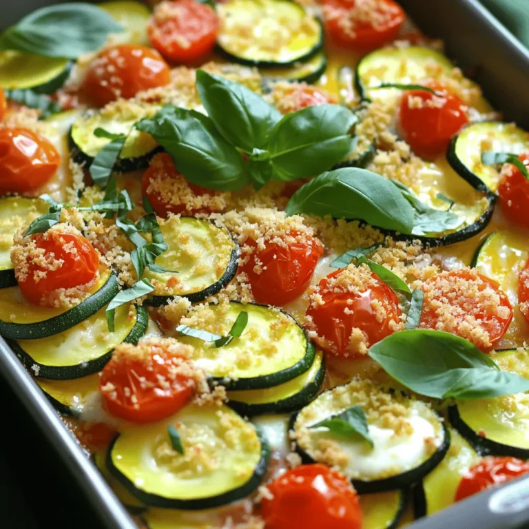 - Zucchini and Cheese Components - 4 medium zucchinis, sliced thinly - 1 cup cherry tomatoes, halved - 1 cup shredded mozzarella cheese - 1/2 cup grated Parmesan cheese - 2 large eggs - 1/2 cup breadcrumbs (preferably whole grain) The zucchinis are the star of this dish. They add a fresh taste and a nice texture. The mozzarella and Parmesan bring a creamy richness that makes every bite enjoyable. - Additional Seasonings and Fillers - 3 cloves garlic, minced - 1 teaspoon dried oregano - 1 teaspoon dried basil - Salt and pepper to taste - 1 tablespoon olive oil Garlic adds a punch of flavor, while oregano and basil give a nice herbal touch. Salt and pepper enhance all the tastes, making the dish more vibrant. - Optional Garnishes - Fresh basil leaves for garnish Fresh basil leaves not only look great, but they also add a burst of flavor. You can sprinkle them on top just before serving for a touch of color and taste. For the full recipe, check the details above. This is a simple yet rich dish that is sure to become a favorite in your home. How to Slice Zucchini Properly To slice zucchini, start by washing them well. Cut off both ends. Use a sharp knife to slice them thinly, about 1/4 inch thick. Thin slices cook evenly and soak up flavors better. Place the slices in a bowl and sprinkle with salt. Let them sit for about 10 minutes. This helps remove extra moisture. Preparing the Baking Dish Grab a 9x13 inch baking dish. Use olive oil to grease the bottom and sides. This will help prevent sticking. You can also use cooking spray if you prefer. Prepping the dish ensures a smooth serving after baking. Combining the Zucchini and Seasonings In a large bowl, mix the sliced zucchini with halved cherry tomatoes. Add the minced garlic, dried oregano, dried basil, salt, and pepper. Stir these together until everything is well coated. This mixture gives a fresh taste to the dish. Preparing the Cheesy Mixture In another bowl, crack two large eggs. Beat them until mixed well. Add the shredded mozzarella cheese, grated Parmesan cheese, and breadcrumbs. Stir until you have a uniform mixture. This cheesy blend adds richness to the bake. Pouring Mixtures into the Baking Dish Combine the zucchini mixture with the cheesy mixture. Stir until the zucchini is well coated. Pour the entire mixture into the greased baking dish. Spread it out evenly to ensure even cooking. Timing and Temperature for Perfect Results Preheat your oven to 375°F (190°C). Place the baking dish in the oven and bake for 30 to 35 minutes. You know it's done when the top is golden brown and the zucchini feels tender. Remove it from the oven and let it cool for a few minutes. Garnish with fresh basil leaves before serving for a pop of color and flavor. For the full recipe, check the instructions above. How to Prevent Soggy Zucchini To keep your zucchini crispy, slice them thin. Aim for even thickness. Salt the slices before cooking. This helps draw out moisture. Let them sit for 10 minutes, then pat dry. This step is key to a perfect bake. Ensuring even cheese distribution Mix your cheese blend well with the eggs. This helps spread the flavor. When you add it to the zucchini, stir gently but thoroughly. Make sure every zucchini slice gets coated. This way, you enjoy cheesy goodness in every bite. Complementary Side Dishes Pair your cheesy zucchini bake with a fresh salad. A simple green salad works great. You can also serve it with crusty bread. This adds a nice crunch to your meal. For a heartier option, consider roasted chicken or fish. Appropriate Serving Utensils Use a spatula to serve this dish. A large spoon works too. Cut into squares for easy serving. This makes it fun and simple for everyone at the table. Caloric Breakdown One serving of cheesy zucchini bake has about 200 calories. This makes it a filling yet light dish. The cheese adds protein, while zucchini gives fiber. Health Benefits of Ingredients Zucchini is low in calories and high in water. It keeps you hydrated and full. Mozzarella offers calcium, while Parmesan adds flavor and protein. These ingredients work together for a nutritious meal. Enjoy this dish as a tasty way to eat healthy! {{image_2}} If you want to change things up, consider low-carb or gluten-free options. Use almond flour instead of breadcrumbs for a gluten-free version. You can also try using spiralized zucchini for a lighter base. For the cheese, you can mix it up. Use cheddar for a sharper taste or feta for a tangy twist. Goat cheese adds a creamy texture. Mixing different cheeses can make your dish unique. Adding herbs and spices can boost the dish's flavor. Try a pinch of red pepper flakes for heat. A sprinkle of smoked paprika can add smoky depth. Fresh herbs like parsley or thyme can brighten the dish. If you want to add protein, consider cooked chicken or turkey. Adding crumbled sausage also works well. These options can make it a heartier meal. You can add more vegetables for extra nutrition. Bell peppers, spinach, or mushrooms work great. Just chop them up, and mix them in with the zucchini. When adding vegetables, consider cooking times. Dense veggies like carrots need longer cooking. They should be pre-cooked or thinly sliced to blend well. Lighter vegetables, like spinach, can go in raw. They will cook perfectly in the oven. For the full recipe, refer to the earlier sections. To keep your cheesy zucchini bake fresh, store it in the fridge. Place it in an airtight container. This way, it will stay tasty for up to 3 days. If you have more leftovers, freezing is a great option. Cut the bake into portions and wrap each piece tightly in plastic wrap. Then, place them in a freezer-safe bag or container. When stored this way, it can last for about 2 months. When you're ready to enjoy your zucchini bake again, reheating is simple. The best method is to use the oven. Preheat your oven to 350°F (175°C). Place the bake in an oven-safe dish. Cover it with foil to keep it moist. Heat for about 20-25 minutes, or until it's hot throughout. You can also use a microwave. If you go this route, heat it in 30-second intervals until warm. This method is faster, but the oven gives you a better texture. How long does it last in the fridge? Cheesy zucchini bake lasts about three to four days in the fridge. Make sure to store it in an airtight container. This keeps it fresh and tasty for later meals. Can I prepare it ahead of time? Yes, you can prepare it ahead of time. Just mix the zucchinis and seasonings and store them in the fridge. You can also mix the cheesy egg part separately. Bake it when you’re ready to eat. What’s the best way to know when it’s done? The best way to know if it’s done is by checking the top. It should be golden brown and firm to touch. You can also insert a fork; it should go through the zucchini easily. Can I substitute eggs in the recipe? Yes, you can substitute eggs. Use a flaxseed meal mix or applesauce. For each egg, mix one tablespoon of flaxseed meal with three tablespoons of water. Let it sit for a few minutes to thicken. What to pair it with? Cheesy zucchini bake pairs well with a fresh salad or grilled chicken. You can also serve it with rice or a side of crusty bread for a complete meal. Is it good for meal prep? Absolutely! This dish is great for meal prep. It reheats well and tastes even better the next day. Just portion it out and enjoy it throughout the week. For the complete cooking guide, check the Full Recipe. This blog post covers how to make a delicious cheesy zucchini bake. We walked through the key ingredients, step-by-step instructions, and helpful tips. You learned about variations to fit your taste and how to store leftovers. In closing, this dish is easy and fun to make. It's healthy, tasty, and packed with options. Enjoy your cooking adventure with this recipe!