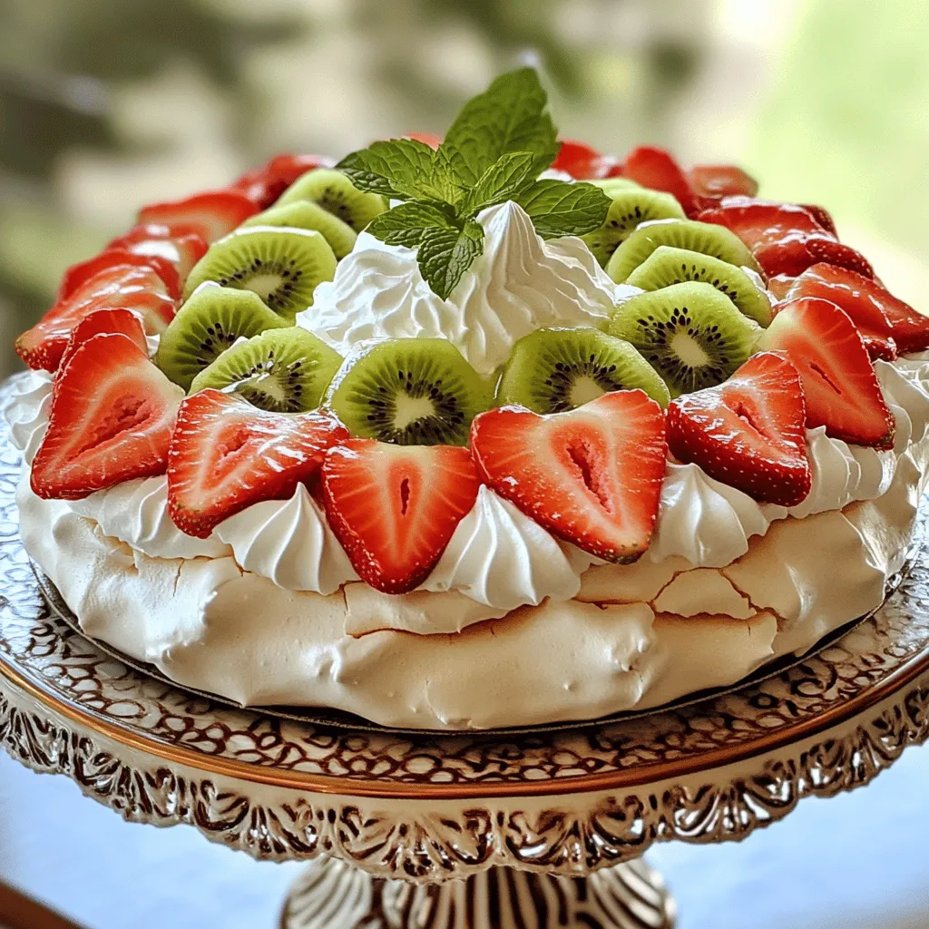 To make a great Strawberry Kiwi Pavlova, you need these key items: - 4 large egg whites - 1 cup granulated sugar - 1 teaspoon white vinegar - 1 teaspoon cornstarch These ingredients create a light and airy meringue. The egg whites whip up to give the pavlova its unique structure. The sugar adds sweetness and helps form a crisp outer shell. White vinegar stabilizes the egg whites, while cornstarch gives the meringue its soft center. The toppings bring freshness and flavor to the pavlova. Gather these items: - 1 cup heavy whipping cream - 2 tablespoons powdered sugar - 1 teaspoon vanilla extract - 1 cup strawberries, hulled and sliced - 2 kiwis, peeled and sliced - Fresh mint leaves for garnish (optional) The heavy cream adds a rich, smooth layer on top. Powdered sugar sweetens the cream just right, and vanilla extract enhances the flavor. Strawberries and kiwis not only add color but also a burst of fruity taste. Mint leaves can make your dessert look fancy and fresh. For the full method, check the Full Recipe. 1. First, preheat your oven to 275°F (135°C). Line a baking sheet with parchment paper. Use a pencil to draw a 9-inch circle on the paper. This helps you shape the pavlova. 2. In a large bowl, beat 4 large egg whites with an electric mixer. Start on medium speed. Beat until soft peaks form. This takes about 2-3 minutes. 3. Gradually add 1 cup of granulated sugar. Add it one tablespoon at a time. Keep beating until stiff peaks form. The mixture should look glossy. This will take around 5-7 minutes. 1. Gently fold in 1 teaspoon of white vinegar and 1 teaspoon of cornstarch using a spatula. Be careful not to deflate the egg whites. 2. Spoon the meringue onto the parchment paper. Use the drawn circle as a guide. Shape it into a round, shallow nest. Make the edges slightly raised. 3. Bake in your preheated oven for 1 hour. After an hour, turn off the oven. Leave the pavlova inside to cool. Leave the door slightly ajar. This helps prevent cracks. 1. While the pavlova cools, prepare the whipped cream. In a mixing bowl, combine 1 cup of heavy whipping cream, 2 tablespoons of powdered sugar, and 1 teaspoon of vanilla extract. Beat on medium-high speed until soft peaks form. 2. Once the pavlova is cool, carefully transfer it to a serving platter. 3. Spread the whipped cream over the top. Smooth it into an even layer. 4. Arrange 1 cup of sliced strawberries and 2 sliced kiwis on top. This adds vibrant color and flavor. 5. If you like, garnish with fresh mint leaves for a touch of freshness. For the full recipe, check the Full Recipe section. Enjoy your Strawberry Kiwi Pavlova! To make the best meringue, start with clean tools. Any grease can ruin your egg whites. Wash your mixing bowl and beaters with soap and water. Rinse them well before use. Achieving stiff peaks is key. Beat the egg whites until they start to hold shape. Gradually add sugar, one tablespoon at a time. This step helps create a glossy finish. Keep beating until the mixture is firm and shiny. To prevent cracks, bake your meringue at a low temperature. I suggest 275°F (135°C). After baking, turn off the oven. Let it cool inside with the door slightly open. This slow cooling helps keep the meringue intact. For a stunning dessert, serve the pavlova on a pretty cake stand. This adds a special touch. Slice it at the table for a wow factor. You will love the mix of crunchy meringue and soft cream. Garnish with mint leaves for a fresh pop of color. You can also drizzle a bit of honey or a fruit sauce on top. This adds extra flavor and makes it look even more appealing. For a fun twist, try adding a sprinkle of nuts or coconut flakes. These can enhance the texture and taste of your pavlova. Enjoy your delicious creation! {{image_2}} You can make this dessert even more fun with swaps. If you want a dairy-free version of the cream, use coconut cream instead of heavy cream. It gives a nice taste and texture. For the fruit toppings, you can switch up the flavors. Try using mango or blueberries for a fresh twist. They add a burst of color too! If you want a healthier option, consider using natural sweeteners. Maple syrup or honey can replace granulated sugar in the whipped cream. This keeps it sweet without too much sugar. Adding a bit of citrus zest can boost the flavor of your cream. A teaspoon of lemon or lime zest makes it bright and zesty. Your guests will love this added kick! You can also use flavored extracts in the meringue. Almond or lemon extracts add a new layer of flavor. Just a few drops will make a big difference. Lastly, feel free to change the toppings with the seasons. In summer, use peaches or raspberries. In fall, try sliced apples or pears. Each season brings its own tasty options for your pavlova! To keep your pavlova fresh, store it in a cool, dry place. Use an airtight container to prevent moisture. If you have leftover whipped cream, place it in a separate container. Cover it tightly with plastic wrap or a lid. This keeps it from absorbing other flavors in the fridge. For fruit toppings, store them in the fridge. Place sliced strawberries and kiwis in a bowl, covering them with plastic wrap. This helps them stay fresh and prevents browning. You can add them to the pavlova just before serving. Can pavlova be reheated? No, pavlova does not reheat well. The texture changes and becomes chewy. If you left it out too long, it may lose its crunch. To revive texture if stored improperly, try placing it in a low oven. Set the oven to 200°F (93°C) for about 10 minutes. This can help restore some crispness to the outer shell. However, it’s best to enjoy it fresh. For the full recipe, check out the Strawberry Kiwi Pavlova. Enjoy your delicious treat! What is the origin of pavlova? Pavlova comes from Australia and New Zealand. It is named after the Russian ballerina Anna Pavlova. Chefs created this dessert in her honor during her tour in the 1920s. The light and airy meringue represent the grace of ballet. How do I keep meringue from getting soggy? To keep meringue crisp, bake it slowly at a low temperature. After baking, let it cool in the oven with the door ajar. This helps it dry out and stay crunchy. Store the meringue in an airtight container until you're ready to serve. Can I make this recipe ahead of time? Yes, you can make pavlova ahead of time. Prepare the meringue and store it for a day or two. Avoid adding cream and fruit until you are ready to serve. This keeps the textures fresh and tasty. Why did my pavlova crack during baking? Pavlova may crack if it bakes too quickly. Ensure your oven temperature is low. Avoid opening the oven door while it bakes. Cracks can also happen if the egg whites are overbeaten. How can I fix a collapsed pavlova? If your pavlova collapses, it may have been underbaked. You can try to salvage it by adding whipped cream and fruit on top. This adds structure and hides imperfections. What can I do if my whipped cream doesn’t whip? If your cream doesn’t whip, check its freshness. Use cold cream and a chilled bowl for the best results. Beat on high until soft peaks form. If it still doesn’t whip, it may be too warm or past its prime. For the full recipe, check out the detailed instructions above. Making Strawberry Kiwi Pavlova combines simple ingredients into a delightful dessert. We explored essential components like egg whites, sugar, and fresh fruit. I shared step-by-step instructions for meringue, baking, and assembling. Tips helped perfect your technique, while variations allowed for creativity. Lastly, storing and reheating advice ensures your pavlova stays fresh. Enjoy making this treat; it’s fun and satisfying. You’ll impress friends and family with each bite.