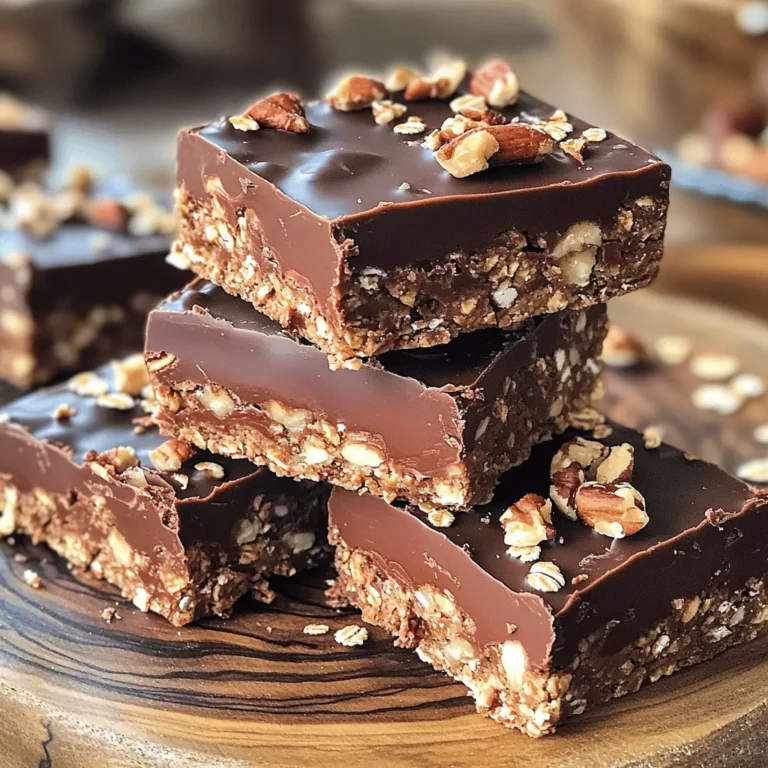 To make these delicious bars, you'll need just a few key ingredients: - 2 cups rolled oats - 1 cup almond butter (or peanut butter) - 1/2 cup honey or maple syrup - 1/3 cup unsweetened cocoa powder - 1/2 cup dark chocolate chips - 1/2 teaspoon vanilla extract - A pinch of salt These ingredients come together to give the bars a rich and tasty base. The oats provide a great texture, while the cocoa powder adds a deep chocolate flavor. The nut butter binds everything together and adds creaminess. You can enhance your bars with these optional add-ins: - 1/4 cup shredded coconut - 1/4 cup chopped nuts (like walnuts or almonds) These add-ins bring extra crunch and flavor. Shredded coconut gives a hint of sweetness, while nuts add a nice bite. Feel free to mix and match based on what you love! Each bar has about: - Calories: 150 - Protein: 4g - Fat: 7g - Carbohydrates: 19g These bars are a great snack. They provide energy and nutrition without the need to bake. For more details on how to make these bars, check out the Full Recipe! Start by gathering your ingredients. You need rolled oats, cocoa powder, and a pinch of salt. In a large bowl, mix the rolled oats, cocoa powder, and salt. Stir well until they blend together. This step builds a solid base for your bars. Now, take a separate bowl. Measure out your almond butter and honey or maple syrup. Microwave this mix for about 30 seconds. It should feel warm and pourable. Stir until smooth and mixed. This warms the nut butter and helps it blend better with the oats. Pour the warm mixture into your dry ingredients. Add a splash of vanilla extract. Mix well until everything sticks together. The mixture should feel thick and sticky. Next, fold in your dark chocolate chips, coconut, and nuts, if you like. Line an 8x8 inch baking dish with parchment paper. Transfer the mix to the dish. Press it down firmly to form an even layer. Use your hands or a spatula to pack it tight. Finally, chill this in the fridge for at least one hour to set. Once firm, cut into squares or rectangles. Enjoy your tasty no-bake chocolate oat bars! For the full recipe, refer to the earlier section. To make your chocolate oat bars just right, focus on the mixture's consistency. You want it thick and sticky but not too dry. If it feels crumbly, add a bit more almond butter or honey. This helps bind everything together. Press the mixture firmly into your baking dish. This step gives you a nice, dense bar. The more you pack it down, the better the final texture. To keep your bars fresh, store them in an airtight container. This helps prevent them from drying out. You can also place parchment paper between the layers to stop them from sticking. Keep the bars in the fridge for the best taste. They will stay fresh for up to a week. If you want to store them longer, consider freezing them. Just wrap each bar in plastic wrap and place them in a freezer-safe bag. Cutting these bars can be tricky, but I have a few tips. First, let the bars chill in the fridge for at least one hour. This makes them firmer and easier to cut. Use a sharp knife for clean edges. If the knife sticks, run it under warm water and dry it off. This method helps you get neat, perfect squares. Enjoy your bars as a tasty treat! For the full recipe, check out the complete guide above. {{image_2}} You can switch up the nut butter for fun. Almond butter is great, but peanut butter adds a nice kick. Cashew butter gives a creamier taste. Sunflower seed butter is perfect for nut-free diets. Each choice brings a new flavor, making your treats unique. Dried fruits add sweetness and texture. Raisins or cranberries work well. You might enjoy chopped apricots too. Seeds like chia or flax add crunch and nutrition. Feel free to mix and match to find your favorite combo. These additions make the bars even more exciting. To make these bars vegan, use maple syrup instead of honey. Most nut butters are vegan-friendly too. For gluten-free bars, ensure your oats are certified gluten-free. This way, everyone can enjoy them without worry. You get a treat that fits many diets while still being tasty. To keep your no-bake chocolate oat bars fresh, store them in an airtight container. Place parchment paper between layers to avoid sticking. This method helps maintain their shape and flavor. Keep the container in the fridge for best results. The cool temperature keeps the bars firm and tasty. If you want to save some for later, freezing works well. First, cut the bars into squares. Wrap each square in plastic wrap. Then, place the wrapped bars into a freezer-safe bag. Squeeze out any air before sealing. They can last up to three months in the freezer. When you're ready to eat, just thaw them in the fridge overnight. Homemade no-bake chocolate oat bars stay good in the fridge for about one week. If stored properly in an airtight container, they remain fresh and delicious. This makes them a great treat to have on hand for snacks or desserts. Enjoy them while they last! For the full recipe, check out the instructions above. Yes, you can use quick oats. They will work in this recipe. Quick oats absorb moisture faster. This may change the texture a bit. The bars might be softer but still tasty. If you want a chewier bar, stick with rolled oats. To lower the sugar, reduce the honey or syrup amount. You can also use unsweetened cocoa powder. Try adding mashed bananas or applesauce for sweetness. These options add flavor and moisture too. Always taste the mixture before pressing it into the pan. You can use peanut butter as a great substitute. Sunflower seed butter works well for nut-free options. This keeps the bars delicious and helps with allergies. Just note that each nut butter has a unique flavor and texture. Adjust your expectations for taste based on your choice. For more detailed steps, check the Full Recipe to create these delicious treats! In this post, I shared how to make tasty no-bake chocolate oat bars. We covered key ingredients, easy steps, and helpful tips. You can mix in different flavors or adapt them for diets. Proper storage keeps your bars fresh longer. Whether for snacks or treats, these bars are simple and fun to make. Enjoy your delicious creations and feel good about the choices you make. You'll love making these homemade treats again and again. Now, go enjoy your bars!