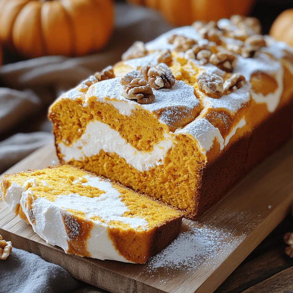 - All-purpose flour and baking essentials: - 1 ½ cups all-purpose flour - 1 teaspoon baking soda - 1 teaspoon baking powder - 1 teaspoon ground cinnamon - ½ teaspoon ground nutmeg - ½ teaspoon salt - Sugars and flavor enhancers: - ½ cup unsalted butter, softened - 1 cup granulated sugar - 1 teaspoon vanilla extract - ¼ cup powdered sugar - 1 teaspoon lemon juice - Wet ingredients: pumpkin, eggs, and cream cheese: - 2 large eggs - 1 cup canned pumpkin puree - 4 ounces cream cheese, softened - Optional toppings and garnishes: - Chopped walnuts for topping These ingredients come together to create a moist and flavorful bread. The blend of spices adds warmth, while the cream cheese swirl brings a rich texture. You can customize this recipe with your favorite nuts or fruits. The Full Recipe gives you step-by-step guidance to bake this delightful treat. 1. Preheat your oven and grease the loaf pan. Start by setting your oven to 350°F (175°C). While it heats, take a 9x5-inch loaf pan and grease it well. This step is key to ensuring that your bread comes out easily after baking. 2. Mixing dry ingredients. In a medium bowl, whisk together these dry ingredients: - 1 ½ cups all-purpose flour - 1 teaspoon baking soda - 1 teaspoon baking powder - 1 teaspoon ground cinnamon - ½ teaspoon ground nutmeg - ½ teaspoon salt Set this bowl aside for later. 3. Preparing the pumpkin mix. In a large bowl, cream ½ cup softened unsalted butter with 1 cup granulated sugar. Mix until light and fluffy. This should take about 3-4 minutes. Then, add 2 large eggs, one at a time. Mix well after each egg. Next, stir in 1 cup canned pumpkin puree and 1 teaspoon vanilla extract. Blend until everything is combined. 1. Creaming butter and sugar. If you followed the previous step, you now have a nice creamy mixture. This is important for the texture of your bread. 2. Adding eggs and pumpkin puree. Make sure to add the eggs slowly. This helps the batter become smooth. The pumpkin puree adds moisture and flavor. 3. Integrating dry ingredients. Gradually add the dry mix from the first step into your pumpkin mixture. Stir gently until just combined. You don’t want to overmix, as this can make your bread tough. 1. Mixing cream cheese filling. In a small bowl, blend 4 ounces softened cream cheese with ¼ cup powdered sugar and 1 teaspoon lemon juice. Whip it until smooth. This filling will add a creamy twist to your bread. 2. Layering the mixture in the loaf pan. Pour half of the pumpkin batter into the prepared loaf pan. Then, spoon dollops of the cream cheese mixture over this batter. Pour the rest of the pumpkin batter on top. Take a knife and gently swirl the cream cheese mixture into the pumpkin batter for a marbled look. 1. Baking time and temperature details. Place your loaf pan in the oven and bake for 60-70 minutes. The bread should rise and turn golden brown. 2. Checking for doneness. To see if your bread is ready, insert a toothpick into the center. If it comes out clean, your bread is done. If it has batter on it, give it a few more minutes. Follow these steps closely for a delightful Pumpkin Cream Cheese Bread, just like the Full Recipe suggests! To avoid undercooked or overcooked bread, always check the oven temperature. An oven that is too hot can burn the outside before the inside cooks. Use an oven thermometer to be sure. When baking, place your loaf pan in the center of the oven. This helps ensure even heat around the bread. Always use a toothpick to check for doneness. Insert it into the center; if it comes out clean, your bread is ready. If you need gluten-free options, use a blend of gluten-free flour. Brands like Bob's Red Mill or King Arthur Flour work well. Just remember to add a bit of xanthan gum to help with texture. For vegan options, swap the eggs for flaxseed meal. Mix one tablespoon of flaxseed with three tablespoons of water and let it sit until it thickens. Instead of butter, use coconut oil or a vegan butter substitute. To spice up your bread, try adding a pinch of ginger or cloves. You can also mix in some orange zest for a citrusy twist. For texture, think about what you like. If you want moist bread, use more pumpkin puree. If you prefer a denser bread, reduce the pumpkin a bit. You can also add chopped nuts or cranberries for extra crunch and flavor. For the complete recipe, check out the [Full Recipe]. {{image_2}} You can make this pumpkin cream cheese bread even better with fun mix-ins. Chopped nuts, like walnuts or pecans, add a nice crunch. You can also stir in fruits like raisins for a sweet surprise. For a seasonal twist, try adding cranberries. Their tartness balances the sweet pumpkin flavors. Chocolate chips are another great choice. This adds a rich, gooey texture that kids and adults love. You can change the spices to suit your taste. Try adding ginger or allspice for a warm flavor. If you want a hint of orange, mix in some orange zest. You can also explore extracts, like almond or maple. They give your bread a unique taste. To adjust the sweetness, consider using honey or maple syrup. They add a different note to the bread while keeping it moist. For the best results, check the [Full Recipe]. To keep your Pumpkin Cream Cheese Bread fresh, store it in an airtight container. This helps prevent it from drying out. You can also wrap it in plastic wrap or foil. Keep it in a cool, dry place away from heat. This way, you can enjoy your bread for days. If you want to freeze the bread, slice it first. Wrap each slice in plastic wrap, then place them in a freezer bag. This makes it easy to take out just what you need. When you're ready to eat, thaw the slices at room temperature. You can also heat them in the microwave for a few seconds. At room temperature, Pumpkin Cream Cheese Bread lasts about 3 to 4 days. If you store it in the fridge, it can last about a week. However, you may notice it drying out faster in the fridge. To know if the bread is no longer good, look for a few signs. Check for mold, which can appear as green or white spots. If the bread smells sour or off, it’s best to throw it away. Lastly, if it feels very dry or hard, it may not taste good anymore. Always trust your senses! Can I make this recipe ahead of time? Yes, you can prepare this bread a day or two in advance. Just store it in an airtight container. The flavors will grow stronger, making it even tastier. How can I make this recipe healthier? To make this recipe healthier, you can use whole wheat flour instead of all-purpose flour. You might also reduce the sugar by half. Adding applesauce can replace some butter for moisture. What is the best way to serve Pumpkin Cream Cheese Bread? Serve this bread warm for the best taste. You can slice it and spread a little butter on top. It also pairs well with hot coffee or tea. Where to find canned pumpkin puree? You can find canned pumpkin puree in most grocery stores. Look in the baking aisle or near the canned vegetables. If fresh pumpkins are in season, you can also make your own puree. Recommendations for cream cheese brands I recommend brands like Philadelphia or Kraft for cream cheese. They have a smooth texture and great flavor. You can also try organic options for a cleaner taste. Is this recipe suitable for beginners? Absolutely! This recipe is great for beginners. The steps are simple, and you can learn as you bake. Just follow the instructions closely, and you will succeed. What tools do I need to successfully bake this bread? You need a few basic tools: - 9x5-inch loaf pan - Mixing bowls - Whisk - Measuring cups and spoons - A spatula for mixing These tools will help you create this delicious bread with ease. This blog post covered everything you need to make delicious pumpkin cream cheese bread. I shared essential ingredients, step-by-step instructions, and helpful baking tips. You can also explore variations and learn about storage best practices. In your kitchen, this recipe can be a great way to enjoy fall flavors. Feel free to try new mix-ins and make it your own. Happy baking!