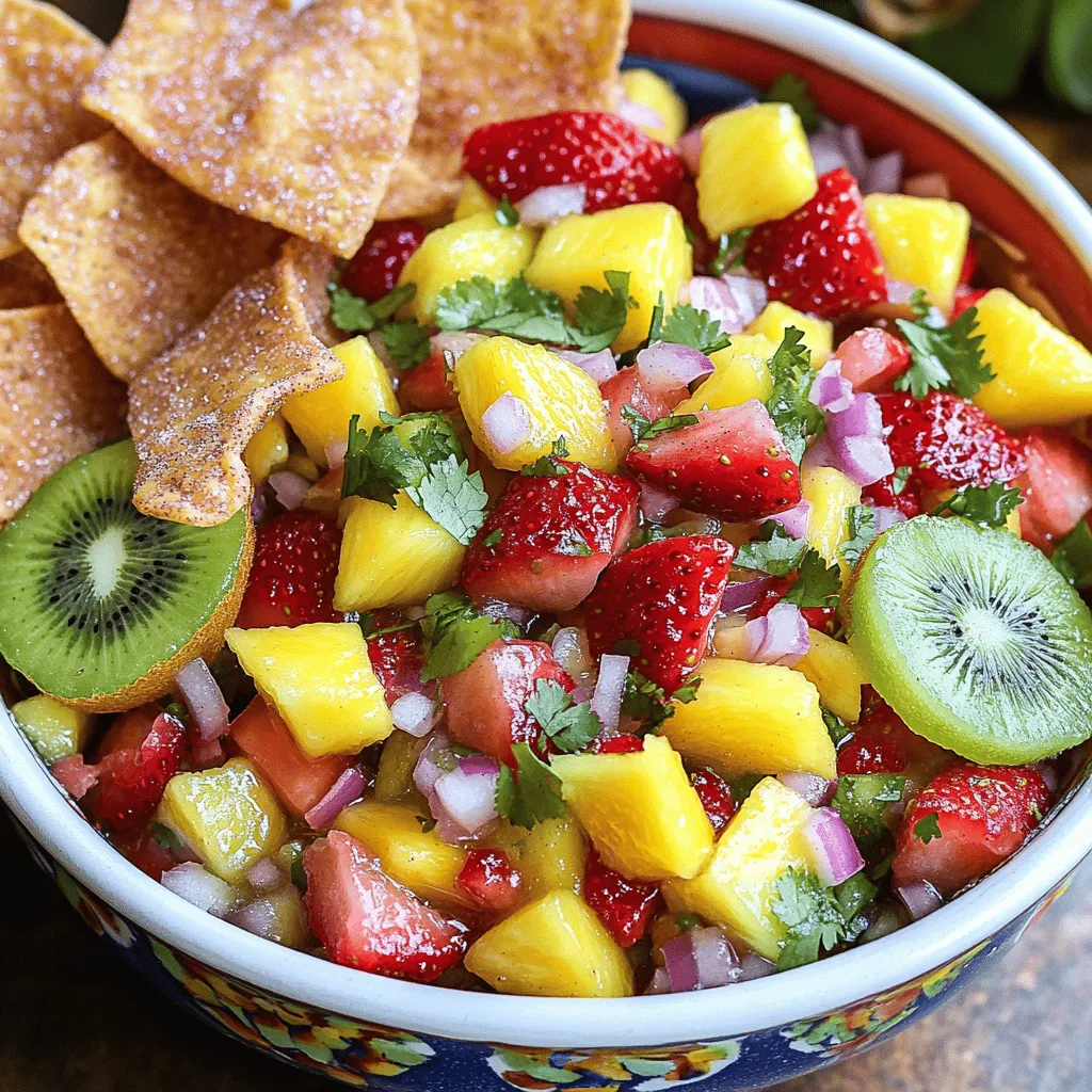 - 1 cup strawberries, diced - 1 cup kiwi, diced - 1 cup mango, diced - 1/2 cup pineapple, diced - 1/4 cup red onion, finely chopped - 2 tablespoons fresh cilantro, chopped - 2 tablespoons lime juice - 1 tablespoon honey or agave syrup - 4 flour tortillas - 1/4 cup sugar - 1 teaspoon ground cinnamon - 2 tablespoons melted butter The fruit salsa is a bright mix of flavors. I love using fresh, ripe fruits. Strawberries, kiwi, mango, and pineapple add sweetness and a hint of tartness. Dicing them into small pieces helps blend the flavors well. You can also add red onion for a slight crunch and cilantro for a fresh taste. Lime juice adds zing, balancing the sweetness. Honey or agave syrup gives it a lovely shine. For the cinnamon sugar chips, I prefer flour tortillas. They get crisp and golden, perfect for dipping. Mixing sugar with cinnamon creates a sweet topping that pairs well with the salsa. Brushing melted butter on the tortillas helps the sugar mix stick. This delightful dish brings joy to any table. You can find the complete directions in the Full Recipe section. First, grab a large mixing bowl. Combine all your diced fruits: strawberries, kiwi, mango, and pineapple. The mix of colors makes it lively and fun! Next, add the finely chopped red onion and fresh cilantro. These ingredients bring great taste and texture to the salsa. Now, it’s time to dress the salsa. Drizzle the mixture with lime juice and honey. This adds a sweet and tangy flavor. If you want a little heat, add chili powder to the mix. It gives the salsa a nice kick. Gently toss everything together until it’s well blended. Preheat your oven to 350°F (175°C). While it warms up, cut each flour tortilla into triangles. This will be your crunchy chips! Brush melted butter lightly over each triangle. Next, mix sugar and ground cinnamon in a small bowl. Sprinkle this mix generously over the buttered tortillas. Now, place the tortilla triangles on a baking sheet in a single layer. Bake them for about 10-12 minutes, or until they are crisp and golden brown. Keep a close eye on them because they can burn quickly! Once ready, let them cool for a few minutes before serving. This delightful mix of fruit salsa and cinnamon sugar chips will surely impress your friends and family. For the full recipe, check out the details above! - Use ripe and fresh fruits for the best flavor. Fresh fruits burst with juice and sweetness. - Adjust sweetness with more or less honey. Start with one tablespoon and taste as you go. - Monitor closely to prevent burning. Chips can go from golden to charred fast, so watch them. - Experiment with different types of tortillas. Try corn or whole wheat for unique flavors. - Pair with yogurt for added creaminess. The smooth texture complements the fruit salsa well. - Use as a topping for ice cream or desserts. This adds a fruity twist to your favorite treats. {{image_2}} You can change the fruits in your salsa. Swap in seasonal fruits like peaches or berries for a fresh twist. These fruits add sweetness and a lovely texture. You can also incorporate tropical fruits like papaya or guava. These fruits will bring a fun taste and unique flair. Feel free to mix and match your favorites! If you want to change the sweetness, try using maple syrup or stevia instead of honey. This change can lower the calorie count. If you prefer a sugar-free option, use fruit puree. It will add natural sweetness while keeping it healthy. This way, you can enjoy the salsa without added sugars. Do you like a little heat? Add jalapeño for a spicy kick in your fruit salsa. This will balance the sweetness with a nice zing. You can also experiment with different spices in the cinnamon mix. Try adding nutmeg or allspice for a new flavor profile. These small changes can make your fruit salsa exciting! If you have extra salsa, store it in an airtight container in the fridge. This helps keep the flavors fresh. It’s best consumed within 2 days for the best taste. After that, the fruits may lose their crunch and flavor. To keep your cinnamon sugar chips crispy, place them in a sealed bag. They can stay at room temperature for up to a week. This method keeps them nice and crunchy, perfect for snacking. If your chips lose their crunch, you can warm them in the oven briefly. Just a few minutes will help regain their crisp texture. Avoid microwaving them, as this can make them chewy and less enjoyable. For the full recipe of this delightful mix, please check the Full Recipe. Yes, but it's best to add lime juice right before serving. This keeps the salsa fresh. If you mix it all together too soon, the fruits can get mushy. Just prepare the fruits and store them in the fridge. Add the lime juice at the last moment, and you’ll have a zesty, bright salsa. Any fresh, juicy fruits work well; try to mix textures and flavors. I love using strawberries, kiwi, and mango together. Pineapple adds a nice sweetness too. You can also play around with berries or peaches. The key is to use fruits that are ripe and in season for the best taste. Use agave syrup instead of honey for a vegan-friendly option. This swap keeps the sweetness while making it suitable for a vegan diet. You won’t lose any flavor, and the salsa will still taste amazing. Just remember to check that your tortillas are vegan too! Yes, corn tortillas can be used to create a gluten-free option. They add a different flavor and texture. Just cut them into triangles as you would with flour tortillas. Bake them the same way, and you’ll have delicious, crispy chips to enjoy with your fruit salsa. This blog post shared the fun of making a tasty fruit salsa with crispy cinnamon sugar chips. You learned how to mix fresh fruits, add spices, and get creative with variations. Remember to use ripe fruit for great flavor and store leftovers wisely. Whether you're enjoying it as a snack or a dessert topping, this recipe is simple and satisfying. Get cooking and let your flavors shine!
