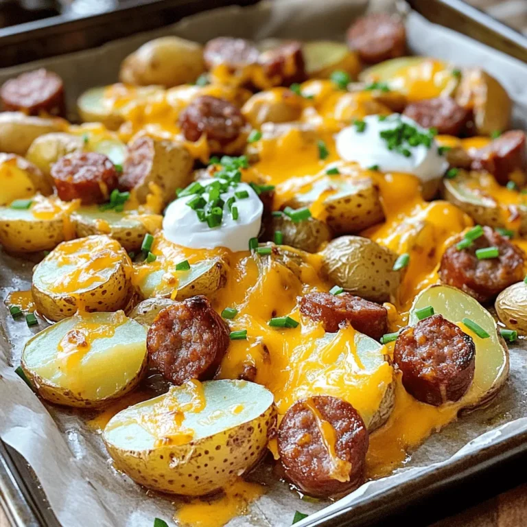 - 1 lb (450g) baby potatoes, halved - 1 lb (450g) smoked sausage, sliced - 1 cup shredded sharp cheddar cheese The main stars of this recipe are baby potatoes and smoked sausage. Baby potatoes are small and tender. They roast nicely and soak up all the flavors. Smoked sausage adds a rich taste. It brings a nice kick, making each bite satisfying. I love using sharp cheddar cheese for its bold flavor. It melts perfectly and creates a gooey layer on top. - 1 packet ranch dressing mix (approx. 1 oz or 28g) - 2 tablespoons olive oil - 1 teaspoon garlic powder - 1 teaspoon paprika The seasoning is key to making this dish shine. The ranch dressing mix adds a tangy taste that pairs well with the potatoes and sausage. Olive oil helps everything get crispy and golden. Garlic powder gives a warm, savory touch, while paprika adds a hint of smokiness and color. These flavors make each bite a delight. - 1 cup sour cream - Fresh chives, chopped (for garnish) When serving, I like to drizzle sour cream on top. It adds a cool and creamy contrast. Chopped fresh chives not only look great but also add a mild onion flavor. Together, they elevate the dish and make it even more enjoyable. For the full recipe, check out the earlier section. 1. First, preheat your oven to 425°F (220°C). This helps cook the potatoes evenly. 2. In a large bowl, mix the halved baby potatoes with olive oil. 3. Add garlic powder, paprika, salt, and pepper. Toss to coat the potatoes well. 1. Spread the seasoned potatoes on a baking sheet. Make sure they are in a single layer. 2. Roast the potatoes for 20 minutes. They should start becoming tender. 3. While the potatoes roast, mix the sliced smoked sausage with the ranch dressing mix. Make sure the sausage is well coated. 4. After 20 minutes, take out the baking sheet. Toss in the smoked sausage with the potatoes. 5. Return the pan to the oven and roast for another 15-20 minutes. The potatoes should be golden brown and cooked through. 1. In the last 5 minutes of baking, sprinkle the shredded cheddar cheese over the mixture. 2. Wait until the cheese melts and bubbles. 3. Once baked, take it out and let it cool for a few minutes. 4. Drizzle sour cream on top and add chopped chives for a colorful look. For the full recipe, check back on the main article. Enjoy your delicious Cheesy Ranch Potatoes with Smoked Sausage! For this dish, I recommend using baby potatoes. They roast well and stay tender. Yukon Gold or red potatoes are great choices too. When picking potatoes, aim for even sizes. This way, they cook evenly and become perfectly tender. You can boost the flavor of your Cheesy Ranch Potatoes by adding extra seasonings. Try some onion powder or black pepper for a kick. If you want to switch up the meat, turkey sausage or chicken sausage works well. For a vegetarian option, use mushrooms or chickpeas instead. Always preheat your oven to 425°F (220°C). This high heat helps the potatoes get crispy. If your oven runs hot or cool, adjust the cooking time. Check the potatoes after 20 minutes and then again after 15 minutes with the sausage. This way, you’ll get a perfect golden brown finish. {{image_2}} You can switch out the smoked sausage for chicken or turkey sausage. These meats are lighter but still add good flavor. If you want a veggie option, try using mushrooms or tempeh. Both give a nice texture and soak up the ranch flavor. While sharp cheddar cheese is tasty, you can use other types too. Monterey Jack or pepper jack can add a fun twist. If you need a dairy-free choice, try vegan cheese or nutritional yeast. These options melt well and keep the dish creamy. To make this dish even better, add some veggies. Bell peppers, onions, or even zucchini work great. They add color and crunch. You can also spice things up with cayenne pepper or Italian herbs. These spices will give your dish more depth and excitement. To keep your Cheesy Ranch Potatoes tasty, store leftovers in the fridge. Use airtight containers to prevent drying out. This will keep them fresh for up to three days. Before sealing, let the dish cool to room temperature. This helps avoid condensation that can make the potatoes mushy. When it's time to enjoy your leftovers, you can reheat them in several ways. The oven is best for keeping the crispy texture. Preheat the oven to 350°F (175°C) and bake for about 15 minutes. You can also use a microwave, but this may make the potatoes softer. If microwaving, heat in short bursts and stir as needed. Yes, you can freeze Cheesy Ranch Potatoes! To freeze, place cooled portions in freezer-safe bags or containers. Remove as much air as possible to prevent freezer burn. When ready to eat, thaw them in the fridge overnight. Reheat in the oven for the best results. This way, your meal still tastes great. For the full recipe, check the earlier section. The best way to reheat this dish is in the oven. Preheat your oven to 350°F (175°C). Place the potatoes and sausage in a baking dish. Cover it with foil to keep moisture in and heat for about 15-20 minutes. This helps keep the potatoes crispy and the cheese gooey. Yes, you can prepare Cheesy Ranch Potatoes ahead of time. Cook the potatoes and sausage as directed. Let them cool, then store them in the fridge for up to two days. When ready to eat, just reheat them in the oven. You can also mix everything but the cheese in advance. Add the cheese just before baking for the best flavor. To make this dish healthier, consider these tips: - Use less cheese or switch to a lower-fat cheese. - Substitute turkey sausage for smoked sausage. - Add more vegetables like broccoli or bell peppers. - Use Greek yogurt instead of sour cream for a lighter option. These changes can help reduce calories and fat while keeping the dish tasty. For the full recipe, check the recipe section. We've covered how to make Cheesy Ranch Potatoes with Smoked Sausage simply and tasty. With baby potatoes, smoked sausage, and sharp cheddar, you create a hearty dish. Season it well with ranch dressing mix, garlic powder, and paprika for flavor. Don't forget the toppings like sour cream and fresh chives. Remember, you can mix and match ingredients for variety. Store leftovers correctly and reheat for the best taste. Enjoy this dish that’s perfect for meals or gatherings!