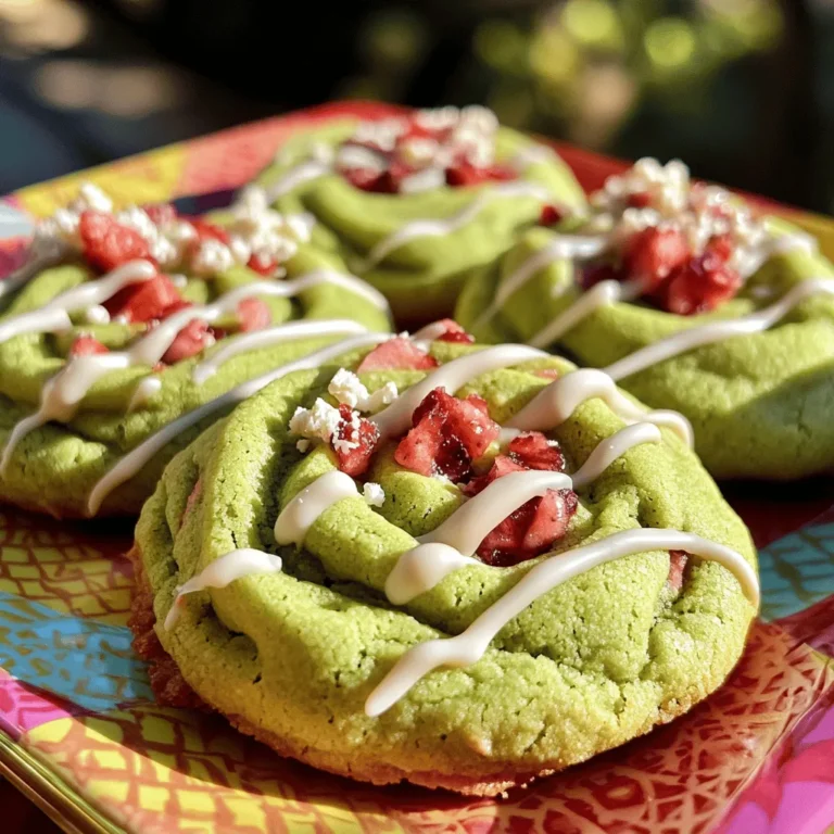 To make these cookies, you need fresh and vibrant ingredients. Here’s what you will need: - 1 cup all-purpose flour - 1/2 cup matcha powder - 1/2 cup unsalted butter, softened - 1 cup granulated sugar - 1 large egg - 1/2 teaspoon vanilla extract - 1/4 teaspoon baking soda - 1/4 teaspoon salt - 1/2 cup freeze-dried strawberries, crushed - 1 tablespoon cornstarch These ingredients blend to create a delicious cookie. The matcha powder gives a lovely green hue and a unique flavor. The freeze-dried strawberries add sweetness and a pop of color. You can play with flavors to make these cookies your own. Here are some fun ideas: - Lemon zest for a citrusy kick - Almond extract instead of vanilla for nutty tones - Dark chocolate chips for added richness - A pinch of cinnamon for warmth Feel free to mix and match these options. This way, each batch can be a little different and exciting. If you have food allergies, you can still enjoy these cookies. Here are some substitutions: - Use gluten-free flour for a gluten-free option. - Replace butter with coconut oil for a dairy-free cookie. - Swap the egg for a flaxseed egg (1 tablespoon flaxseed meal + 2.5 tablespoons water). These swaps keep the essence of the cookie while catering to your needs. You can still savor the delightful blend of strawberry and matcha! For the complete recipe, check the Full Recipe. Start by preheating your oven to 350°F (175°C). Line a baking sheet with parchment paper. In a large mixing bowl, cream the softened butter and granulated sugar. Mix until it looks light and fluffy. Then, beat in the egg and vanilla extract, stirring well. In another bowl, whisk the flour, matcha powder, baking soda, cornstarch, and salt. Gradually add this dry mix into the wet mix. Stir until you have a nice dough. Next, divide the dough in half. Add the crushed freeze-dried strawberries to one half and mix well. Keep the other half plain with the matcha flavor. To create the swirl, take a tablespoon of each dough. Gently roll them together to form a swirled shape. You want to see both colors blend but not fully mix. Press them slightly flat and place them on the baking sheet. Make sure to leave space between each cookie. They will spread while baking. Bake the cookies in the preheated oven for 10-12 minutes. Look for slightly set edges while the centers may still look a bit underbaked. Don’t worry; they will firm up as they cool. Once baked, let them cool on the sheet for 5 minutes. After that, transfer them to a wire rack. This step makes sure they cool all the way. You can find the full recipe above. Mixing dough well is key for good cookies. Start with soft butter. Cream it with sugar until it’s light. This adds air and helps the cookies rise. Add the egg and vanilla next. Beat it in slowly for a smooth mix. In a different bowl, whisk the dry ingredients well. This helps to combine all the flavors evenly. Gradually add the dry mix to the wet mix. Stir gently to keep the dough light and fluffy. To make a beautiful swirl, divide your dough into equal parts. Shape each one into a ball. Flatten them slightly before combining. Place a strawberry ball on top of a matcha ball. Gently roll them together. Do not press too hard; this keeps the colors separate. Roll the dough in your hands before pressing down. This makes the swirl more distinct. Baking can be tricky, but some tips help. First, always preheat your oven. This ensures even cooking. Next, don’t overcrowd the baking sheet. Leave space between cookies so they can spread. Watch the baking time closely. Cookies can go from perfect to burnt quickly. Finally, let them cool for a few minutes on the sheet. They will firm up as they cool, giving you the perfect texture. For more details, check the Full Recipe. {{image_2}} You can switch up the flavors in these cookies. Try using matcha and lemon for a zesty twist. Or mix in cocoa powder instead of matcha for a rich chocolate cookie. You can also add different fruits, like blueberries or raspberries, for a fresh taste. Each change can give your cookies a fun new vibe. If you want to make these cookies healthier, replace the all-purpose flour with whole wheat flour. This adds more fiber and nutrients. You can use coconut oil instead of butter for a lighter option. For sweetening, try honey or maple syrup as a natural alternative to sugar. These swaps can make your cookies a bit more nutritious without losing flavor. To make these cookies gluten-free, use a gluten-free flour blend instead of all-purpose flour. Make sure the blend contains xanthan gum for the right texture. You can also choose almond flour for a nutty taste. These options keep the cookies soft and tasty, perfect for anyone avoiding gluten. To keep your swirled strawberry matcha cookies fresh, store them in an airtight container. This helps maintain their soft texture and rich flavor. You can use a cookie jar or a plastic container with a tight lid. Layer parchment paper between the cookies to prevent sticking. These cookies stay fresh for about a week at room temperature. If stored properly, they can last up to two weeks in the fridge. Always check for any signs of spoilage before eating. Freezing cookies is a great way to keep them for later. First, let the cookies cool completely. Then, place them in a single layer on a baking sheet. Freeze for about an hour, then transfer them to a freezer bag. Be sure to remove as much air as possible. They can last up to three months in the freezer. To enjoy, just thaw them at room temperature or warm them in the oven for a few minutes. For the full recipe, check above. You can use fresh strawberries, but it changes the texture. Fresh strawberries add moisture. This can make the cookies softer and more cake-like. If you choose fresh, chop them small and reduce other liquids in the recipe. Freeze-dried strawberries keep the crunch and flavor without added moisture. They also blend better into the dough. To melt white chocolate, use a double boiler. Set a heat-safe bowl over simmering water. Stir the chocolate gently as it melts. You can also use the microwave. Heat in short bursts, about 15 seconds each time. Stir well in between to avoid burning. Once melted, let it cool slightly before drizzling on your cookies. To make these cookies vegan, substitute the egg with flaxseed meal. Mix one tablespoon of flaxseed meal with two and a half tablespoons of water. Let it sit for five minutes to thicken. Use vegan butter instead of regular butter. These changes will keep the texture and taste delicious. You can still enjoy the swirls of strawberry and matcha! Swirled strawberry matcha cookies combine unique flavors and beautiful looks. We covered key ingredients, preparation steps, and tips for great results. You can even explore variations for healthy options. Store these treats well to enjoy their flavors longer. Baking can be fun and creative. Try these tips to master your cookie game. Your efforts will result in tasty, eye-catching cookies everyone will love.