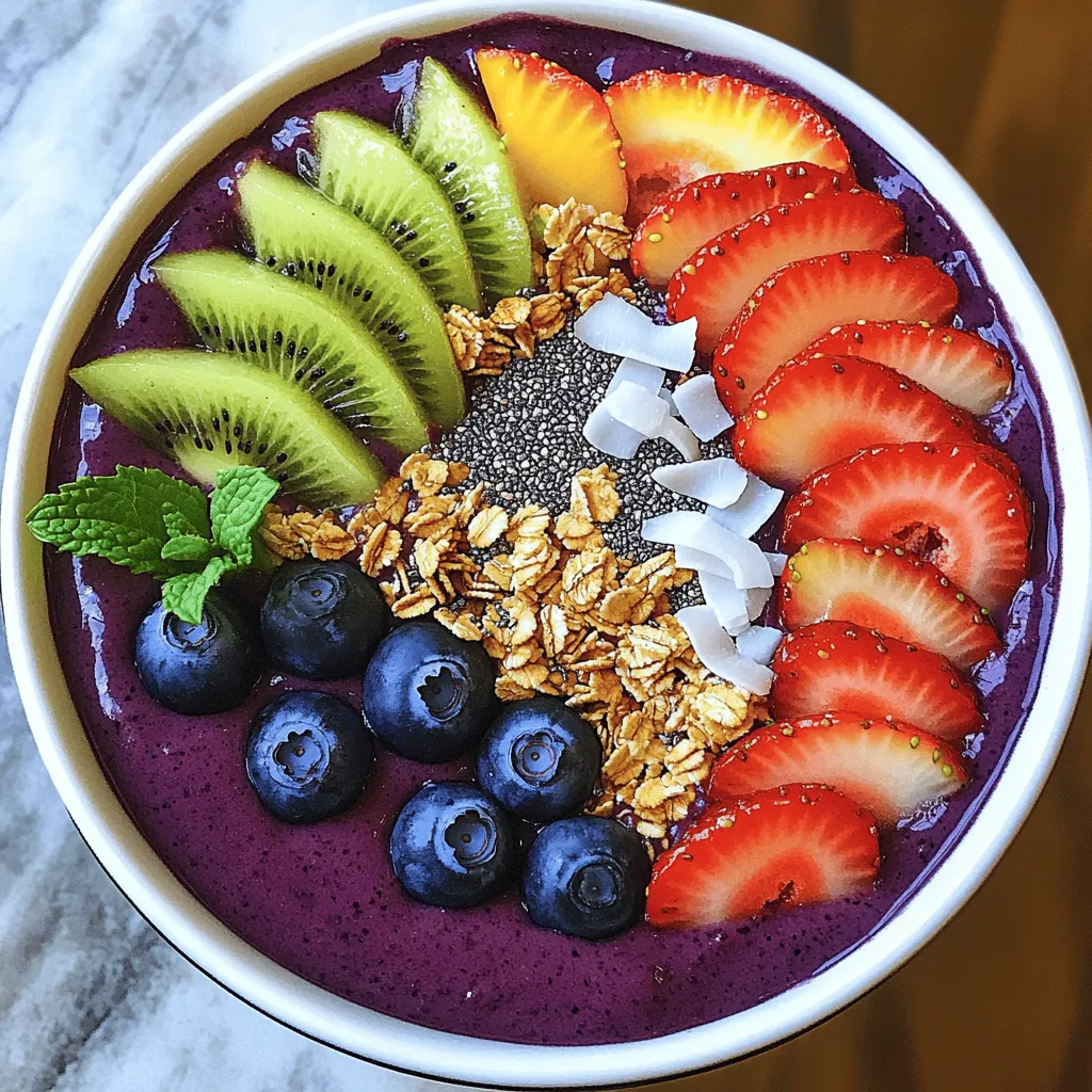 - 2 packets frozen acai puree - 1 ripe banana - 1 cup unsweetened almond milk - 1 tablespoon almond butter - Sweetener (honey or agave syrup) To make the acai smoothie bowl, start with quality ingredients. Frozen acai puree gives a rich taste and vibrant color. A ripe banana adds natural sweetness and creaminess. Almond milk serves as a smooth base, but you can use any milk you like. Almond butter adds a nice nutty flavor. You can choose your sweetener based on your taste. - 1/2 cup granola - 1/4 cup shredded coconut - Fresh fruits (strawberries, blueberries, kiwi, mango) - Chia seeds and mint leaves For the toppings, granola provides a crunchy texture. Shredded coconut adds a tropical twist. Fresh fruits not only look great but also boost flavor and nutrients. You can mix and match fruits based on what you love. Chia seeds give a nice crunch and healthy benefits. Mint leaves add freshness and a pop of color. This recipe is flexible. You can use the [Full Recipe] to explore all the delicious options for your acai smoothie bowl. Enjoy creating your energizing and healthy delight! 1. First, gather your ingredients. You need frozen acai, a ripe banana, almond milk, almond butter, and a sweetener. 2. Next, place the frozen acai, sliced banana, almond milk, almond butter, and your choice of sweetener into a blender. 3. Blend these ingredients until smooth and creamy. If it's too thick, add more almond milk. 4. Taste the mixture and adjust the sweetness if needed. Add more honey or agave syrup for a sweeter flavor. 1. Pour the blended acai mixture into a bowl. 2. Now, it's time to add your toppings. Arrange granola, fresh fruits, and shredded coconut on top. 3. For a finishing touch, sprinkle chia seeds over the bowl. 4. Finally, garnish with fresh mint leaves to add a pop of color and freshness. You can find the full recipe for the Acai Bliss Smoothie Bowl at the end of the article. Enjoy your vibrant and energizing delight! To make your acai smoothie bowl smooth, start with the right amount of almond milk. Use one cup, but you can add more if it is too thick. This helps blend the frozen acai and banana well. When you use frozen ingredients, blend in small bursts. This prevents the blender from getting stuck. If you notice lumps, stop and stir the mixture. Keep blending until it’s creamy and smooth. You can boost the flavor and health benefits of your smoothie bowl easily. Try adding a scoop of protein powder or a handful of fresh spinach. Both options mix well and add extra nutrients. For sweeteners, consider using maple syrup or coconut sugar instead of honey. This gives you a chance to switch up the taste. Each choice brings a unique flavor to your acai bowl. {{image_2}} You can switch up the fruits in your acai smoothie bowl. A tropical version adds fun and flavor. Use mango, pineapple, and banana. This mix creates a sweet and refreshing taste. Another option is the berry medley. Combine strawberries, blueberries, and raspberries. These berries pack a punch of color and vitamins. Each bite bursts with juicy goodness. Feel free to mix and match your favorites! Change your toppings for new textures and flavors. Nut butter is a great choice. Almond, peanut, or cashew butter all work well. They add richness and creaminess to your bowl. Seeds and nuts offer a nice crunch. Try chia seeds, pumpkin seeds, or walnuts. These add healthy fats and protein. Plus, they make your bowl more filling. Adding different toppings keeps things interesting and fun! For the full recipe, check out the Acai Bliss Smoothie Bowl. Enjoy the journey of creating your perfect bowl! To keep your acai smoothie bowl fresh, refrigerate any leftovers right away. Place the bowl in an airtight container. This helps to keep the air out and maintain the taste. Use a glass or plastic container that seals tightly. If you store it properly, your smoothie bowl can last up to two days in the fridge. You can freeze the smoothie base for later use. Pour the leftover smoothie into ice cube trays or freezer-safe bags. This way, you can enjoy it later. To thaw, simply remove the cubes or bags and let them sit at room temperature for about 30 minutes. You can also microwave them for a quick thaw. Just make sure to stir well before serving. An acai smoothie bowl is a thick blend of acai berries, bananas, and milk. It often features toppings like fruits, granola, and seeds. This dish is popular for breakfast or as a snack. The vibrant color and fresh taste make it appealing. It’s healthy, refreshing, and full of nutrients. Many people love it because it looks great and tastes even better. Yes, you can make acai bowls without frozen acai. You can use acai powder instead. Mix the powder with yogurt or milk for a creamy base. Some people use other berries like blueberries or strawberries. This way, you can still enjoy a tasty bowl without acai. Just blend your chosen fruit with milk and add your favorite toppings. Acai berries are rich in antioxidants, vitamins, and minerals. They help fight inflammation and boost heart health. Acai also contains healthy fats that support brain function. One serving has fiber that aids digestion and keeps you full. Eating acai can improve your skin and give you energy. It’s a smart choice for a healthy diet. You can find acai products at most grocery stores. Look in the frozen foods section for acai puree. Health food stores often carry acai powder. Many online shops offer these products as well. Brands like Sambazon and Açaí Roots are popular and trusted. Always check for organic options for better quality. You can easily adjust the acai bowl recipe for dietary needs. To make it vegan, just use plant-based milk and skip honey. For gluten-free, ensure your granola is labeled gluten-free. If you need nut-free, swap almond butter for sunflower seed butter. You can still enjoy a delicious acai bowl while meeting your dietary requirements. Acai Bliss Smoothie Bowl 🥥 Recipe Details You learned how to make a tasty acai smoothie bowl. We covered the main ingredients, like frozen acai puree and banana, and showed you the best toppings. I provided step-by-step instructions for blending and serving. We talked about tips for the perfect consistency and added nutrition. If you want to get creative, try different fruits or toppings. Store any leftovers properly or even freeze them for later. Enjoy the health benefits of acai while making it your own. Dive into this delicious treat today!