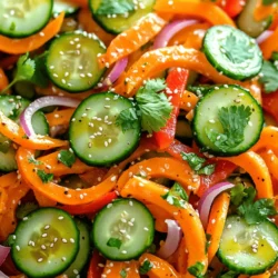 - 2 large carrots, julienned - 1 medium cucumber, thinly sliced - 1 red bell pepper, thinly sliced - 1/4 cup red onion, thinly sliced - 1/4 cup fresh cilantro, chopped - 3 tablespoons rice vinegar - 2 tablespoons sesame oil - 1 tablespoon honey or maple syrup - 1 teaspoon grated fresh ginger - Salt and pepper to taste - Toasted sesame seeds In this fresh and flavorful carrot cucumber salad, you will need simple, bright ingredients. Fresh vegetables keep the dish light and vibrant. Start with the carrots; julienne them to create thin, matchstick pieces. This way, they mix well with other veggies. Then, take a medium cucumber, slice it thinly, and cut those slices into half-moons. This adds a fun shape and crunch to your salad. Next, slice a red bell pepper into thin strips. Its sweetness pairs perfectly with the other flavors. Add a quarter cup of red onion, sliced thin, for a bit of bite. The last fresh item is cilantro. Chop up a quarter cup to bring in a fresh, herbal note. Now for the dressing, which ties everything together. Grab three tablespoons of rice vinegar. It adds a tangy flavor that brightens your salad. Next, add two tablespoons of sesame oil for a nutty, rich taste. For sweetness, toss in a tablespoon of honey or maple syrup. A teaspoon of grated fresh ginger gives it a spicy kick. Finally, season with salt and pepper to taste. To finish, sprinkle toasted sesame seeds on top. These seeds add a lovely crunch. This salad is refreshing and perfect for warm days. For the complete recipe, check out the Full Recipe section. To start, peel the carrots. Then, julienne them into thin strips. Next, grab your cucumber. Slice it into thin rounds and cut those slices in half to create half-moons. Now, take the red bell pepper and slice it thinly. Lastly, thinly slice the red onion. These fresh veggies will give your salad a great crunch and flavor. In a large mixing bowl, combine the julienned carrots, cucumber, bell pepper, red onion, and chopped cilantro. The colors will look vibrant and inviting! Now, let's make the dressing. In a small bowl, whisk together the rice vinegar, sesame oil, honey or maple syrup, and grated ginger. Mix until everything is well combined. This dressing adds a sweet and tangy taste to the salad. Pour the dressing over the salad mix. Gently toss the salad to coat all the vegetables evenly. Be careful not to crush them; you want to keep that crunch! Taste the salad and season it with salt and pepper to your liking. Let it sit for about 10 minutes. This resting time helps the flavors meld together and makes the salad even tastier. Just before serving, sprinkle toasted sesame seeds on top for an extra crunch. Enjoy your fresh and flavorful carrot cucumber salad! For the full recipe, check out the details provided above. To make your carrot cucumber salad really shine, let it rest for a bit. This helps the flavors mix well. I suggest waiting about 10 minutes before serving. You can also tweak the dressing to fit your taste. If you like it sweeter, add more honey or syrup. If you prefer it tangy, increase the rice vinegar. How you present your salad matters. Use colorful bowls to make your dish pop. Clear bowls show off the bright colors of the carrots and cucumbers. You can also layer the salad in jars for a fun look. It’s a great way to serve at parties or picnics. Having the right tools makes prep easier and faster. A good knife is key for cutting. But if you want to save time, a mandoline is your best friend. It slices veggies evenly and quickly. This tool helps you get perfect, thin slices of cucumber and carrots. {{image_2}} You can make this salad heartier by adding protein. Grilled chicken works well, offering great flavor and texture. If you prefer a vegetarian option, try adding tofu. Simply cube the tofu and sauté it until golden brown. This adds a nice crunch and extra protein to your meal. While the original dressing is tasty, you can switch it up. Try tahini for a rich, nutty flavor. Yogurt also makes for a creamy dressing that pairs well with the crunch of the salad. Consider adding garlic or lemon juice for a refreshing twist. Mixing different flavors can enhance your salad experience. Seasonal changes can inspire new flavors. In summer, add fresh corn or cherry tomatoes for sweetness. In fall, try adding apples or pears for a juicy crunch. You can also swap in other crunchy vegetables like radishes or bell peppers. This keeps the salad fresh and exciting all year long. To keep your carrot cucumber salad fresh, store it in an airtight container. Glass or plastic containers work well. Make sure to remove as much air as possible before sealing the lid. This helps keep the salad crisp and tasty. If you can, store the dressing separately. Add it just before you eat to maintain the crunchiness of the veggies. You can keep the salad in the fridge for about 2 to 3 days. After that, the veggies may lose their crunch and flavor. Signs of spoilage include a mushy texture, off smell, or discoloration. If you notice these signs, it’s best to toss the salad. Freezing is not the best choice for this salad. If you want to freeze components, do it separately. You can freeze grated carrots but avoid freezing cucumbers. Cucumbers hold a lot of water and become mushy when thawed. Instead, prepare fresh cucumbers when you're ready to enjoy your salad again. Yes, you can make this salad ahead of time. Here are some tips: - Prep veggies early: Cut the carrots and cucumber a few hours before serving. - Store separately: Keep the dressing in a jar until you are ready to mix. - Chill for freshness: Refrigerate the salad and dressing for the best taste. - Mix before serving: Combine everything just before you eat for maximum crunch. Carrots and cucumbers pack a nutritious punch. Here are some highlights: - Carrots: High in vitamin A, great for vision and skin. They also have fiber, which helps digestion. - Cucumbers: Low in calories and high in water, keeping you hydrated. They provide vitamin K, important for bone health. - Combined benefits: Together, they give you a refreshing, crunchy snack that supports a healthy diet. Absolutely! This salad is very flexible. Here are some ideas: - Add protein: Toss in grilled chicken or chickpeas for a hearty meal. - Mix in herbs: Try mint or parsley for different flavors. - Change the dressing: Use yogurt, tahini, or a zesty lime dressing for a twist. - Seasonal veggies: Swap in bell peppers or radishes based on what’s fresh. Remember, you can find the full recipe to guide you through these variations. This salad combines fresh veggies, a tasty dressing, and easy steps. You learned how to prepare the ingredients, mix everything, and add proteins or different dressings. Remember, letting it sit boosts the flavor. Store leftovers well to keep them fresh. Feel free to change ingredients based on what's in season. With these tips, creating a vibrant salad is simple. Enjoy your healthy dish and make it your own!