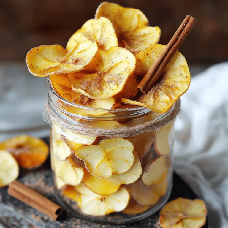 - Apples: I love using Fuji or Honeycrisp apples. Both are sweet and crisp. They hold up well during baking and taste great with cinnamon. You can also try Granny Smith for a tart flavor. - Ground Cinnamon and Granulated Sugar: These two ingredients bring warmth and sweetness. Cinnamon adds a cozy taste, while sugar gives a nice crunch. You can adjust the sugar amount to your liking. - Optional Additives: Adding a teaspoon of vanilla extract makes the chips extra special. A pinch of salt helps balance the sweetness. These additions can take your apple chips to the next level. - Mandoline Slicer or Sharp Knife: A mandoline makes slicing apples quick and easy. If you don’t have one, a sharp knife works just fine. Just be careful with your fingers! - Baking Sheet and Parchment Paper: Line your baking sheet with parchment paper. This keeps the chips from sticking and makes cleanup easier. - Key Nutritional Benefits of Apples: Apples are full of vitamins and fiber. They help keep you full and are low in calories. Eating apples can support heart health and digestion. - Health Aspects of Cinnamon: Cinnamon has antioxidants and can help lower blood sugar. It also adds flavor without extra calories. This spice is a great choice for a healthy snack. Preheating the Oven Start by preheating your oven to 225°F (110°C). This low temperature helps the apple slices dry out slowly, which is key for achieving that perfect crunch. Washing and Slicing the Apples Next, wash and dry your apples thoroughly. I love using Fuji or Honeycrisp apples for their sweet taste. Use a mandoline slicer or a sharp knife to cut the apples into thin slices, about 1/8 inch thick. Thin slices bake better and get crispier. Combining Dry Ingredients In a small bowl, mix together 1 teaspoon of ground cinnamon, 2 tablespoons of granulated sugar, and a pinch of salt. This blend will give your apple chips that yummy sweet and spicy flavor. Optional Flavor Enhancements If you want to boost the flavor, you can add 1 teaspoon of vanilla extract. Just mix it in with the apple slices before baking. This little extra step makes a big difference. Arranging Apple Slices Lay the apple slices in a single layer on a baking sheet lined with parchment paper. Make sure they don’t overlap. This helps them dry out evenly. Baking Time and Tips for Crispy Chips Bake the slices for 1.5 to 2 hours. Flip them halfway through for even baking. You know they are done when they are dry and crispy. Let them cool for a few minutes on the baking sheet, then move them to a wire rack to cool completely. For more details, check out the Full Recipe. Achieving Optimal Crispiness For the best crunch, slice your apples thin. Aim for about 1/8 inch thick. A mandoline slicer works great for this task. Lay the slices on your baking sheet in a single layer. This helps air circulate around them. Avoiding Overbaking Keep an eye on your chips as they bake. If they start to brown too much, they may become bitter. Bake them at a low temperature, around 225°F (110°C). This slow drying process keeps them crunchy without burning. Creative Presentation Ideas Serve your apple chips in a cute glass jar. This makes them look fun and inviting. You can add a cinnamon stick for a lovely touch. A small bowl also works well for serving. Pairing with Dips or Other Snacks These chips taste great on their own, but you can pair them with dips. Try almond butter or yogurt. They add a nice creaminess. You can also serve them with cheese for a savory twist. Flavor Variations Want to spice things up? You can add chili powder for a kick. Nutmeg also gives a warm flavor that pairs well with cinnamon. Experiment with different spices to find your favorite blend. Sweetener Alternatives If you want a different sweetness, try brown sugar. It has a richer flavor than white sugar. Honey is another option for a natural sweetener. Just drizzle it on before baking, and you’ll enjoy a tasty twist. For the full recipe, check out the [Full Recipe] section. {{image_2}} You can change the flavor of your cinnamon sugar apple chips in fun ways. Try adding seasonal spices like pumpkin spice or clove for a cozy twist. These spices bring out the warmth of the apples. If you want something different, mix sweet and savory flavors. Drizzle a little maple syrup on the chips or pair them with cheese for a unique snack. Choosing the right apple makes a big difference. Fuji and Honeycrisp are great for sweetness. Granny Smith apples add a nice tang. Each apple type will change the flavor and texture of your chips. Sweeter apples produce a softer chew. Tart apples give a crisp bite. Experiment with different apples to find your favorite. If you want to skip making your own, many brands sell cinnamon sugar apple chips. Look for brands like Bare Snacks or Simply 7. Check the nutritional values listed on the back. Some brands may have added sugars or preservatives. Always read the labels to find the healthiest choice. To keep your cinnamon sugar apple chips fresh, use an airtight container. Glass jars work great. You can also use plastic containers with tight lids. This keeps air out and helps them last longer. Store the chips in a cool, dry place. Avoid leaving them in humid areas. Humidity makes chips soggy and less tasty. You can enjoy your homemade apple chips for about one week. They taste best within the first few days after baking. After that, they may lose some crunch. Look for signs of spoilage. If your chips feel soft or have an off smell, it's time to toss them. If your apple chips lose their crunch, don't worry! You can recrisp them. Place the chips in an oven set at 250°F (120°C) for about 10 minutes. This brings back their crispiness. You can also use a microwave. Heat them in short bursts of 20 seconds. Check often to avoid burning. Enjoy your crispy chips again! For the full recipe, check out the details above. You can tell when apple chips are ready by their texture and color. They should feel dry and crisp. If you gently bend a chip, it should break easily. Look for a light golden color on the edges. If they are still soft or chewy, they need more time in the oven. Yes, you can use other fruits! Pineapple and pear work great. Slice them thinly, just like the apples. Each fruit will bring its own unique taste. Try different spices to match the flavors of other fruits. Absolutely! Here’s how you can do it: 1. Slice the fruit thinly using a mandoline or knife. 2. Mix the cinnamon and sugar in a bowl. 3. Sprinkle the mixture on the fruit slices. 4. Place the slices in a single layer in the dehydrator. 5. Set the dehydrator to 135°F (57°C) and dry for about 6-8 hours. Check the chips every hour until they reach the desired crispness. You can find cinnamon sugar apple chips at stores like Whole Foods or Trader Joe's. They also sell online. Look for brands like Bare or Simply 7. Always check the nutrition label to pick the best option. If you prefer making them at home, check the Full Recipe for a simple guide! In this post, we explored how to make delicious cinnamon sugar apple chips. We discussed key ingredients, including apple types and optional spices. I shared easy steps for preparation, mixing, and baking. You learned tips for crispiness and creative serving ideas. Finally, we covered storage and reheating methods. Now, you're ready to create your own tasty snacks. Enjoy experimenting with flavors and sharing them with friends! These apple chips are a fun and healthy choice for everyone.