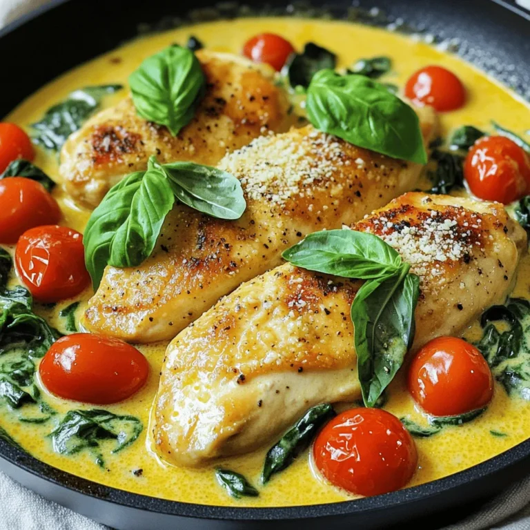 - 4 boneless, skinless chicken breasts - 1 cup cherry tomatoes, halved - 1 cup fresh spinach The chicken breasts form the base of this dish. They cook quickly and soak up all the flavors. The cherry tomatoes add sweetness, while fresh spinach brings a nice pop of green. You can also use sun-dried tomatoes for extra flavor. - 2 tablespoons olive oil - 3 cloves garlic, minced - 1 cup heavy cream Olive oil helps cook the chicken perfectly. Garlic adds a lovely aroma and flavor. Heavy cream gives the sauce its rich, creamy texture. These pantry staples make this dish feel luxurious. - Salt and pepper, to taste - 1 teaspoon Italian seasoning - ½ cup grated Parmesan cheese - Fresh basil, for garnish Salt and pepper enhance all the flavors. Italian seasoning adds a blend of herbs that makes everything taste better. Parmesan cheese thickens the sauce and adds depth. Lastly, fresh basil brightens the dish and makes it look beautiful. For the Full Recipe, check out the detailed step-by-step instructions. You’ll want to have all these ingredients ready for a quick and tasty meal! First, heat the olive oil in a large skillet over medium-high heat. While the oil gets hot, season the chicken breasts with salt and pepper. Make sure to coat both sides well. Once the skillet is hot, add the chicken breasts. Cook them for about 6 to 7 minutes on each side. You want them to turn a nice golden brown. This step locks in the juices and flavor. When the chicken is fully cooked, remove it from the skillet and set it aside. In the same skillet, add the minced garlic. Sauté it for about 30 seconds until it smells great. Next, toss in the halved cherry tomatoes. Cook them for an additional 2 to 3 minutes. You want them to soften a bit. Then, add the fresh spinach. Stir it in until it wilts down. This adds a nice color and rich flavor to your dish. Now, pour in the heavy cream while you stir. Add the grated Parmesan cheese and Italian seasoning. Let the sauce cook for 2 to 3 minutes. This helps it thicken up nicely. Now, it's time to combine everything. Return the golden chicken breasts to the skillet. Spoon the creamy sauce over them. Let it all simmer for 2 more minutes. This brings the flavors together. Finally, taste the sauce and adjust the seasoning with salt and pepper if needed. You want it to be just right! For the full recipe, refer to the previous section. Enjoy your meal! To ensure juicy chicken, start with quality chicken breasts. Use boneless, skinless parts for a quick cook. Season them well with salt and pepper. Cook them in a hot skillet for about 6-7 minutes on each side. Look for a golden-brown crust. This adds flavor and keeps the juices locked in. Always let the chicken rest for a few minutes before slicing. For properly thickening the sauce, keep an eye on the heavy cream. When you add it to the skillet, stir it well with the other ingredients. The key is to simmer it gently. This helps the sauce thicken without curdling. Add the Parmesan cheese slowly, stirring as it melts. If you want alternatives for heavy cream, consider using half-and-half or coconut cream. Both options create a creamy texture. You can also use Greek yogurt for a lighter version, but add it at the end to avoid curdling. Using fresh versus dried herbs can make a big difference. Fresh herbs, like basil, add a vibrant flavor. Use them at the end for best results. Dried herbs, like Italian seasoning, work well in the cooking process. Just remember that a little goes a long way. Enhancing presentation and flavor is easy with a few simple touches. Fresh basil leaves add color and a lovely aroma. Consider adding a sprinkle of extra Parmesan on top for a cheesy finish. For pairing suggestions, serve this dish with a side of garlic bread or a light salad. Both options balance the richness of the creamy sauce. You can also try a glass of white wine, like Chardonnay, which complements the flavors beautifully. For the full recipe, please see the Full Recipe section. {{image_2}} You can switch chicken for shrimp or tofu. Shrimp cooks fast, so sauté it for just 3-4 minutes. Tofu needs a bit longer, around 8-10 minutes, to get crispy. Choose firm tofu and press it first. This change keeps the dish tasty and fun. To boost flavor, add spices or change up the veggies. Try red pepper flakes for heat or Italian herbs for more taste. You can toss in bell peppers or zucchini. For a spicier twist, add jalapeños or hot sauce. These changes make the dish exciting and unique. If you need gluten-free or dairy-free options, it's easy to adapt the recipe. For gluten-free, ensure your cream and seasonings are safe. For dairy-free, swap heavy cream for coconut milk or a nut-based cream. Nutritional yeast can replace Parmesan cheese for a cheesy feel. These swaps keep the dish healthy and friendly for everyone. For the full recipe, check out the Creamy Tuscan Chicken Skillet. After enjoying Creamy Tuscan Chicken, you may want to save leftovers. To refrigerate, place the chicken in an airtight container. This keeps the dish fresh. You can store it in the fridge for up to three days. If you want to keep it longer, freezing is a great option. To freeze the dish, let it cool first. Once cool, place it in a freezer-safe bag or container. Make sure to remove as much air as possible. This helps prevent freezer burn. Creamy Tuscan Chicken can stay good in the freezer for up to three months. When you’re ready to eat, thaw it overnight in the fridge. To reheat, use a skillet over low heat. This helps keep the creaminess. Stir often to avoid sticking. You can also add a splash of cream or chicken broth to make it saucy again. Avoid using high heat, as it may overcook the chicken. Enjoy! Making Creamy Tuscan Chicken Skillet is quick and easy. It takes about 10 minutes to prep and 20 minutes to cook. In total, you can have this tasty meal ready in just 30 minutes. It’s perfect for a busy weeknight dinner or a special weekend treat. Yes, you can prepare this dish ahead of time. Cook the chicken and sauce but store them separately. Keep the chicken in an airtight container in the fridge for 3-4 days. The sauce can stay fresh in the fridge for about 2-3 days. Reheat them together on the stove when you are ready to serve. This dish pairs well with many sides. Here are some great options: - Steamed rice - Mashed potatoes - Pasta - Garlic bread - A fresh garden salad These sides will enhance your meal and add to the flavor. You can find the full recipe for Creamy Tuscan Chicken Skillet to enjoy this dish today! This blog post shared a simple and tasty recipe for Creamy Tuscan Chicken Skillet. We covered the main ingredients like chicken, sun-dried tomatoes, and spinach. You learned step-by-step cooking tips and variations for different diets. Remember to refrigerate leftovers properly and reheat carefully. With these tips and ideas, you can enjoy a delicious meal anytime. Try the recipe, and let your taste buds explore new flavors!