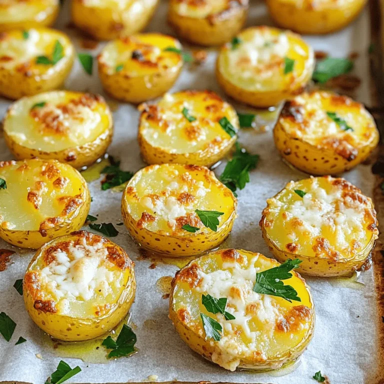 To make crispy garlic Parmesan potatoes, you need: - 2 pounds baby potatoes, halved - 4 tablespoons olive oil - 4 cloves garlic, minced - 1 teaspoon garlic powder - 1 teaspoon onion powder - 1 teaspoon paprika - ½ teaspoon dried thyme - ½ teaspoon salt - ½ teaspoon black pepper - ½ cup grated Parmesan cheese - Fresh parsley, chopped (for garnish) When measuring, it's best to use a kitchen scale for the potatoes. This gives you exact amounts. For the olive oil, use a tablespoon measure for accuracy. A garlic press works well for mincing garlic. If you don’t have one, chop it finely with a knife. Each teaspoon of spices should be leveled off for precise flavor. If you don’t have baby potatoes, you can use regular potatoes. Cut them into smaller pieces. For olive oil, feel free to use canola or avocado oil. If you need a dairy-free option, try nutritional yeast instead of Parmesan cheese. You can also switch garlic powder for more fresh garlic if you like a stronger flavor. Fresh herbs, like rosemary or thyme, can replace dried thyme for more aroma. Explore the [Full Recipe](#) for more insights on cooking tips! First, gather your baby potatoes. I like to use 2 pounds of them. Halve each potato to help them cook evenly. This step is important for crispiness. Next, preheat your oven to 425°F (220°C). Line your baking sheet with parchment paper. This makes cleanup easier and helps the potatoes crisp up well. In a large bowl, pour in 4 tablespoons of olive oil. Then, add 4 cloves of minced garlic for a strong flavor. Next, include 1 teaspoon each of garlic powder, onion powder, and paprika. These spices add depth to the dish. Add ½ teaspoon each of dried thyme, salt, and black pepper for balance. Mix well to create a tasty blend. Now, toss the halved potatoes in the garlic oil mixture. Ensure each potato is coated well. Spread them in a single layer on the baking sheet, cut side down. This helps them get crispy. Roast in the oven for about 25-30 minutes. Flip the potatoes halfway through to ensure even cooking. When they are golden and tender, take them out. Sprinkle ½ cup of grated Parmesan cheese on top. Return the potatoes to the oven for 5 more minutes. This melts the cheese and gives it a nice crunch. Finally, let them cool for a few minutes. Garnish with fresh parsley before serving. Enjoy your crispy garlic Parmesan potatoes! For the full recipe, check out the earlier section. To get that crispy texture, start with the right potatoes. Baby potatoes work best. They have a thin skin that crisps up nicely. Halve them to increase the surface area for roasting. This allows more edges to turn golden brown. Make sure to coat the potatoes evenly in oil. Use enough olive oil to help them crisp. Spread them out in a single layer on your baking sheet. Crowding them can lead to steaming instead of roasting. Flip the potatoes halfway through cooking for even crispiness. Flavor comes from the right blend of seasonings. I like to mix garlic, onion powder, and paprika. This blend gives great depth. The garlic adds a nice punch. The paprika gives a bit of smokiness. Roasting at a high temperature is key. Set your oven to 425°F (220°C). This helps the potatoes cook quickly. It also ensures they become tender inside while getting crispy outside. Want to amp up the flavor? Consider adding more ingredients. Fresh herbs like rosemary or thyme can add a nice touch. You can mix them in with the garlic oil. If you love cheese, try different types. Cheddar or feta can bring a new taste. For a spicy kick, add chili flakes. Just a pinch can make a big difference. You can find the full recipe to make these delicious Crispy Garlic Parmesan Potatoes and explore more fun ideas! {{image_2}} You can change the cheese for a new taste. Instead of Parmesan, try cheddar. It gives a nice sharp flavor. You can also use feta for a tangy twist. Crumbled goat cheese adds creaminess. Each cheese offers a unique touch to your crispy garlic parmesan potatoes. Herbs can boost the flavor of your dish. Try adding fresh rosemary or thyme. These herbs bring a delightful aroma. You can also use dried herbs if fresh is not available. Mixing in some Italian seasoning can enhance the overall taste. Experiment with your favorite herbs to find what you love. Want some heat? Add chili flakes to your garlic mix. Start with a small amount and add more if you like it spicy. You can also toss in some cayenne pepper for an extra kick. A dash of hot sauce before serving can also spice things up. Adjust the heat to match your taste buds. For the full recipe, check out the original instructions above! To store leftover potatoes, let them cool first. Place them in an airtight container. Seal it well to keep them fresh. Store them in the fridge for up to three days. This helps maintain their flavor and texture. When you're ready to eat the leftovers, preheat your oven to 350°F (175°C). Spread the potatoes on a baking sheet. Heat them for about 10-15 minutes. This will help restore their crispiness. You can also use a microwave. Just remember, they might not be as crispy. Freezing these potatoes is easy. First, allow them to cool completely. Then, place them in a freezer-safe bag. Remove as much air as possible before sealing. They can stay in the freezer for up to three months. To enjoy, thaw in the fridge overnight and reheat in the oven. This way, you will still have a tasty treat later! For the full recipe, check the earlier section. Yes, you can use regular potatoes. Just cut them into small, even pieces. This helps them cook the same as baby potatoes. Aim for about the same size as halved baby potatoes. This will help with even cooking and crispiness. To make this recipe vegan, simply skip the Parmesan cheese. You can use nutritional yeast instead for a cheesy flavor. It gives a nice taste and keeps the dish plant-based. You could also try vegan cheese if you prefer a melted texture. To ensure even cooking, cut the potatoes into uniform pieces. This way, they all roast at the same rate. Spread them out on the baking sheet in a single layer. Avoid crowding the pan, as this can lead to steaming instead of roasting. Flipping them halfway through cooking also helps achieve that perfect crisp. For the full recipe, check the detailed steps above. Crispy garlic parmesan potatoes are simple and fun to make. We covered all the key steps, from ingredients to cooking tips. You can swap ingredients or add flavors to suit your taste. Storing and reheating your leftovers keeps them tasty. Remember, the perfect crisp comes from the right techniques. Don’t hesitate to experiment! Creating your own version can bring new joy. Enjoy your cooking and share the results with friends and family.