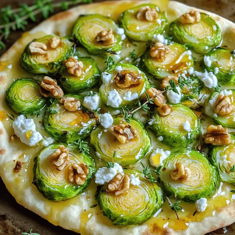 - 1 pre-made flatbread (store-bought or homemade) - 2 cups Brussels sprouts, trimmed and thinly sliced - 1 tablespoon olive oil - 1 tablespoon pure maple syrup - 1/2 teaspoon garlic powder - 1/2 teaspoon salt - 1/4 teaspoon black pepper - 1 cup ricotta cheese - 1/3 cup walnuts, chopped - 1/4 cup crumbled feta cheese - Fresh thyme leaves, for garnish When making Maple Brussels Sprout Flatbread, you need fresh, simple ingredients. The flatbread serves as a tasty base. You can use store-bought flatbread to save time. If you enjoy baking, make your own for extra flavor. Brussels sprouts are the star of this dish. Their nutty taste pairs well with the sweetness of maple syrup. Trim and slice them thinly for even cooking. Olive oil adds richness, while garlic powder gives depth. Salt and black pepper enhance all the flavors. Ricotta cheese provides a creamy layer. It adds a nice contrast to the crispy sprouts. Walnuts bring a crunchy texture. They also add healthy fats and protein. Feta cheese gives a salty kick that brightens the dish. Don't forget fresh thyme leaves for a pop of color and freshness. - Additional herbs (e.g., rosemary, oregano) - Balsamic glaze for drizzling - Different types of cheese (e.g., goat cheese, mozzarella) You can personalize your flatbread with optional toppings. Fresh herbs like rosemary or oregano can add more flavor. A drizzle of balsamic glaze can bring a sweet tang to the dish. Feel free to swap cheeses for more variety. Goat cheese or mozzarella can be delicious alternatives. - Caloric content per serving - Breakdown of macronutrients - Any notable vitamins or minerals Each serving of this flatbread is not only tasty but also nutritious. It offers a good balance of protein, healthy fats, and fiber. Brussels sprouts are high in vitamins C and K. They also contain antioxidants, which are great for your health. Ricotta cheese adds calcium, while walnuts provide omega-3 fatty acids. This flatbread is a smart choice for a meal that satisfies both the taste buds and the body. For the complete list of ingredients and detailed instructions, check out the Full Recipe. How to properly slice Brussels sprouts Start by trimming the ends of the Brussels sprouts. This removes any tough parts. Then, cut them in half from top to bottom. For a finer texture, slice each half into thin pieces. Aim for slices about 1/4 inch thick. This helps them cook evenly and get crispy. Making your own flatbread vs. buying store-bought You can choose to make your own flatbread, which is fun and simple. Just mix flour, water, and a pinch of salt to form dough. Roll it out and cook it on a hot pan. If you’re short on time, store-bought flatbread works great too. Both options taste delicious with the toppings. Preheating the oven Before you start cooking, preheat your oven to 425°F (220°C). This high heat helps the Brussels sprouts roast well. A hot oven creates crispy edges and brings out their sweet flavor. Cooking time for roasted Brussels sprouts Roast the Brussels sprouts for about 12-15 minutes. Keep an eye on them as they cook. They should become tender and have a nice golden color. If they look a bit charred, that adds extra flavor! How to layer the ingredients on the flatbread After roasting, spread the Brussels sprouts mixture evenly on your flatbread. Make sure to cover the surface well. Next, mix ricotta cheese with a pinch of salt and pepper. Spread this creamy layer over the sprouts. Top with walnuts and feta for a nice crunch and flavor. Importance of baking times for cheese melting Once you add the cheese, return the flatbread to the oven for about 5 minutes. This short bake allows the cheese to warm up and melt slightly. Watch closely to avoid overcooking. You want that creamy texture without drying out the cheese. For the complete details, check the Full Recipe. To boost the taste of your Maple Brussels Sprout Flatbread, consider adding spices. A dash of red pepper flakes brings heat. Dried thyme or oregano can add earthiness. Fresh herbs like basil enhance the dish with bright notes. The grade of maple syrup also impacts flavor. Grade A syrup is lighter and sweeter. Grade B syrup has a stronger, richer taste. Using grade B syrup can add depth to your dish. Crispy Brussels sprouts make a big difference. To get them crispy, slice them thinly. Toss them well with olive oil and seasonings. Spread them out on the flatbread without crowding. This helps them roast evenly. For a golden-brown flatbread, preheat your oven. Bake the flatbread at 425°F (220°C) for the right time. Keep an eye on the color as it cooks. Pair your flatbread with light side dishes. A fresh salad with lemon vinaigrette works well. Roasted vegetables can add a nice touch, too. You can serve this flatbread in many ways. Cut it into small pieces for appetizers. It also makes a great main dish when served whole. Enjoy it for lunch or dinner! For the full recipe, check out the Maple Brussels Sprout Flatbread recipe above. {{image_2}} You can switch up the veggies based on what's in season. For spring, try artichokes or asparagus. In summer, use cherry tomatoes or zucchini. For fall, add roasted sweet potatoes or squash. In winter, kale or root vegetables are great choices. You can also change the flatbread type. Use whole wheat or gluten-free flatbreads. You can even try pita bread or naan for a fun twist. Each option gives a new taste and texture to your meal. If you need a vegan option, swap the ricotta cheese for a nut-based cheese or tofu. You can blend soaked cashews with lemon juice and nutritional yeast for a creamy topping. It’s a great way to keep the flavors rich. For gluten-free needs, you can make your own flatbread with gluten-free flour. There are many recipes online. Look for options that use almond or coconut flour. This way, everyone can enjoy the flatbread. Want more protein? Add cooked chicken or crispy bacon to the flatbread. These toppings give a hearty feel. You can cook the chicken with herbs for extra taste. Bacon adds a nice crunch and saltiness. If you like heat, try adding red pepper flakes or a spicy sauce. Sriracha or hot honey works well. A touch of spice can balance the sweet maple flavor. It creates a great contrast that excites the palate. For the full recipe, check out the Maple Brussels Sprout Flatbread recipe. To store leftovers, let the flatbread cool down. Place it in an airtight container. This keeps it fresh and tasty. The flatbread lasts about 3-4 days in the fridge. Check for any signs of spoilage before eating. For freezing, wrap the flatbread tightly in plastic wrap. Then, put it in a freezer bag. This helps prevent freezer burn. The flatbread can stay frozen for up to 2 months. When you want to eat it, take it out and thaw it in the fridge overnight. To reheat, place it back in a preheated oven at 350°F (175°C) for about 10-15 minutes. To reheat for quality, use the oven. This brings back the crispiness. You can also sprinkle a little olive oil before reheating for added moisture. If you want to add freshness, top it with fresh herbs or a drizzle of maple syrup before serving. This will make the flatbread taste like it was just made. Enjoy your Maple Brussels Sprout Flatbread even after storage! You can find the Full Recipe for more details. Yes, you can use frozen Brussels sprouts. However, they may not taste as fresh. Frozen sprouts often have extra water. This can make your flatbread soggy. If you use frozen sprouts, thaw them first. Pat them dry with a towel. This helps keep the flatbread crispy. Fresh Brussels sprouts are best for flavor and texture. To make your flatbread more filling, try adding proteins. Grilled chicken or turkey would work well. You can also add beans for a plant-based option. Quinoa or brown rice can give it a hearty touch. These extra ingredients will keep you satisfied longer. If you need a ricotta substitute, try cottage cheese. It has a similar texture and taste. For a non-dairy option, use cashew cheese. You can also blend silken tofu with a bit of lemon juice. This will mimic ricotta's taste well. The flatbread can last up to three days in the fridge. Make sure to cover it tightly. This keeps it fresh and safe to eat. If you see any signs of spoilage, toss it out. Reheat it in the oven for the best texture. Enjoy your flatbread warm! This blog post covered a delicious flatbread topped with Brussels sprouts, ricotta, and walnuts. We explored the essential ingredients and their nutritional benefits, discussed a step-by-step cooking process, and shared helpful tips for flavor and texture. You can adapt this recipe for seasonal veggies and dietary needs, making it versatile. Enjoying leftovers is easy with proper storage and reheating tips. This flatbread makes a perfect dish for any occasion, and I hope you create a tasty version that you love.